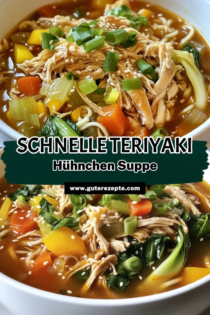 Entdecken Sie unser köstliches Rezept für Teriyaki Hühnchensuppe, das Sie mit asiatischen Aromen verzaubert! Diese Hühnersuppen Rezept kombiniert zarte Hähnchenbrust mit würzigen Reisnudeln und frischem Gemüse zu einer perfekten warmen Mahlzeit. Ideal für kalte Tage, bringt unser Teriyaki Hähnchen Rezept Genuss und Komfort auf Ihren Tisch. Probieren Sie es aus und lassen Sie sich inspirieren! Speichern Sie das Rezept! #TeriyakiHühnchensuppe #ReisnudelnRezept #AsiatischeSuppe #HühnersuppenRezept