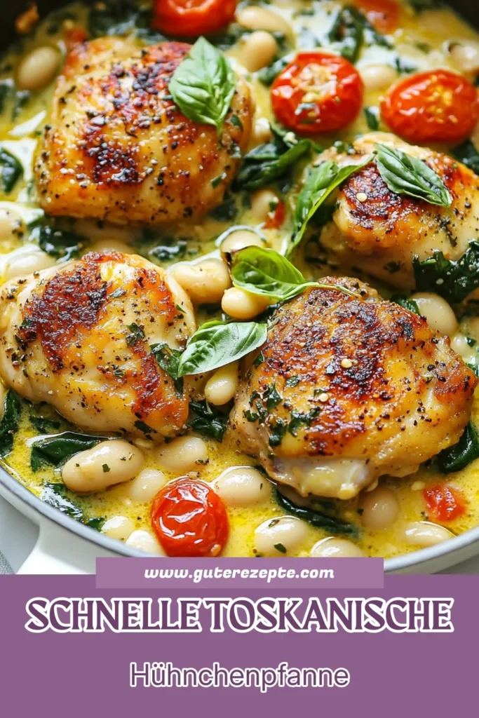 Entdecken Sie dieses köstliche Rezept für eine Toskanische Hühnchenpfanne mit weißen Bohnen! Gesunde Hühnchenpfanne trifft auf italienisches Gericht mit Spinat, perfekt für jede Gelegenheit. Ein einfaches Rezept Hühnchen, das in nur 30 Minuten zubereitet ist. Verwöhnen Sie Ihre Familie mit diesem herzhaften Gericht. Jetzt ausprobieren und speichern! #ToskanischeHühnchenpfanne #HühnchenMitWeißenBohnen #EinfachesRezept #GesundeHühnchenpfanne