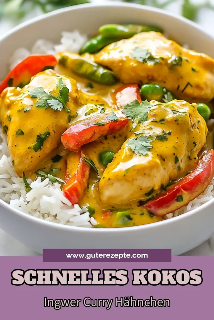Entdecke dieses köstliche Kokosnuss Ingwer Curry Hähnchen, das nicht nur einfach zuzubereiten ist, sondern auch gesundes Hähnchen Curry für die ganze Familie bietet. Mit schneller Curryrezepte kannst du in nur 30 Minuten ein wunderbares Gericht zaubern. Dieses einfache asiatische Rezept mit curry mit Kokosmilch ist perfekt für eine schnelle Mahlzeit. Speichere es dir für dein nächstes Dinner! #KokosnussIngwerCurry #schnelleCurryrezepte #gesundesHähnchenCurry #einfacheasiatischeRezepte