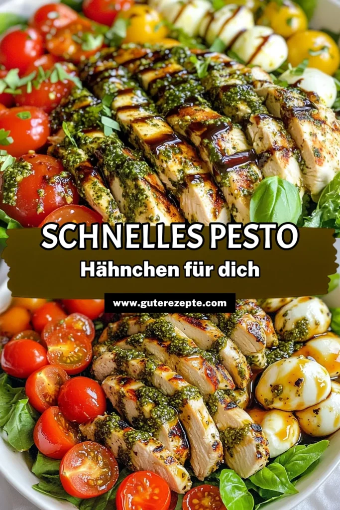 Entdecken Sie unser einfaches und gesundes Hähnchengericht mit diesem Pesto Hähnchen Rezept! Diese köstliche Caprese Salat einfach kombiniert zartes Hähnchen, frische Cherrytomaten und cremigen Mozzarella. Perfekt für Grillrezepte mit Hähnchen und ein Highlight unter italienischen Salatrezepte. Bereiten Sie Ihre Familie mit diesem schnellen Rezept eine Freude. Speichern Sie es für später! #PestoHähnchen #CapreseSalat #GesundeRezepte #GrillenMitHähnchen