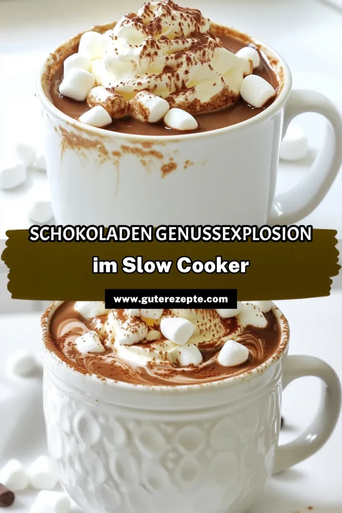 Entdecken Sie das Rezept für decadente Schokoladen-Hot Chocolate aus dem Slow Cooker! Mit Vollmilch, Schlagsahne und köstlichen Schokoladenstückchen ist dieser Genuss perfekt für kalte Tage. In nur wenigen Minuten zubereitet und in ein paar Stunden perfekt durchgezogen. Verleihen Sie mit Sahne und Mini-Marshmallows das gewisse Etwas. Klicken Sie jetzt, um dieses herrliche Rezept zu erkunden! #Schokoladenliebe #SlowCookerRezepte #HeißerSchokolade #Schokoladengenuss