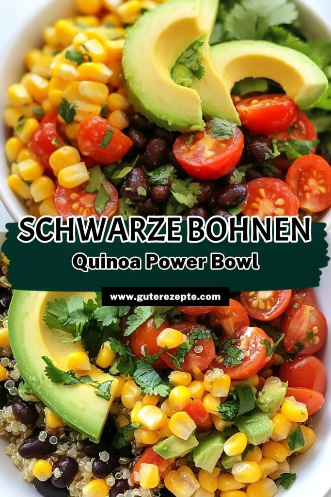 Entdecke das leckere Schwarze Bohnen Quinoa Rezept mit dieser gesunden mexikanischen Bowl! Diese vegane Quinoa Schüssel, gefüllt mit Quinoa, schwarzen Bohnen, frischem Gemüse und gewürzter Avocado, ist perfekt für ein nahrhaftes Mittagessen oder Abendessen. Lass dich von der Süßwestlichen Quinoa Bowl begeistern! Probiere es aus und teile deine Kreationen! #VeganeRezepte #GesundeEssen #QuinoaLover #Kochinspiration