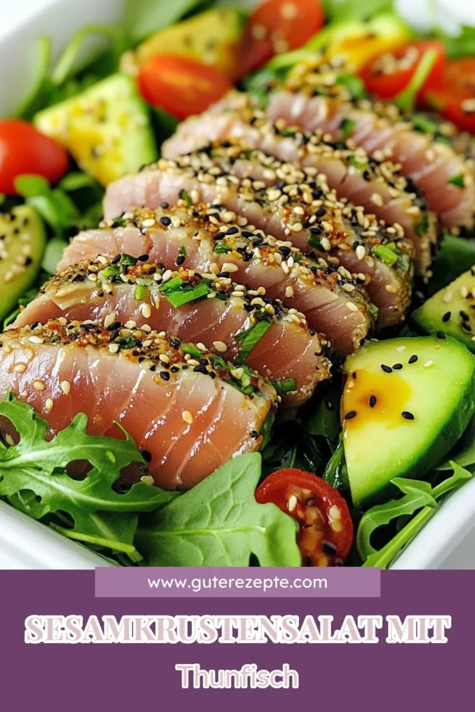 Entdecken Sie unser köstliches Thunfischsalat Rezept: Sesamkrustensalat mit frischen Thunfischsteaks! Dieser gesunde Salat mit Thunfisch vereint Aromen und Nährstoffe in einem asiatischen Salat mit Sesam. Perfekt zum Mittagessen oder Abendessen! Bereiten Sie Thunfischsteaks ganz einfach zu und genießen Sie dieses schmackhafte Gericht. Speichern Sie das Rezept und überraschen Sie Ihre Liebsten! #Thunfischsalat #GesunderSalat #AsiatischerSalat #Sesamkrustensalat