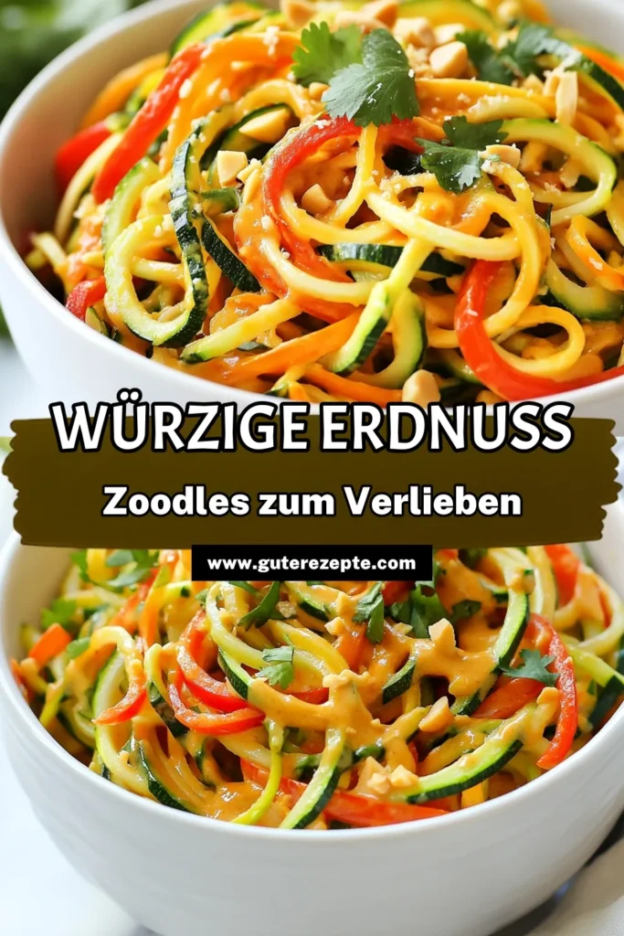 Entdecke das Rezept für Würzige Erdnuss-Zoodles, ein schnelles Thai Gericht, das gesund und lecker ist! Diese Thai Zoodles sind einfach zuzubereiten und eine großartige Alternative zu herkömmlichen Nudeln. Mit frischen Zutaten und cremiger Erdnussbutter wird dieses Erdnussbutter Nudelgericht zum Hit in deiner Küche. Probiere es aus und genieße gesunde Zucchini Rezepte! Teile deine Ergebnisse! #ErdnussZoodles #ThaiZoodlesRezept #GesundeZucchiniRezepte #ErdnussbutterNudelgericht