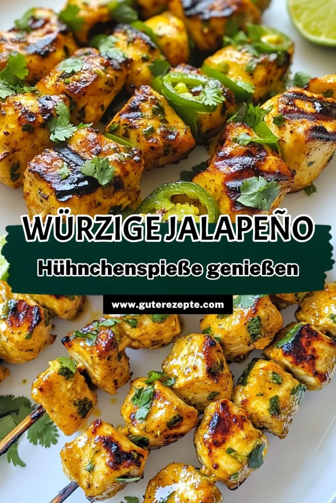 Erlebe den Geschmack von würzigen Jalapeño Hühnchenspießen! Diese Limetten Hühnchenspieße sind perfekt für dein nächstes Grillfest. Mit einfachen Zutaten wie Hühnerbrust, frischen Jalapeños und einer aromatischen Marinade sind diese Grillrezepte mit Hühnchen ein echter Genuss. Ideal für tolle Abende und gesellige Runden. Probiere jetzt unser Rezept für marinierte Hühnchenspieße aus und lass dich begeistern! #Grillrezepte #Hühnchenrezepte #JalapeñoHühnchenspieße #LimettenHühnchenspieße