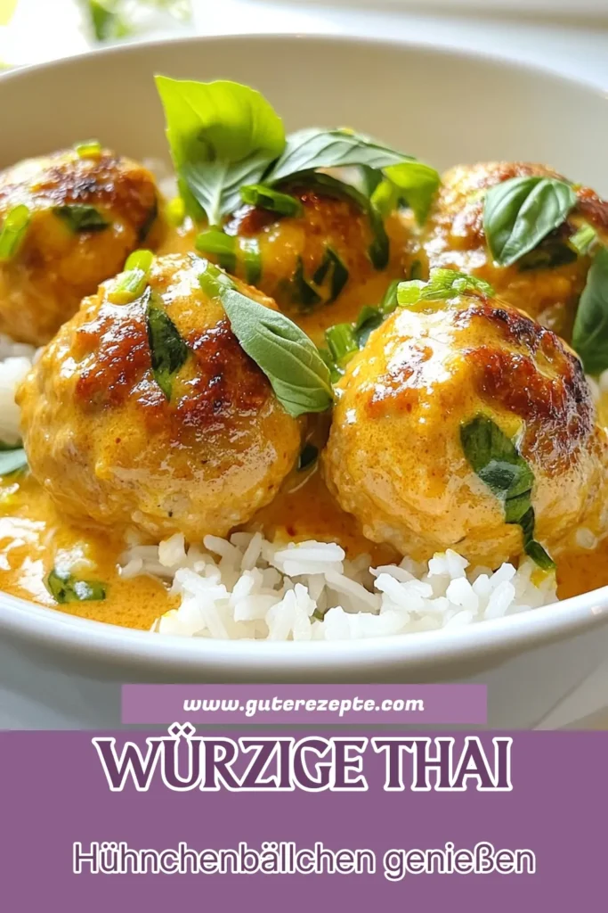 Entdecke das köstliche Rezept für Thailändische Curry-Hühnchenbällchen! Diese Rotes Curry Rezept begeistert mit saftigem Kokosmilch Hühnchen und würzigen Aromen. Mit frischem Koriander und einer himmlischen Sauce sind diese Thai Fleischbällchen perfekt für ein schnelles asiatisches Hühnchen Rezept. Probiere es aus und lass dich von den Aromen verzaubern! Teile deine Kreation! #ThailändischeHühnchenbällchen #RotesCurryRezept #Kokosmilch #ThaiFleischbällchen