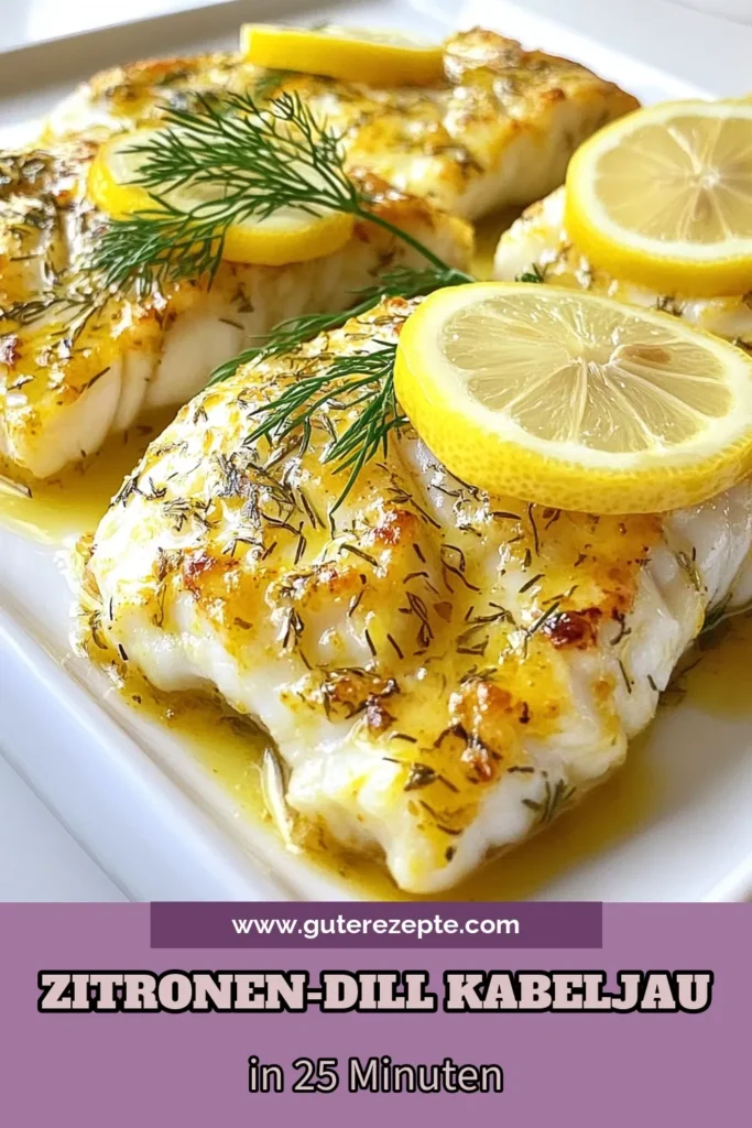 Entdecken Sie unser köstliches Rezept für Zitronen-Dill Kabeljau! Dieses einfache Fischrezept vereint gesunde Zutaten mit dem frischen Geschmack von Zitronenmarinade und Dill. In nur 25 Minuten zaubern Sie ein gesundes Fischgericht, das jeder liebt. Perfekt für ein schnelles Abendessen! Speichern Sie dieses gebackene Kabeljau Rezept für Ihre nächste Kochsession. #Kabeljau #gesundeRezepte #Fischgerichte #einfachkochen