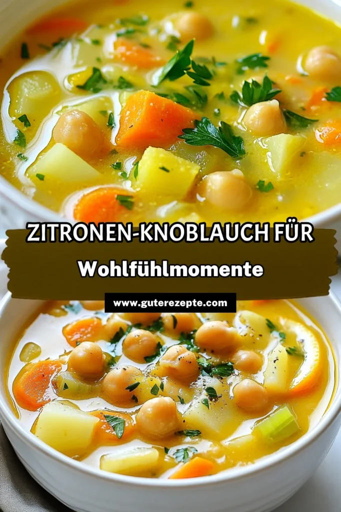 Entdecke unser Rezept für eine köstliche Zitronen-Knoblauch-Kichererbsensuppe. Diese gesunde Kichererbsensuppe vereint frisches Gemüse und aromatischen Knoblauch für ein perfektes veganes Gericht. Einfach zuzubereiten, ist diese einfache Zitronensuppe ideal für jede Gelegenheit. Probiere es gleich aus und bringe gesunde Aromen in deine Küche! Speichere dieses Kichererbsensuppe Rezept und genieße es! #ZitronenKichererbsensuppe #VeganeSuppe #GesundeRezepte #Kichererbsensuppe