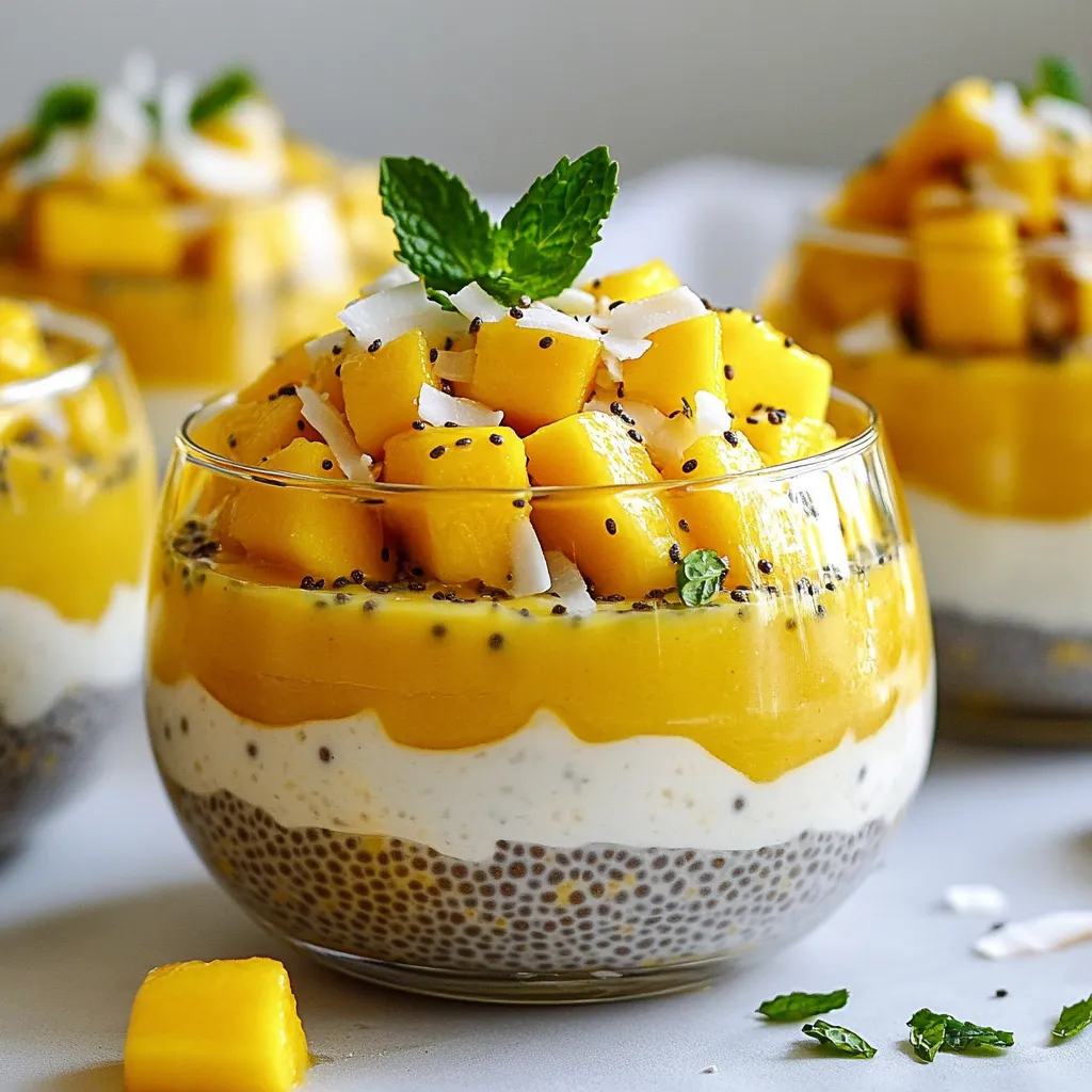 Für unser Mango Kokos Chia Pudding brauchst du folgende Zutaten: - 1 Tasse Kokosmilch - 1/2 Tasse Mandelmilch (oder andere pflanzliche Milch nach Wahl) - 1/4 Tasse Chiasamen - 2 Esslöffel Ahornsirup (oder Süßungsmittel nach Wahl) - 1 reife Mango, gewürfelt - Eine Prise Salz - Geröstete Kokosflocken, zur Dekoration - Frische Minzblätter, zur Dekoration Diese Zutaten sind einfach zu finden und machen das Pudding frisch und lecker. Achte beim Kauf der Zutaten auf Qualität. Wähle frische Mango, die leicht weich ist. Dies zeigt, dass sie reif und süß ist. Für die Kokosmilch, greife zu ungesüßter Variante. Sie gibt mehr Geschmack und ist gesünder. Für die Mandelmilch kannst du eine Marke ohne Zusatzstoffe nehmen. Achte darauf, dass die Chiasamen frisch sind. Überprüfe das Haltbarkeitsdatum. So hast du die besten Zutaten für dein Pudding. Die Zutaten sind nicht nur lecker, sondern auch gesund. Chiasamen sind reich an Omega-3-Fettsäuren und Ballaststoffen. Diese helfen deiner Verdauung und halten dich lange satt. Kokosmilch enthält gesunde Fette, die Energie geben. Mango ist voll von Vitaminen, besonders Vitamin C. Sie stärkt dein Immunsystem. Mandelmilch hat weniger Kalorien als Kuhmilch und ist gut für die Haut. Somit ist dieser Pudding eine großartige Wahl für einen gesunden Snack oder Dessert. {{ingredient_image_2}} Um den Chia-Pudding zu machen, beginne ich mit einer Schüssel. Ich gebe eine Tasse Kokosmilch und eine halbe Tasse Mandelmilch hinein. Dann füge ich zwei Esslöffel Ahornsirup und eine Prise Salz hinzu. Ich verrühre alles gut, bis es cremig ist. Jetzt kommen die Chiasamen. Ich füge eine Viertel Tasse hinzu und rühre alles gründlich um. Es ist wichtig, dass keine Klumpen entstehen. Danach decke ich die Schüssel mit Frischhaltefolie ab. Der Pudding muss nun mindestens vier Stunden oder über Nacht im Kühlschrank ruhen. Die Chiasamen nehmen die Flüssigkeit auf und der Pudding wird dick. Wenn der Pudding nach dem Kühlen zu dick ist, kann ich einen Schuss Kokos- oder Mandelmilch hinzufügen. Das macht ihn wieder cremig und lecker. Wenn ich eine dünnere Konsistenz möchte, kann ich mehr Milch hinzufügen. Es ist wichtig, den Pudding gut umzurühren, um die perfekte Textur zu erreichen. Ich achte darauf, dass der Pudding nicht klumpig ist, denn das beeinflusst den Genuss. Um den Pudding anzurichten, nehme ich kleine Schalen oder Gläser. Ich fülle die Schalen mit dem Pudding und belege ihn großzügig mit gewürfelter Mango. Das sieht nicht nur gut aus, sondern schmeckt auch frisch. Für den letzten Schliff dekoriere ich den Pudding mit gerösteten Kokosflocken und frischen Minzblättern. Diese Dekoration bringt einen tollen tropischen Akzent. Ich serviere den Pudding in klaren Gläsern, damit man die Schichten sieht. Ein Minzstängel obendrauf macht das Ganze perfekt. Um die perfekte Konsistenz für deinen Mango Kokos Chia Pudding zu erzielen, ist es wichtig, die Chiasamen gut mit der Flüssigkeit zu vermischen. Wenn du die Chiasamen hinzufügst, rühre die Mischung kräftig um. Das hilft, Klumpen zu vermeiden. Lass den Pudding mindestens vier Stunden im Kühlschrank ruhen. Am besten über Nacht. Wenn der Pudding nach dem Kühlen zu dick ist, kannst du etwas Kokos- oder Mandelmilch dazugeben. Das macht ihn cremiger. Ein häufiger Fehler ist, die Chiasamen nicht richtig zu mischen. Klumpen bilden sich leicht, wenn sie nicht gut umgerührt werden. Ein weiterer Fehler ist, den Pudding nicht lange genug ziehen zu lassen. Wenn du ihn zu früh servierst, wird er nicht die richtige Konsistenz haben. Achte darauf, die Zutaten in korrekten Mengen zu verwenden. Auch eine zu hohe Menge an Chiasamen kann den Pudding dick und schwer machen. Die Präsentation macht viel aus. Serviere den Pudding in klaren Gläsern. So kannst du die schönen Schichten sehen. Garniere ihn mit zusätzlichen Mangostücken und einem Minzstängel obenauf. Das sieht nicht nur toll aus, sondern gibt auch ein frisches Aroma. Eine Prise geröstete Kokosflocken bringt das tropische Gefühl in dein Dessert. Pro Tipps Die richtige Konsistenz: Wenn der Pudding nach der Kühlung zu dick ist, fügen Sie einfach einen Schuss Kokos- oder Mandelmilch hinzu, um die gewünschte Cremigkeit zu erreichen. Frische Zutaten: Verwenden Sie reife Mangos für den besten Geschmack und die beste Süße. Achten Sie darauf, die Mangos vor dem Würfeln gut zu schälen. Chiasamen gut einarbeiten: Stellen Sie sicher, dass die Chiasamen gleichmäßig in der Flüssigkeit verteilt sind, um Klumpen zu vermeiden, und rühren Sie die Mischung gründlich um. Für den perfekten Servierlook: Servieren Sie den Pudding in klaren Gläsern, um die schönen Schichten sichtbar zu machen, und garnieren Sie mit zusätzlichen Mangostücken und einem Minzstängel. {{image_4}} Du kannst viele Früchte für dein Chia-Pudding verwenden. Statt Mango nimm einfach Beeren, wie Himbeeren oder Erdbeeren. Diese Früchte bringen eine frische, süße Note. Auch Pfirsiche oder Ananas funktionieren gut. Verwende das, was du magst oder was in Saison ist. Das macht dein Pudding bunt und interessant. Für eine vegane Option kannst du Joghurt aus Kokos oder Mandel nehmen. Diese Alternativen sind nicht nur pflanzlich, sondern auch lecker. Du kannst auch Agavendicksaft statt Ahornsirup verwenden. Das gibt deinem Pudding eine süße Note, ohne tierische Produkte. Diese Optionen machen das Rezept für alle zugänglich. Wenn du etwas mehr Geschmack willst, füge Vanille hinzu. Ein Teelöffel Vanilleextrakt reicht aus. Auch Zimt ist eine tolle Wahl. Eine Prise Zimt bringt Wärme in den Pudding. Diese Geschmacksrichtungen machen dein Chia-Pudding noch spannender und aromatischer. Probiere verschiedene Kombinationen und finde deine Lieblingsversion. Um deinen Mango Kokos Chia Pudding frisch zu halten, lagere ihn im Kühlschrank. Verwende einen luftdichten Behälter, um ihn vor Gerüchen zu schützen. So bleibt der Pudding bis zu fünf Tage lecker. Achte darauf, dass der Pudding gut abgedeckt ist, um Austrocknung zu verhindern. Du kannst Reste des Puddings leicht wiederverwenden. Wenn der Pudding dick wird, füge einfach etwas Kokos- oder Mandelmilch hinzu. Rühre ihn gut durch, um die Konsistenz zu verbessern. Du kannst auch frische Früchte oder Nüsse hinzufügen, um den Geschmack aufzufrischen. So bleibt dein Mango Kokos Chia Pudding immer spannend und lecker. Du kannst den Pudding bis zu fünf Tage im Kühlschrank aufbewahren. Achte darauf, ihn in einem gut verschlossenen Behälter zu lagern. So bleibt er frisch. Wenn du ihn länger aufbewahren möchtest, friere ihn ein. Das funktioniert gut, aber die Textur kann sich ändern. Ja, du kannst andere Milchprodukte nutzen. Zum Beispiel, verwende Sojamilch, Hafermilch oder normale Milch. Diese Optionen passen gut. Wenn du eine nussfreie Variante möchtest, wähle Kokosmilch und Wasser. Ja, Chia-Pudding ist sehr gesund. Chiasamen sind reich an Ballaststoffen, Proteinen und Omega-3-Fettsäuren. Sie helfen, den Körper zu hydratisieren. Die Kokosmilch fügt gesunde Fette hinzu. Achte jedoch auf die Süßungsmittel, die du verwendest. Absolut! Du kannst den Pudding am Abend vorher zubereiten. Stelle ihn einfach über Nacht in den Kühlschrank. So können die Samen gut quellen. Am nächsten Tag hast du ein schnelles Frühstück oder Dessert. Um den Pudding zuckerfrei zu machen, lasse den Ahornsirup weg. Du kannst Stevia oder Erythrit verwenden. Diese Süßstoffe sind kalorienarm und eignen sich gut. Experimentiere mit der Menge, um den perfekten Geschmack zu finden. Der Mango Kokos Chia Pudding ist einfach zuzubereiten und lecker. Wir haben die besten Zutaten und Tipps geteilt. Du lernst, wie du den Pudding perfekt machst und kreative Variationen ausprobierst. Die Präsentation macht das Dessert noch ansprechender. Insgesamt ist dieser Pudding gesund und lässt sich gut aufbewahren. Mit diesen Tipps wird es einfach, ihn immer wieder zu genießen. Viel Spaß beim Ausprobieren und Genießen!