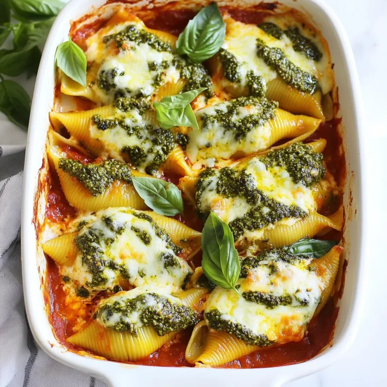 Für die köstlichen Pesto Ricotta Stuffed Shells brauchst du: - 20 Jumbo-Nudeln - 1 Tasse Ricotta-Käse - 1 Tasse frisches Basilikumpesto - 1 Tasse geriebener Mozzarella-Käse - 1/2 Tasse geriebener Parmesan-Käse - 1 großes Ei - 1 Teelöffel Knoblauchpulver - Salz und Pfeffer nach Geschmack - 2 Tassen Marinara-Sauce - Frische Basilikumblätter zum Garnieren Ich empfehle, frisches Basilikumpesto aus dem Kühlregal zu verwenden. Marken wie "Barilla" oder "Classico" bieten gute Optionen. Für den Käse sind "Galbani" und "Sargento" sehr lecker. Achte darauf, Ricotta von guter Qualität zu wählen, um einen tollen Geschmack zu erzielen. Hier sind einige Nährwertinformationen für die wichtigsten Zutaten: - Ricotta-Käse: Hoch an Eiweiß, gut für Muskelaufbau. - Basilikumpesto: Enthält gesunde Fette aus Olivenöl und Nüssen. - Mozzarella-Käse: Liefert Kalzium und Vitamine. - Parmesan-Käse: Reich an Geschmack und Nährstoffen. Diese Zutaten tragen nicht nur zum Geschmack bei, sondern auch zu einer ausgewogenen Ernährung. {{ingredient_image_2}} Zuerst heizt du deinen Ofen auf 190°C vor. Nimm einen großen Topf und fülle ihn mit gesalzenem Wasser. Bring das Wasser zum Kochen. Füge die Jumbo-Nudeln hinzu und koche sie al dente, das dauert etwa 10 bis 12 Minuten. Wenn sie fertig sind, gieße sie ab. Spüle die Nudeln kurz unter kaltem Wasser, damit sie nicht weiter garen. In einer großen Rührschüssel kombinierst du den Ricotta-Käse, die Hälfte des Pestos, die Hälfte des Mozzarella-Käses, den Parmesan, das Ei, das Knoblauchpulver und etwas Salz und Pfeffer. Mische alles gut, bis die Füllung schön cremig ist. Sie sollte gut gewürzt sein, damit jede Nudel voll Geschmack hat. Verteile eine Schicht Marinara-Sauce auf dem Boden einer Auflaufform. Nimm nun jede gekochte Nudel und fülle sie mit der Ricotta-Mischung. Lege die gefüllten Nudeln mit der offenen Seite nach oben in die Form. Träufle das restliche Pesto darüber und bestreue alles mit dem restlichen Mozzarella. Gieße die restliche Marinara-Sauce um die Nudeln, sodass der Boden der Form bedeckt ist. Decke die Form mit Alufolie ab und backe sie 25 Minuten. Nimm die Folie ab und backe die Nudeln weitere 10 Minuten, bis der Käse goldbraun ist. Lass die Nudeln kurz abkühlen und garniere sie mit frischen Basilikumblättern. Ein häufiger Fehler ist das Überkochen der Nudeln. Kochen Sie die Jumbo-Nudeln nur al dente. So bleiben sie fest und brechen nicht beim Füllen. Achten Sie darauf, die Ricotta-Mischung gut zu mischen. Ungleichmäßige Füllungen können dazu führen, dass einige Nudeln trocken sind. Verwenden Sie frisches Pesto, um den besten Geschmack zu erzielen. Sie können die gefüllten Nudeln im Voraus zubereiten. Füllen Sie die Nudeln und stellen Sie sie in die Auflaufform mit Marinara-Sauce. Decken Sie die Form ab und kühlen Sie sie bis zur Verwendung. Zum Aufwärmen backen Sie sie einfach im Ofen bei 190°C, bis sie heiß sind. Das dauert etwa 20 bis 25 Minuten. Für dieses Rezept benötigen Sie einige nützliche Geräte: - Großer Topf: Zum Kochen der Nudeln. - Rührschüssel: Für die Ricotta-Mischung. - Auflaufform: Zum Backen der gefüllten Nudeln. - Löffel: Zum Füllen der Nudeln und Schichten der Sauce. Mit diesen Tipps und Tricks gelingt Ihnen das perfekte Pesto Ricotta Stuffed Shells Gericht! Pro Tipps Nudeln richtig kochen: Achten Sie darauf, die Jumbo-Nudeln al dente zu kochen, damit sie nicht zu weich werden und beim Füllen brechen. Frisches Pesto verwenden: Verwenden Sie frisches Basilikumpesto für den besten Geschmack. Selbstgemachtes Pesto hebt das Gericht auf die nächste Ebene. Käse variieren: Experimentieren Sie mit verschiedenen Käsesorten wie Fontina oder Gouda für zusätzliche Geschmackstiefe und eine interessante Textur. Vorbereitung im Voraus: Sie können die gefüllten Nudeln im Voraus zubereiten und im Kühlschrank aufbewahren. Einfach vor dem Backen mit Marinara-Sauce und Käse bedecken. {{image_4}} Wenn Sie Lust auf Abwechslung haben, probieren Sie andere Füllungen. Sie können Spinat und Feta verwenden. Diese Kombination bringt einen frischen Geschmack. Auch eine Mischung aus Ricotta und gerösteten Paprika ist lecker. Für eine herzhaftere Option fügen Sie gebratenes Hackfleisch oder Hähnchen hinzu. Seien Sie kreativ und passen Sie die Füllung Ihrem Geschmack an! Die Sauce macht den Unterschied. Während Marinara-Sauce klassisch ist, können Sie auch eine cremige Alfredo-Sauce ausprobieren. Sie können die Nudeln auch mit einer würzigen Arrabbiata-Sauce genießen. Für eine leichtere Variante mischen Sie Olivenöl mit Knoblauch und frischen Kräutern. Jede Sauce bringt ihren eigenen Charakter mit. Experimentieren Sie und finden Sie Ihre Lieblingskombination! Sie können dieses Rezept einfach anpassen, um es vegan oder glutenfrei zu machen. Verwenden Sie pflanzlichen Ricotta und veganen Käse. Für glutenfreie Nudeln wählen Sie spezielle glutenfreie Varianten. Achten Sie darauf, dass der Pesto ebenfalls vegan ist. Diese Anpassungen machen das Gericht für jeden genießbar. So können alle die köstlichen Pesto Ricotta Stuffed Shells probieren! Wenn du Reste von deinen Pesto Ricotta Stuffed Shells hast, lagere sie in einem luftdichten Behälter. Stelle sicher, dass der Behälter gut verschlossen ist, um Feuchtigkeit fernzuhalten. So bleibt der Geschmack frisch. Du kannst die gefüllten Nudeln auch in der Auflaufform lassen und mit Folie abdecken. Im Kühlschrank halten sich die Reste bis zu 3 Tage. Achte darauf, die Nudeln schnell zu kühlen, um die Frische zu bewahren. Wenn du die Nudeln länger aufbewahren möchtest, friere sie ein. Im Gefrierschrank sind sie bis zu 2 Monate haltbar. Achte darauf, die Nudeln in einem gefriergeeigneten Behälter zu lagern, um Gefrierbrand zu vermeiden. Um die Pesto Ricotta Stuffed Shells aufzuwärmen, verwende den Ofen für die beste Textur. Heize den Ofen auf 180°C vor. Lege die Nudeln in eine Auflaufform und füge etwas Marinara-Sauce hinzu, um das Austrocknen zu verhindern. Decke die Form mit Folie ab und erwärme sie für etwa 20 Minuten. Du kannst die Folie in den letzten 5 Minuten entfernen, um den Käse leicht zu bräunen. So bleiben die Nudeln saftig und lecker. Um die Nudeln al dente zu kochen, bringe einen großen Topf mit gesalzenem Wasser zum Kochen. Gib die Jumbo-Nudeln ins Wasser und koche sie 10 bis 12 Minuten lang. Rühre gelegentlich um, damit sie nicht zusammenkleben. Prüfe nach 10 Minuten die Konsistenz. Sie sollten weich, aber noch bissfest sein. Nach dem Kochen, spüle die Nudeln unter kaltem Wasser ab. Das stoppt den Garprozess und hält sie perfekt. Ja, du kannst frisches Basilikum verwenden! Mische es mit etwas Olivenöl, Knoblauch und Parmesan, um eine eigene Paste zu machen. Diese Mischung hat einen frischen Geschmack, der die gefüllten Nudeln bereichert. Das Pesto gibt eine dichte, aromatische Note, die die Füllung gut ergänzt. Experimentiere mit dem Verhältnis, um deinen Lieblingsgeschmack zu finden. Zu den gefüllten Nudeln passen viele Beilagen gut. Ein einfacher grüner Salat mit einem leichten Dressing ist immer eine gute Wahl. Auch gebratenes Gemüse wie Zucchini oder Paprika bietet einen tollen Kontrast. Wenn du es herzhaft magst, serviere ein Stück knuspriges Brot mit Knoblauchbutter. Diese Beilagen runden das Gericht ab und sorgen für ein vollständiges Essen. Um gefüllte Jumbo-Nudeln zuzubereiten, stehen die richtigen Zutaten im Mittelpunkt. Wir haben die besten Marken empfohlen und deren Nährwerte erläutert. Mit einer Schritt-für-Schritt-Anleitung kannst du die Nudeln leicht vorbereiten und backen. Fehler vermeidest du, indem du unsere Tipps und Tricks nutzt. Variationen machen dein Gericht bunt und lecker. Denke an die Aufbewahrung, um Reste gut zu lagern. Du wirst sicher Spass beim Ausprobieren haben!