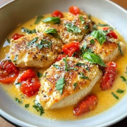 Für dieses Gericht benötigst du einige einfache, frische Zutaten. Hier sind sie: - 4 Hähnchenbrustfilets, ohne Haut und Knochen - 2 Esslöffel Olivenöl - 1 Teelöffel Knoblauchpulver - Salz und Pfeffer nach Geschmack - 1 Dose (400 g) gewürfelte Tomaten, mit Saft - 1 Tasse Schlagsahne - 1 Tasse frische Basilikumblätter, gehackt (plus zusätzlich für die Garnitur) - 1 Teelöffel getrocknete italienische Gewürze - ½ Tasse geriebener Parmesan - ½ Teelöffel rote Chiliflocken (optional für etwas Schärfe) Diese Zutaten sind wichtig für den vollen Geschmack. Die richtigen Gewürze machen einen großen Unterschied. Knoblauchpulver bringt einen kräftigen Geschmack. Salz und Pfeffer sind die Basis für jedes Gericht. Die italienischen Gewürze fügen eine besondere Note hinzu. Diese Mischung aus Oregano und Thymian passt gut zur Tomatensoße. Die roten Chiliflocken geben dir die Möglichkeit, das Gericht etwas schärfer zu machen. Du kannst sie weglassen, wenn du es milder magst. Frische Zutaten sind der Schlüssel zu einem köstlichen Gericht. Wähle Hähnchenbrustfilets, die fest und rosa sind. Achte darauf, dass sie keinen unangenehmen Geruch haben. Für die Tomaten solltest du auf Dosen mit ganzen oder gewürfelten Tomaten achten. Sie sollten in ihrem eigenen Saft sein. Frisches Basilikum ist am besten. Die Blätter sollten grün und glänzend sein. Wenn du diese Tipps befolgst, gelingt dir ein wunderbares Gericht. {{ingredient_image_2}} Zuerst nimm die Hähnchenbrustfilets und lege sie auf ein Schneidebrett. Der nächste Schritt ist einfach: würze sie mit Salz, Pfeffer und Knoblauchpulver. Du kannst die Würze gleichmäßig auf beiden Seiten verteilen. Das gibt dem Hähnchen Geschmack und Aroma. Erhitze dann das Olivenöl in einer großen Pfanne bei mittlerer bis hoher Hitze. Wenn das Öl heiß ist, lege die Hähnchenbrustfilets vorsichtig in die Pfanne. Brate sie für etwa 6-7 Minuten pro Seite. Achte darauf, dass die Außenseite goldbraun wird. Wenn sie fertig sind, nimm die Filets aus der Pfanne und lege sie beiseite. In der gleichen Pfanne, wo du das Hähnchen gebraten hast, gib jetzt die gewürfelten Tomaten hinzu. Vergiss nicht, auch den Saft hinzuzufügen! Kratz mit einem Holzlöffel die Reste vom Boden der Pfanne ab. Diese Reste geben der Sauce mehr Geschmack. Lass die Tomaten für 2-3 Minuten köcheln. Senk dann die Hitze auf mittel-niedrig. Jetzt kommt die Schlagsahne dazu. Rühre den gehackten Basilikum und die italienischen Gewürze ein. Wenn du magst, füge auch rote Chiliflocken für etwas Schärfe hinzu. Mische alles gut, bis sich die Zutaten verbinden. Nun ist es Zeit für den Käse! Füge langsam den geriebenen Parmesan hinzu und rühre weiter. Der Käse wird schmelzen und die Sauce wird cremig. Lege die Hähnchenbrustfilets zurück in die Pfanne. Löffle die Sauce über das Hähnchen. Lass alles für 3-5 Minuten köcheln. So nimmt das Hähnchen die köstlichen Aromen auf. Nimm die Pfanne dann vom Herd und lass das Gericht kurz ruhen. Vor dem Servieren, garniere mit frischem Basilikum und einer Prise Parmesan für den letzten Schliff. Um saftige Hähnchenbrust zu machen, nutze frische Filets. Würze sie gut mit Knoblauchpulver, Salz und Pfeffer. Brate sie in heißem Olivenöl. Achte darauf, sie nicht zu lange zu garen, damit sie zart bleiben. Ein goldbrauner Rand zeigt, dass sie perfekt sind. Die Kerntemperatur sollte 75 Grad Celsius erreichen. So wird das Hähnchen köstlich und saftig. Die Soße ist der Star des Gerichts. Du kannst sie leicht anpassen. Wenn du es schärfer magst, füge mehr rote Chiliflocken hinzu. Für eine mildere Variante, lasse sie einfach weg. Du kannst auch frische Kräuter wie Oregano oder Thymian verwenden. Füge etwas Zitronensaft für frische Aromen hinzu. Experimentiere mit den Zutaten, um deinen perfekten Geschmack zu finden. Ein häufiger Fehler ist, das Hähnchen zu lange zu braten. Das macht es trocken. Achte darauf, die Hitze nicht zu hoch zu stellen. Das kann die Soße anbrennen lassen. Ein weiterer Fehler ist, die Soße nicht lange genug zu köcheln. Lass die Aromen gut miteinander verschmelzen. So wird das Gericht noch köstlicher. Diese Tipps helfen dir, das beste cremige Tomaten-Basilikum-Hähnchen zu kochen. Pro Tipps Hähnchen richtig braten: Achte darauf, dass das Öl heiß genug ist, bevor du das Hähnchen in die Pfanne gibst. So erhältst du eine schöne, goldbraune Kruste. Frische Zutaten nutzen: Verwende frische Basilikumblätter anstelle von getrocknetem Basilikum für ein intensiveres Aroma in der Soße. Würze nach Geschmack: Passe die Menge der roten Chiliflocken an, um die Schärfe nach deinem persönlichen Geschmack zu regulieren. Soße eindicken: Wenn die Soße nicht dick genug ist, lasse sie einfach noch ein paar Minuten länger köcheln, damit sie die gewünschte Konsistenz erreicht. {{image_4}} Wenn du Abwechslung suchst, probiere andere Fleischsorten. Du kannst Putenbrust oder Hähnchenschenkel verwenden. Diese Optionen bringen unterschiedliche Geschmäcker. Putenbrust ist etwas magerer, während Hähnchenschenkel saftiger sind. Beide passen gut zur cremigen Tomatensoße. Für eine vegane Version nutze Tofu oder Kichererbsen. Tofu nimmt die Soßenaromen gut auf. Kichererbsen sind proteinreich und geben einen tollen Biss. Verwende Kokosnusscreme anstelle von Schlagsahne. So erhält dein Gericht eine cremige Textur ohne tierische Produkte. Um das Gericht glutenfrei zu machen, achte darauf, dass alle Zutaten glutenfrei sind. Die gewürfelten Tomaten sind meist sicher, aber überprüfe die Etiketten. Bei der Verwendung von Parmesan kannst du eine pflanzliche Alternativen wählen, um die diätetischen Bedürfnisse zu erfüllen. So bleibt der Genuss ohne Sorgen. Um Reste von cremigem Tomaten-Basilikum-Hähnchen gut zu lagern, lass das Gericht zuerst abkühlen. Verwende dann einen luftdichten Behälter. So bleibt das Aroma frisch. Du kannst auch Portionsbehälter nutzen, um die Reste einfacher zu teilen. Das Hähnchen bleibt so bis zu drei Tage im Kühlschrank haltbar. Wenn du die Reste aufwärmen möchtest, nutze einen Topf oder die Mikrowelle. Bei der Mikrowelle decke das Gericht ab, um es gleichmäßig zu erhitzen. Rühre es zwischendurch um, damit nichts anbrennt. Im Topf erwärmst du es bei mittlerer Hitze. Füge einen Löffel Sahne hinzu, wenn die Soße zu dick wird. Im Kühlschrank hält sich das Hähnchen für bis zu drei Tage. Wenn du länger aufbewahren möchtest, friere es ein. In einem gefrierfesten Behälter bleibt es bis zu drei Monate haltbar. Achte darauf, die Soße gut zu vermischen, bevor du das Gericht einfrierst. Beim Auftauen kannst du die Aromen frisch halten, indem du es langsam im Kühlschrank auftauen lässt. Die Zubereitung des cremigen Tomaten-Basilikum-Hähnchens dauert etwa 30 Minuten. Die Vorbereitung benötigt 10 Minuten. Das Kochen selbst dauert ungefähr 20 Minuten. Ja, du kannst die Schlagsahne ersetzen. Eine gute Option ist Kokosmilch. Diese gibt einen leichten Geschmack. Du kannst auch griechischen Joghurt verwenden. Denke daran, dass Joghurt weniger cremig sein kann. Um das Gericht schärfer zu machen, füge mehr rote Chiliflocken hinzu. Du kannst auch frische Jalapeños oder Chili verwenden. Diese geben einen tollen Kick. Achte darauf, die Menge nach deinem Geschmack anzupassen. In diesem Artikel haben wir die wichtigsten Zutaten für cremiges Tomaten-Basilikum-Hähnchen besprochen. Ich habe Ihnen eine einfache Anleitung zur Zubereitung zusammengestellt. Zudem gab es Tipps zur Auswahl frischer Zutaten und zur Vermeidung häufiger Fehler. Variationen und Lagerungshinweise helfen Ihnen, das Gericht anzupassen und lange zu genießen. Denken Sie daran, dass frische Zutaten den Geschmack verbessern. Viel Spaß beim Kochen und Variieren des Rezepts!