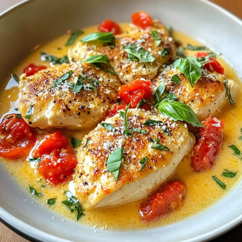 Für dieses Gericht benötigst du einige einfache, frische Zutaten. Hier sind sie: - 4 Hähnchenbrustfilets, ohne Haut und Knochen - 2 Esslöffel Olivenöl - 1 Teelöffel Knoblauchpulver - Salz und Pfeffer nach Geschmack - 1 Dose (400 g) gewürfelte Tomaten, mit Saft - 1 Tasse Schlagsahne - 1 Tasse frische Basilikumblätter, gehackt (plus zusätzlich für die Garnitur) - 1 Teelöffel getrocknete italienische Gewürze - ½ Tasse geriebener Parmesan - ½ Teelöffel rote Chiliflocken (optional für etwas Schärfe) Diese Zutaten sind wichtig für den vollen Geschmack. Die richtigen Gewürze machen einen großen Unterschied. Knoblauchpulver bringt einen kräftigen Geschmack. Salz und Pfeffer sind die Basis für jedes Gericht. Die italienischen Gewürze fügen eine besondere Note hinzu. Diese Mischung aus Oregano und Thymian passt gut zur Tomatensoße. Die roten Chiliflocken geben dir die Möglichkeit, das Gericht etwas schärfer zu machen. Du kannst sie weglassen, wenn du es milder magst. Frische Zutaten sind der Schlüssel zu einem köstlichen Gericht. Wähle Hähnchenbrustfilets, die fest und rosa sind. Achte darauf, dass sie keinen unangenehmen Geruch haben. Für die Tomaten solltest du auf Dosen mit ganzen oder gewürfelten Tomaten achten. Sie sollten in ihrem eigenen Saft sein. Frisches Basilikum ist am besten. Die Blätter sollten grün und glänzend sein. Wenn du diese Tipps befolgst, gelingt dir ein wunderbares Gericht. {{ingredient_image_2}} Zuerst nimm die Hähnchenbrustfilets und lege sie auf ein Schneidebrett. Der nächste Schritt ist einfach: würze sie mit Salz, Pfeffer und Knoblauchpulver. Du kannst die Würze gleichmäßig auf beiden Seiten verteilen. Das gibt dem Hähnchen Geschmack und Aroma. Erhitze dann das Olivenöl in einer großen Pfanne bei mittlerer bis hoher Hitze. Wenn das Öl heiß ist, lege die Hähnchenbrustfilets vorsichtig in die Pfanne. Brate sie für etwa 6-7 Minuten pro Seite. Achte darauf, dass die Außenseite goldbraun wird. Wenn sie fertig sind, nimm die Filets aus der Pfanne und lege sie beiseite. In der gleichen Pfanne, wo du das Hähnchen gebraten hast, gib jetzt die gewürfelten Tomaten hinzu. Vergiss nicht, auch den Saft hinzuzufügen! Kratz mit einem Holzlöffel die Reste vom Boden der Pfanne ab. Diese Reste geben der Sauce mehr Geschmack. Lass die Tomaten für 2-3 Minuten köcheln. Senk dann die Hitze auf mittel-niedrig. Jetzt kommt die Schlagsahne dazu. Rühre den gehackten Basilikum und die italienischen Gewürze ein. Wenn du magst, füge auch rote Chiliflocken für etwas Schärfe hinzu. Mische alles gut, bis sich die Zutaten verbinden. Nun ist es Zeit für den Käse! Füge langsam den geriebenen Parmesan hinzu und rühre weiter. Der Käse wird schmelzen und die Sauce wird cremig. Lege die Hähnchenbrustfilets zurück in die Pfanne. Löffle die Sauce über das Hähnchen. Lass alles für 3-5 Minuten köcheln. So nimmt das Hähnchen die köstlichen Aromen auf. Nimm die Pfanne dann vom Herd und lass das Gericht kurz ruhen. Vor dem Servieren, garniere mit frischem Basilikum und einer Prise Parmesan für den letzten Schliff. Um saftige Hähnchenbrust zu machen, nutze frische Filets. Würze sie gut mit Knoblauchpulver, Salz und Pfeffer. Brate sie in heißem Olivenöl. Achte darauf, sie nicht zu lange zu garen, damit sie zart bleiben. Ein goldbrauner Rand zeigt, dass sie perfekt sind. Die Kerntemperatur sollte 75 Grad Celsius erreichen. So wird das Hähnchen köstlich und saftig. Die Soße ist der Star des Gerichts. Du kannst sie leicht anpassen. Wenn du es schärfer magst, füge mehr rote Chiliflocken hinzu. Für eine mildere Variante, lasse sie einfach weg. Du kannst auch frische Kräuter wie Oregano oder Thymian verwenden. Füge etwas Zitronensaft für frische Aromen hinzu. Experimentiere mit den Zutaten, um deinen perfekten Geschmack zu finden. Ein häufiger Fehler ist, das Hähnchen zu lange zu braten. Das macht es trocken. Achte darauf, die Hitze nicht zu hoch zu stellen. Das kann die Soße anbrennen lassen. Ein weiterer Fehler ist, die Soße nicht lange genug zu köcheln. Lass die Aromen gut miteinander verschmelzen. So wird das Gericht noch köstlicher. Diese Tipps helfen dir, das beste cremige Tomaten-Basilikum-Hähnchen zu kochen. Pro Tipps Hähnchen richtig braten: Achte darauf, dass das Öl heiß genug ist, bevor du das Hähnchen in die Pfanne gibst. So erhältst du eine schöne, goldbraune Kruste. Frische Zutaten nutzen: Verwende frische Basilikumblätter anstelle von getrocknetem Basilikum für ein intensiveres Aroma in der Soße. Würze nach Geschmack: Passe die Menge der roten Chiliflocken an, um die Schärfe nach deinem persönlichen Geschmack zu regulieren. Soße eindicken: Wenn die Soße nicht dick genug ist, lasse sie einfach noch ein paar Minuten länger köcheln, damit sie die gewünschte Konsistenz erreicht. {{image_4}} Wenn du Abwechslung suchst, probiere andere Fleischsorten. Du kannst Putenbrust oder Hähnchenschenkel verwenden. Diese Optionen bringen unterschiedliche Geschmäcker. Putenbrust ist etwas magerer, während Hähnchenschenkel saftiger sind. Beide passen gut zur cremigen Tomatensoße. Für eine vegane Version nutze Tofu oder Kichererbsen. Tofu nimmt die Soßenaromen gut auf. Kichererbsen sind proteinreich und geben einen tollen Biss. Verwende Kokosnusscreme anstelle von Schlagsahne. So erhält dein Gericht eine cremige Textur ohne tierische Produkte. Um das Gericht glutenfrei zu machen, achte darauf, dass alle Zutaten glutenfrei sind. Die gewürfelten Tomaten sind meist sicher, aber überprüfe die Etiketten. Bei der Verwendung von Parmesan kannst du eine pflanzliche Alternativen wählen, um die diätetischen Bedürfnisse zu erfüllen. So bleibt der Genuss ohne Sorgen. Um Reste von cremigem Tomaten-Basilikum-Hähnchen gut zu lagern, lass das Gericht zuerst abkühlen. Verwende dann einen luftdichten Behälter. So bleibt das Aroma frisch. Du kannst auch Portionsbehälter nutzen, um die Reste einfacher zu teilen. Das Hähnchen bleibt so bis zu drei Tage im Kühlschrank haltbar. Wenn du die Reste aufwärmen möchtest, nutze einen Topf oder die Mikrowelle. Bei der Mikrowelle decke das Gericht ab, um es gleichmäßig zu erhitzen. Rühre es zwischendurch um, damit nichts anbrennt. Im Topf erwärmst du es bei mittlerer Hitze. Füge einen Löffel Sahne hinzu, wenn die Soße zu dick wird. Im Kühlschrank hält sich das Hähnchen für bis zu drei Tage. Wenn du länger aufbewahren möchtest, friere es ein. In einem gefrierfesten Behälter bleibt es bis zu drei Monate haltbar. Achte darauf, die Soße gut zu vermischen, bevor du das Gericht einfrierst. Beim Auftauen kannst du die Aromen frisch halten, indem du es langsam im Kühlschrank auftauen lässt. Die Zubereitung des cremigen Tomaten-Basilikum-Hähnchens dauert etwa 30 Minuten. Die Vorbereitung benötigt 10 Minuten. Das Kochen selbst dauert ungefähr 20 Minuten. Ja, du kannst die Schlagsahne ersetzen. Eine gute Option ist Kokosmilch. Diese gibt einen leichten Geschmack. Du kannst auch griechischen Joghurt verwenden. Denke daran, dass Joghurt weniger cremig sein kann. Um das Gericht schärfer zu machen, füge mehr rote Chiliflocken hinzu. Du kannst auch frische Jalapeños oder Chili verwenden. Diese geben einen tollen Kick. Achte darauf, die Menge nach deinem Geschmack anzupassen. In diesem Artikel haben wir die wichtigsten Zutaten für cremiges Tomaten-Basilikum-Hähnchen besprochen. Ich habe Ihnen eine einfache Anleitung zur Zubereitung zusammengestellt. Zudem gab es Tipps zur Auswahl frischer Zutaten und zur Vermeidung häufiger Fehler. Variationen und Lagerungshinweise helfen Ihnen, das Gericht anzupassen und lange zu genießen. Denken Sie daran, dass frische Zutaten den Geschmack verbessern. Viel Spaß beim Kochen und Variieren des Rezepts!