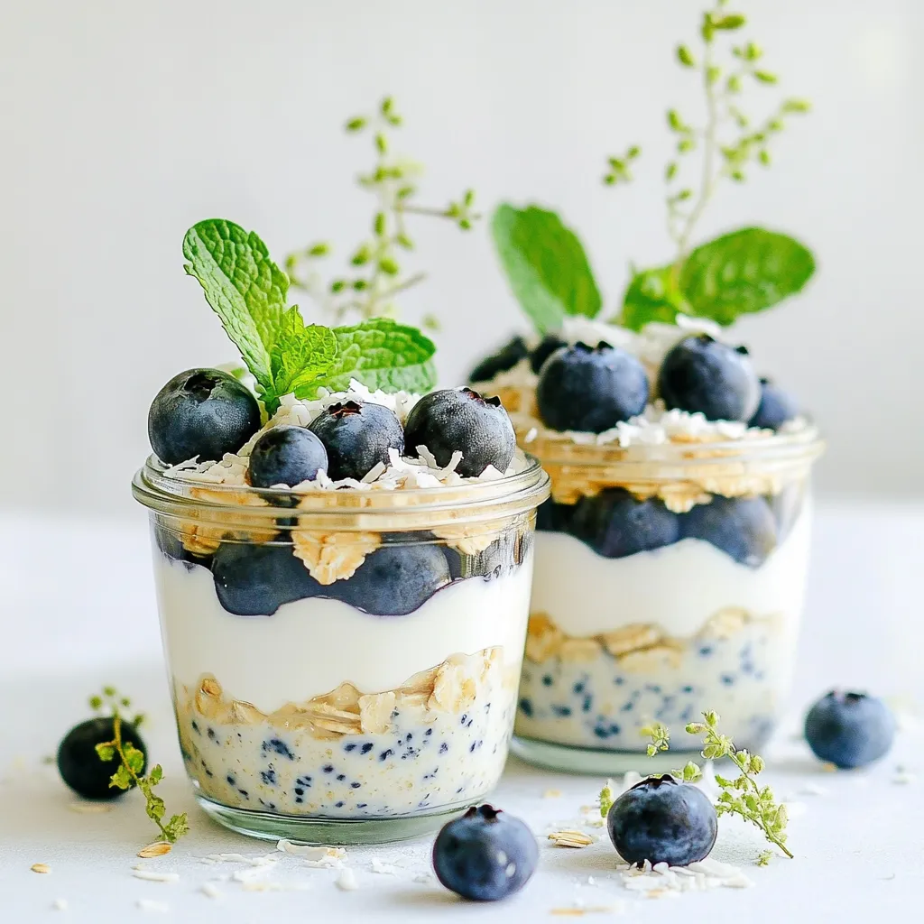Für meine Blaubeer Kokos Über-Nacht Haferflocken brauchst du diese Zutaten: - 1 Tasse Haferflocken (gerollt) - 1 Tasse Kokosmilch (oder jede andere Milch nach Wahl) - 1/2 Tasse griechischer Joghurt (oder Kokosjoghurt für die milchfreie Variante) - 1 Tasse frische Blaubeeren (oder gefrorene) - 2 Esslöffel ungesüßte Kokosraspeln - 2 Esslöffel Ahornsirup (oder Honig) - 1 Teelöffel Vanilleextrakt - Eine Prise Salz - Frische Minzblätter zur Dekoration (optional) Es ist wichtig, die besten Zutaten zu wählen. Die Haferflocken sollten frisch und ohne Zusatzstoffe sein. Ich bevorzuge gerollte Haferflocken, da sie gut die Flüssigkeit aufnehmen. Bei der Kokosmilch wähle eine, die reich an Geschmack ist. Achte darauf, dass sie cremig ist. Frische Blaubeeren sind süßer und gesünder als gefrorene. Wenn du gefrorene verwenden möchtest, achte darauf, dass sie ohne Zucker sind. Jede Zutat hat ihre Vorteile. Haferflocken sind eine großartige Quelle für Ballaststoffe. Sie helfen dir, lange satt zu bleiben. Kokosmilch enthält gesunde Fette, die gut für dein Herz sind. Griechischer Joghurt bietet viel Eiweiß und Probiotika, die gut für die Verdauung sind. Blaubeeren sind reich an Antioxidantien. Sie unterstützen das Immunsystem und sind lecker. Kokosraspeln geben dir einen zusätzlichen Nährstoffkick und einen tollen Geschmack. Diese Kombination macht das Frühstück nahrhaft und köstlich. {{ingredient_image_2}} Zuerst nehme ich eine mittelgroße Schüssel. Ich gebe die Haferflocken hinein. Dann füge ich die Kokosmilch hinzu. Danach kommt der griechische Joghurt dazu. Es ist wichtig, dass alle Zutaten gut vermischt werden. Ich rühre so lange, bis alles gut verbunden ist. Der Ahornsirup und der Vanilleextrakt folgen als Nächstes. Zum Schluss gebe ich eine Prise Salz hinzu. Diese Mischung ist die Basis für unser Gericht. Jetzt füge ich die frischen Blaubeeren hinzu. Ich mache das vorsichtig, um sie nicht zu zerdrücken. Es ist schön, wenn die Blaubeeren ganz bleiben. Danach streue ich die Kokosraspeln darüber. Ich mische alles sanft, damit die Blaubeeren gleichmäßig verteilt sind. So sieht die Mischung bunt und einladend aus. Ich teile die Mischung in zwei Gläser auf. Die Gläser schließe ich gut. Jetzt stelle ich sie in den Kühlschrank. Dort bleiben sie mindestens sechs Stunden. Diese Zeit ist wichtig, damit die Haferflocken weich werden. Am nächsten Morgen nehme ich die Gläser heraus. Ich rühre die Haferflocken gut um. Wenn sie zu dick sind, füge ich etwas Kokosmilch hinzu. Zum Servieren lege ich frische Blaubeeren und Kokosraspeln oben drauf. Ein Minzblatt macht das Gericht noch schöner. Um die perfekte Konsistenz deiner Über-Nacht-Haferflocken zu erreichen, ist das Mischverhältnis wichtig. Verwende eine Tasse Haferflocken und eine Tasse Kokosmilch. Diese Menge sorgt für eine cremige Textur. Achte darauf, dass du die Mischung gut umrührst. Wenn die Haferflocken am Morgen zu dick sind, füge einfach einen Spritzer Kokosmilch hinzu. Das macht sie wieder schön geschmeidig. Die Süße deiner Über-Nacht-Haferflocken kannst du ganz nach deinem Geschmack anpassen. Du kannst 2 Esslöffel Ahornsirup verwenden, aber vielleicht magst du es weniger süß. Probiere, die Menge auf 1 Esslöffel zu reduzieren. Alternativ kannst du auch Honig verwenden, wenn du diesen bevorzugst. Ein wenig extra Vanilleextrakt kann auch die Süße verbessern, ohne Zucker hinzuzufügen. Die Präsentation ist wichtig, um dein Frühstück zum Highlight zu machen. Verwende klare Gläser, um die schönen Schichten zu zeigen. Beginne mit einer Schicht Haferflocken, dann füge Blaubeeren und Kokosraspeln hinzu. Wiederhole das, bis das Glas voll ist. Garniere das Ganze mit frischen Minzblättern für einen frischen Look. Ein kleiner Spritzer Honig oben drauf kann auch sehr ansprechend sein. Pro Tipps Variationen ausprobieren: Du kannst die Blaubeeren durch andere Beeren wie Himbeeren oder Erdbeeren ersetzen, um verschiedene Geschmäcker zu kreieren. Für mehr Crunch: Füge vor dem Servieren einige gehackte Nüsse oder Samen hinzu, um Textur und Nährstoffe zu erhöhen. Vorbereitung im Voraus: Diese Haferflocken sind perfekt für Meal Prep; bereite mehrere Portionen für die ganze Woche vor und variere die Zutaten. Perfekte Konsistenz: Wenn die Haferflocken zu dick sind, füge einen Spritzer Wasser oder zusätzliche Milch hinzu, um sie wieder cremig zu machen. {{image_4}} Du kannst verschiedene Milchsorten verwenden. Kokosmilch passt gut zu den Blaubeeren. Du kannst auch Mandelmilch oder Hafermilch nehmen. Diese Optionen sind lecker und verändern den Geschmack. Probiere es aus und finde deine Lieblingsmilch. Es gibt viele Früchte, die du hinzufügen kannst. Erdbeeren, Himbeeren und Bananen sind tolle Optionen. Du kannst auch Nüsse oder Samen verwenden. Mandeln oder Chiasamen bringen einen tollen Crunch. Denke daran, die Haferflocken nach deinem Geschmack zu gestalten. Für eine vegane Variante nimm Kokosjoghurt und pflanzliche Milch. So bleibt das Rezept ohne tierische Produkte. Außerdem sind die Haferflocken von Natur aus glutenfrei. Achte darauf, dass sie als glutenfrei gekennzeichnet sind. So kannst du sicher genießen und dich gesund ernähren. Um die Über-Nacht-Haferflocken frisch zu halten, benutze luftdichte Behälter. Achte darauf, die Gläser gut zu verschließen. So bleibt die Mischung kühl und lecker. Die Haferflocken halten sich im Kühlschrank bis zu drei Tage. Nach drei Tagen können die Blaubeeren ihre Frische verlieren. Ich empfehle, die Haferflocken innerhalb von zwei Tagen zu genießen. So schmecken sie am besten. Wenn du die Haferflocken warm magst, kannst du sie einfach erwärmen. Füge etwas Kokosmilch hinzu, wenn sie zu dick sind. Erhitze die Mischung in der Mikrowelle oder auf dem Herd. Rühre gut um, damit alles gleichmäßig warm wird. Die Aromen kommen dann noch besser zur Geltung. Ja, gefrorene Blaubeeren sind eine tolle Option. Sie sind praktisch und oft günstiger. Zudem sind sie in vielen Rezepten gleichwertig zu frischen Blaubeeren. Wenn du gefrorene Blaubeeren benutzt, füge sie direkt in die Mischung. Du musst sie nicht vorher auftauen. So bleibt die Mischung frisch und lecker. Die Über-Nacht-Haferflocken bleiben im Kühlschrank 3 bis 5 Tage frisch. Sie sind eine gute Wahl für Meal Prep. Stelle sicher, dass du sie in einem luftdichten Behälter aufbewahrst. So bleibt die Konsistenz gut und der Geschmack bleibt erhalten. Aber du solltest sie immer vor dem Essen überprüfen. Ja, du kannst die Haferflocken warm essen. Wenn du es warm magst, erwärme die Mischung in der Mikrowelle. Füge einen Schuss Kokosmilch hinzu, um die Konsistenz wieder zu verbessern. Das gibt dir ein ganz neues Geschmackserlebnis. Warm serviert, sind sie besonders gemütlich und lecker. Zusammenfassend haben wir die besten Zutaten für Über-Nacht-Haferflocken besprochen. Du weißt jetzt, wie du die Mischung zubereitest und die Konsistenz perfektionierst. Variationen und Lagerungshinweise bieten dir neue Ideen. Mit den Tipps kannst du dein Frühstück kreativ gestalten. Denke daran, dass gesunde Haferflocken einfach zuzubereiten sind und viele Vorteile bieten. Experimentiere mit verschiedenen Zutaten und genieße diese leckere Mahlzeit.