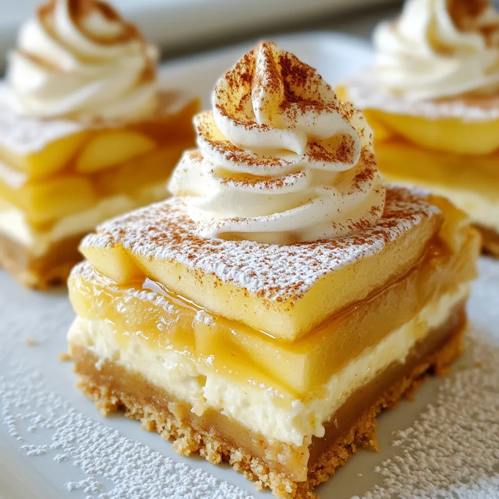 Um die besten Apple Pie Cheesecake Bars zuzubereiten, brauchst du folgende Zutaten: - 240 g Graham-Cracker-Brösel - 115 g ungesalzene Butter, geschmolzen - 30 g Zucker - 450 g Frischkäse, weich - 100 g Zucker - 1 Teelöffel Vanilleextrakt - 2 große Eier - 1 Teelöffel Zimt - 3 Äpfel, geschält und dünn geschnitten (ca. 3 mittelgroße Äpfel) - 100 g brauner Zucker - 1 Esslöffel Zitronensaft - 1/2 Teelöffel Muskatnuss - 1 Esslöffel Speisestärke Für das Rezept benötigst du einige wichtige Geräte: - Eine große Schüssel zum Mischen - Eine mittlere Schüssel für die Äpfel - Ein Handmixer oder Schneebesen - Eine 23x23 cm (9x9 Zoll) Backform - Backpapier für die Form - Ein Spachtel zum Verteilen Die Wahl der Äpfel ist wichtig für den Geschmack. Ich empfehle, eine Mischung aus süßen und sauren Äpfeln zu verwenden. - Granny Smith: Diese Äpfel sind sauer und geben einen guten Kontrast. - Honeycrisp: Sie sind süß und knusprig, perfekt für die Füllung. - Fuji oder Gala: Diese sind süß und machen die Bars schmackhaft. Wähle Äpfel, die fest sind und keine Druckstellen haben. Frische Äpfel geben den besten Geschmack. {{ingredient_image_2}} Heize deinen Ofen auf 163°C vor. Nimm eine mittelgroße Schüssel und mische 240 g Graham-Cracker-Brösel, 115 g geschmolzene Butter und 30 g Zucker. Rühre die Mischung gut durch. Drücke sie gleichmäßig in eine mit Backpapier ausgelegte Backform. Backe die Kruste für 8 Minuten. Lass sie danach etwas abkühlen. In einer großen Schüssel, nimm 450 g weichen Frischkäse. Füge 100 g Zucker und 1 Teelöffel Vanilleextrakt hinzu. Rühre alles glatt und cremig. Gebe die zwei großen Eier nacheinander dazu und mische gut. Füge 1 Teelöffel Zimt hinzu und rühre weiter, bis alles gut vermischt ist. In einer separaten Schüssel, schäle und schneide 3 Äpfel in dünne Scheiben. Vermische die Äpfel mit 100 g braunem Zucker, 1 Esslöffel Zitronensaft, 1/2 Teelöffel Muskatnuss und 1 Esslöffel Speisestärke. Rühre, bis die Äpfel gut bedeckt sind. Gieße die Hälfte der Cheesecake-Füllung gleichmäßig über die abgekühlte Kruste. Schichte die Apfelfüllung darüber. Gieße dann die restliche Cheesecake-Füllung über die Äpfel. Klopfe mit einem Spachtel sanft, damit die Füllung die Äpfel leicht überdeckt. Setze die Form in den vorgeheizten Ofen. Backe die Riegel für 30-35 Minuten. Sie sind fertig, wenn der Cheesecake fest ist und die Ränder leicht goldbraun sind. Die Mitte darf noch wackeln; sie wird beim Abkühlen fester. Nehme die Riegel aus dem Ofen und lasse sie etwa 30 Minuten bei Raumtemperatur abkühlen. Stelle die Riegel dann für mindestens 2-3 Stunden in den Kühlschrank. Wenn sie gut gekühlt sind, hebe die Riegel mit dem Backpapier aus der Form. Schneide sie in Quadrate. Um die beste Konsistenz für deine Apple Pie Cheesecake Bars zu erreichen, achte auf die Frischkäse-Füllung. Die Füllung sollte glatt und cremig sein. Mische den Frischkäse mit Zucker und Vanille gut, bis keine Klumpen mehr sichtbar sind. Füge die Eier nacheinander hinzu und rühre nach jeder Zugabe gut um. So wird die Füllung gleichmäßig und lecker. Ein häufiger Fehler ist, die Riegel zu lange zu backen. Sie sollten in der Mitte leicht wackeln, wenn du sie aus dem Ofen nimmst. Das sorgt für eine cremige Textur. Ein weiterer Fehler ist, die Äpfel nicht richtig vorzubereiten. Mische die geschnittenen Äpfel gründlich mit Zucker und Gewürzen, damit jeder Biss voll Geschmack hat. Achte auch darauf, die Riegel nach dem Backen richtig abkühlen zu lassen. So fallen sie nicht auseinander, wenn du sie schneidest. Für eine ansprechende Präsentation serviere die Riegel gut gekühlt. Bestäube sie mit Puderzucker und füge einen Schuss Karamellsauce hinzu. Ein Klecks Schlagsahne macht sie noch köstlicher. Garniere sie mit einer Prise Zimt für einen schönen Look. Das Auge isst bekanntlich mit, und diese Details machen den Unterschied! Pro Tipps Die richtige Apfelsorte wählen: Verwende einen Mix aus süßen und säuerlichen Äpfeln, wie z.B. Granny Smith und Honeycrisp, um eine ausgewogene Geschmackskombination zu erzielen. Frischkäse gut vorbereiten: Stelle sicher, dass der Frischkäse Zimmertemperatur hat, bevor du ihn verwendest, damit er sich leichter und gleichmäßiger vermischen lässt. Richtig kühlen: Lasse die Riegel nach dem Backen mindestens 2-3 Stunden im Kühlschrank, damit sie die perfekte Konsistenz erreichen und sich leichter schneiden lassen. Mit Karamellsauce verfeinern: Ein Schuss Karamellsauce über die Riegel sorgt für eine besondere Süße und macht sie noch ansprechender. {{image_4}} Du kannst die Äpfel in diesen Riegeln leicht ändern. Im Frühling probiere frische Erdbeeren oder Rhabarber. Diese Früchte bringen eine fruchtige Note. Im Sommer sind Kirschen oder Pfirsiche eine tolle Wahl. Diese Früchte machen die Riegel saftig und süß. Im Herbst kannst du Birnen hinzufügen. Sie harmonieren gut mit Zimt und Muskatnuss. Wenn du glutenfrei kochen möchtest, gibt es einfache Lösungen. Ersetze die Graham-Cracker durch glutenfreie Kekse. Du kannst auch Haferflocken verwenden, um die Kruste zu machen. Achte darauf, dass die Haferflocken glutenfrei sind. Diese Änderungen schmecken gut und sind für alle geeignet. Für mehr Geschmack kannst du zusätzliche Gewürze hinzufügen. Probiere einen Hauch von Ingwer oder Nelken. Diese Gewürze bringen eine warme Note. Du kannst auch einen Spritzer Ahornsirup in die Füllung geben. Das macht die Riegel noch leckerer. Sei kreativ und finde deinen eigenen Geschmack! Die Riegel müssen kühl gelagert werden. Nach dem Backen lasse sie zuerst auf Raumtemperatur abkühlen. Danach legst du sie in den Kühlschrank. Das hilft, die Riegel fest und cremig zu halten. Achte darauf, dass sie gut abgedeckt sind, damit sie nicht austrocknen. Die Riegel bleiben im Kühlschrank 4 bis 5 Tage frisch. Stelle sicher, dass du sie in einem luftdichten Behälter aufbewahrst. So bleiben die Aromen erhalten. Wenn du die Riegel länger aufbewahren möchtest, kannst du sie auch einfrieren. Im Gefrierschrank halten sie bis zu 3 Monate. Wenn du die Riegel aufwärmen möchtest, gehe vorsichtig vor. Du kannst sie kurz in die Mikrowelle legen. Erhitze sie in 10-Sekunden-Intervallen, bis sie warm sind. Serviere sie mit Puderzucker oder Karamellsauce für einen besonderen Genuss. Die Riegel schmecken auch kalt sehr gut. Die Riegel müssen mindestens 2-3 Stunden im Kühlschrank sein. So werden sie fest und leicht zu schneiden. Ich empfehle, sie über Nacht kühlen. Dann sind sie am besten. Ja, du kannst die Cheesecake-Füllung im Voraus machen. Bereite sie bis zu einem Tag vorher zu. Lagere sie in einem luftdichten Behälter im Kühlschrank. So sparst du Zeit beim Backen. Für diese Riegel sind süße Äpfel ideal. Sorten wie Fuji, Honeycrisp oder Gala passen gut. Sie geben einen tollen Geschmack und eine schöne Süße. Vermeide saure Äpfel wie Granny Smith. Ja, du kannst die Riegel einfrieren. Schneide sie in Stücke und lege sie in einen Gefrierbeutel. Achte darauf, die Luft gut herauszudrücken. Sie halten sich bis zu 3 Monate im Gefrierfach. Um sie zu genießen, taue sie im Kühlschrank auf. Die Zutaten für die Apfel-Cheesecake-Riegel sind klar definiert und einfach zu finden. Ich habe erklärt, wie man die Basis, Füllung und Apfelfüllung zubereitet. Zudem habe ich Tipps gegeben, wie man die Riegel perfekt lagert und präsentiert. Darüber hinaus sind Variationen und häufige Fehler behandelt worden. Diese Riegel sind vielseitig und einfach. Du kannst sie nach deinem Geschmack anpassen. Probiere verschiedene Früchte oder Gewürze aus. Mit diesen Tipps kannst du köstliche Riegel zaubern, die jeden begeistern!