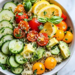 Dieser Salat ist frisch und gesund. Hier sind die Hauptzutaten, die du brauchst: - 1 Tasse Quinoa, gründlich abgespült - 2 Tassen Wasser oder Gemüsebrühe - 1 mittlere Gurke, gewürfelt - 1 Tasse Cherrytomaten, halbiert - 1/4 Tasse rote Zwiebel, fein gehackt - 1 Avocado, gewürfelt - 2 Esslöffel frische Petersilie, gehackt - 2 Esslöffel frisches Basilikum, gehackt - 3 Esslöffel Olivenöl - 2 Esslöffel Zitronensaft - 2 Knoblauchzehen, fein gehackt - Salz und Pfeffer nach Geschmack Jede Zutat bringt ihren eigenen Geschmack und Nährstoffe. Quinoa ist eine großartige Quelle für Eiweiß und Ballaststoffe. Die Gurke und die Tomaten sorgen für Frische. Avocado fügt gesunde Fette hinzu. Frische Kräuter wie Petersilie und Basilikum sind wichtig. Sie geben Geschmack und Farbe. Außerdem enthalten sie viele Vitamine und Antioxidantien. Petersilie hilft bei der Verdauung und Basilikum hat entzündungshemmende Eigenschaften. Du kannst den Salat leicht anpassen. Probiere zum Beispiel: - Paprika für mehr Süße - Feta-Käse für einen salzigen Kick - Kichererbsen für zusätzliches Eiweiß Diese Zutaten machen deinen Zitronen-Knoblauch-Quinoa-Salat noch abwechslungsreicher. Sei kreativ und finde deine Lieblingskombination! {{ingredient_image_2}} Um die Quinoa richtig vorzubereiten, spülen Sie zuerst eine Tasse Quinoa gründlich ab. Dies entfernt Bitterstoffe. Danach geben Sie die Quinoa in einen mittelgroßen Topf. Fügen Sie zwei Tassen Wasser oder Gemüsebrühe hinzu. Stellen Sie den Herd auf mittlere Hitze. Bringen Sie die Mischung zum Kochen. Wenn es kocht, reduzieren Sie die Hitze auf niedrig. Setzen Sie den Deckel auf den Topf und lassen Sie die Quinoa etwa 15 Minuten köcheln. Sie ist fertig, wenn die Flüssigkeit aufgenommen ist. Nehmen Sie den Topf vom Herd und lassen Sie die Quinoa 10 Minuten abkühlen. Lockern Sie die Quinoa mit einer Gabel auf. Jetzt ist es Zeit, die frischen Zutaten zu vermischen. Nehmen Sie eine große Rührschüssel. Geben Sie die gewürfelte Gurke, die halbierten Cherrytomaten und die fein gehackte rote Zwiebel in die Schüssel. Fügen Sie die gewürfelte Avocado, die gehackte Petersilie und das frische Basilikum hinzu. Diese Zutaten bringen Frische und Farbe in den Salat. Mischen Sie alles vorsichtig, damit die Avocado nicht zerdrückt wird. Für das Dressing nehmen Sie eine kleine Schüssel. Geben Sie drei Esslöffel Olivenöl, zwei Esslöffel Zitronensaft und zwei fein gehackte Knoblauchzehen hinein. Schlagen Sie die Mischung kräftig auf, bis sie gut vermischt ist. Gießen Sie das Dressing über die Salatzutaten in der großen Schüssel. Fügen Sie dann die abgekühlte Quinoa hinzu. Vermengen Sie alles vorsichtig, bis die Zutaten gleichmäßig verteilt sind. Schmecken Sie den Salat ab und passen Sie die Gewürze nach Ihrem Geschmack an. Lassen Sie den Salat etwa 10 Minuten ruhen, damit sich die Aromen gut verbinden. Quinoa ist einfach zuzubereiten, wenn Sie einige Schritte beachten. Spülen Sie die Quinoa zuerst gründlich ab. Das entfernt Bitterstoffe. Nehmen Sie dann einen mittelgroßen Topf. Fügen Sie die Quinoa und Wasser oder Gemüsebrühe hinzu. Das Kochen dauert etwa 15 Minuten. Achten Sie darauf, die Hitze nach dem Kochen zu reduzieren. Lassen Sie die Quinoa abgedeckt ruhen. Diese Schritte sorgen für perfekte Quinoa. Jeder hat andere Vorlieben. Fühlen Sie sich frei, die Zutaten zu variieren. Mögen Sie es schärfer? Fügen Sie etwas Chili oder Paprika hinzu. Für mehr Frische können Sie Minze oder Koriander verwenden. Wenn Sie Nüsse mögen, probieren Sie geröstete Mandeln oder Walnüsse. Seien Sie kreativ! Passen Sie den Salat an Ihren Geschmack an. Präsentation ist wichtig. Servieren Sie den Salat in einer großen Schüssel. Dekorieren Sie ihn mit frischen Kräutern. Zitronenscheiben am Rand schaffen einen tollen Blick. Dies macht den Salat einladend. Für ein Buffet können kleine Schalen verwendet werden. So können sich Gäste selbst bedienen. Egal, ob für ein Picknick oder ein Fest, dieser Salat wird alle begeistern. Pro Tipps Quinoa richtig kochen: Achten Sie darauf, die Quinoa gründlich abzuspülen, um Bitterstoffe zu entfernen und einen besseren Geschmack zu erzielen. Frische Kräuter hinzufügen: Verwenden Sie frische Kräuter wie Petersilie und Basilikum für einen intensiveren Geschmack. Diese verleihen dem Salat mehr Frische. Dressing nicht vergessen: Lassen Sie das Dressing für einige Minuten ruhen, bevor Sie es über den Salat gießen, damit sich die Aromen besser entfalten können. Serviertipps: Garnieren Sie den Salat mit zusätzlichen Kräutern und Zitronenscheiben für eine ansprechende Präsentation und zusätzlichen Geschmack. {{image_4}} Für eine vegetarische oder vegane Note können Sie Feta-Käse weglassen. Stattdessen probieren Sie geröstete Nüsse oder Samen. Diese geben einen tollen Crunch. Auch Kichererbsen passen gut in diesen Salat. Sie steigern den Proteingehalt und machen den Salat gehaltvoller. Wenn Sie mehr Protein brauchen, fügen Sie gebratene Hähnchenbrust oder gebackenen Tofu hinzu. Diese Optionen machen den Salat sättigender. Auch gekochte Eier sind eine gute Wahl. Sie geben einen reichen Geschmack und viel Nährstoffe. Nutzen Sie frisches, saisonales Gemüse. Im Frühling sind Spargel und Erbsen toll. Im Sommer geben Paprika und Zucchini Farbe und Geschmack. Im Herbst können Sie Kürbiswürfel hinzufügen. Im Winter sind geröstete Wurzelgemüse eine gute Wahl. Experimentieren Sie und finden Sie Ihre Lieblingskombination! Um den Zitronen-Knoblauch-Quinoa-Salat frisch zu halten, lagere ihn in einem luftdichten Behälter. Stelle sicher, dass der Behälter gut verschlossen ist, um Feuchtigkeit und Gerüche fernzuhalten. Du kannst den Salat auch in Portionen aufteilen, um ihn einfacher zu genießen. Der Salat bleibt im Kühlschrank etwa 3 bis 5 Tage frisch. Achte darauf, ihn vor dem Essen gut umzurühren, da sich die Zutaten setzen können. Wenn du feststellst, dass der Salat nicht mehr frisch aussieht oder riecht, wirf ihn weg. Einfrieren ist nicht ideal für diesen Salat, da die frischen Zutaten ihre Textur verlieren können. Wenn du dennoch Reste einfrieren möchtest, lasse die Avocado und die Gurke weg. Friere die Quinoa und das Gemüse in einem geeigneten Behälter ein. Zum Auftauen, lasse ihn im Kühlschrank über Nacht auftauen. Der Zitronen-Knoblauch-Quinoa-Salat hat etwa 250 Kalorien pro Portion. Die genauen Kalorien können je nach genauen Zutaten und Portionsgröße leicht variieren. Diese leichte und gesunde Speise enthält hochwertige Nährstoffe. Quinoa liefert Proteine und Ballaststoffe. Gemüse wie Gurke und Tomaten fügen Vitamine hinzu. Avocado bringt gesunde Fette mit. So bleibt der Salat nahrhaft und lecker. Ja, du kannst die Quinoa im Voraus kochen. Es ist eine gute Idee, Zeit zu sparen. Koche die Quinoa einfach nach dem Rezept und lasse sie abkühlen. Danach kannst du sie in einem luftdichten Behälter im Kühlschrank aufbewahren. Sie bleibt bis zu fünf Tage frisch. Wenn du bereit bist, den Salat zu machen, mische die Quinoa mit den anderen Zutaten. So hast du schnell eine gesunde Mahlzeit. Um das Rezept für größere Portionen anzupassen, verdopple einfach die Zutaten. Verwende zwei Tassen Quinoa und vier Tassen Wasser oder Brühe. Erhöhe auch die Menge an Gemüse und Kräutern. Achte darauf, das Dressing entsprechend zu vergrößern. Dies stellt sicher, dass alle Zutaten gut gewürzt sind. Du kannst so viele Portionen machen, wie du benötigst. Das ist perfekt für Partys oder große Familienessen. Der Zitronen-Knoblauch-Quinoa-Salat bietet frische Zutaten und einen gesunden Genuss. Wir haben die Hauptzutaten, Kräuter und Anpassungsmöglichkeiten erkundet. Die Schritt-für-Schritt-Anleitung macht das Zubereiten einfach. Tipps zur Quinoa und Servierempfehlungen helfen dir, den Salat zu perfektionieren. Experimentiere mit Variationen für deinen Geschmack. Achte auf die Aufbewahrung und Haltbarkeit für volle Frische. Du kannst die Fragen im Abschnitt FAQs für mehr Klarheit nutzen. Nutze diesen Salat als kreative Ergänzung zu deinen Mahlzeiten.