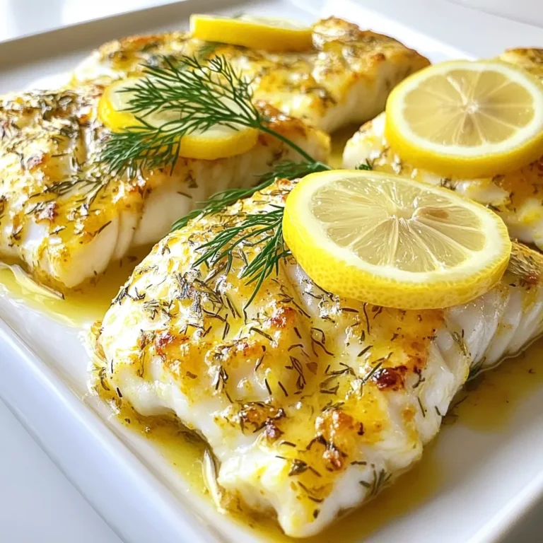 Für dieses Rezept benötigen Sie frische und hochwertige Zutaten. Hier sind die Hauptzutaten: - 4 Kabeljaufilets (je etwa 170 g) - 3 Esslöffel Olivenöl - 2 Esslöffel frischer Zitronensaft - Abrieb von 1 Zitrone - 3 Knoblauchzehen, fein gehackt Diese Zutaten machen den Kabeljau saftig und aromatisch. Frischer Kabeljau hat eine zarte Textur. Olivenöl sorgt für einen schönen Glanz und Geschmack. Zitronensaft bringt Frische ins Spiel. Der Abrieb der Zitrone intensiviert das Zitrusaroma. Knoblauch gibt eine würzige Note. Die Gewürze und die Marinade sind der Schlüssel zu einem tollen Geschmack. Hier sind die Zutaten: - 1 Teelöffel frischer Dill, gehackt - 1 Teelöffel getrockneter Thymian - Salz und Pfeffer nach Geschmack Dill passt perfekt zu Fisch. Er hat ein frisches und leicht süßliches Aroma. Thymian fügt eine erdige Tiefe hinzu. Salz und Pfeffer bringen die Aromen zu ihrem Höhepunkt. Mischen Sie alles gut in einer Schüssel. So entsteht eine gleichmäßige Marinade, die den Kabeljau umhüllt. Die Garnierungen machen das Gericht besonders. Sie sehen nicht nur gut aus, sondern schmecken auch toll. Hier sind die Garnierungen: - Zitronenscheiben zur Garnierung - Frische Dillzweige zur Garnierung Zitronenscheiben bringen Farbe auf den Teller. Sie sind auch eine tolle Ergänzung zum Geschmack. Frische Dillzweige geben zusätzliches Aroma. Sie machen das Gericht optisch ansprechend. Kombinieren Sie den Kabeljau mit leichten Beilagen. Ein frischer Salat oder gedämpftes Gemüse passen sehr gut dazu. {{ingredient_image_2}} Heize deinen Ofen auf 200 °C vor. Nimm eine Auflaufform und lege sie mit Backpapier aus. Das macht die Reinigung einfach. Stelle sicher, dass die Form groß genug für vier Kabeljaufilets ist. Eine gute Vorbereitung hilft beim Kochen. Nehme eine kleine Schüssel. Gib 3 Esslöffel Olivenöl, 2 Esslöffel frischen Zitronensaft und den Abrieb von einer Zitrone hinein. Füge 3 fein gehackte Knoblauchzehen, 1 Teelöffel frisch gehackten Dill und 1 Teelöffel getrockneten Thymian hinzu. Mische alles gut. Schmecke die Marinade mit Salz und Pfeffer ab. Sie sollte frisch und lecker riechen. Lege die Kabeljaufilets in die vorbereitete Auflaufform. Achte darauf, dass die Hautseite nach unten zeigt. Gieße die Marinade gleichmäßig über die Filets. Die Marinade gibt dem Fisch viel Geschmack. Backe den Kabeljau für 15 bis 20 Minuten. Der Fisch ist fertig, wenn er leicht mit einer Gabel zerteilt werden kann. Nehme die Form aus dem Ofen und lasse den Kabeljau ein paar Minuten ruhen. So setzen sich die Aromen besser. Garniere das Gericht mit frischen Zitronenscheiben und Dillzweigen. Serviere den Kabeljau warm und genieße die frischen Aromen! Die perfekte Garzeit für Kabeljau liegt zwischen 15 und 20 Minuten. Der Fisch muss durchgegart sein. Wenn er sich leicht mit einer Gabel zerteilen lässt, ist er fertig. Achten Sie darauf, den Fisch nicht zu lange zu backen. Überbackener Kabeljau wird trocken und zäh. Wählen Sie frischen Kabeljau, der fest und leicht glänzend ist. Der Geruch sollte frisch nach Meer riechen. Achten Sie auch auf klare Augen, wenn Sie ganze Fische kaufen. Für die Marinade verwenden Sie frische Kräuter wie Dill. Frischer Zitronensaft hat mehr Geschmack als Konzentrat. Die Marinade ist der Schlüssel zu diesem Gericht. Mischen Sie Olivenöl, Zitronensaft, Zitronenabrieb, Knoblauch, Dill und Thymian gut. Diese Mischung gibt dem Fisch viel Geschmack. Lassen Sie die Filets in der Marinade für mindestens 15 Minuten ziehen. So nehmen sie die Aromen besser auf. Pro Tipps Frischen Fisch wählen: Achten Sie darauf, frische Kabeljaufilets zu verwenden, um den besten Geschmack und die beste Textur zu erzielen. Marinade einziehen lassen: Lassen Sie die Kabeljaufilets mindestens 15 Minuten in der Marinade ruhen, um den Geschmack zu intensivieren. Ofentemperatur überprüfen: Jeder Ofen kann unterschiedlich sein; überprüfen Sie den Fisch einige Minuten vor Ende der Garzeit, um ein Übergaren zu vermeiden. Variationen ausprobieren: Experimentieren Sie mit Kräutern wie Petersilie oder Estragon, um verschiedene Geschmacksrichtungen zu entdecken. {{image_4}} Du kannst statt Kabeljau auch andere Fische verwenden. Gute Alternativen sind Heilbutt, Seelachs oder Tilapia. Diese Fische haben ähnliche Texturen und Geschmäcker. Wähle frischen Fisch für das beste Ergebnis. Achte darauf, die Garzeit je nach Fisch anzupassen. Dünnere Filets brauchen weniger Zeit, dickerer Fisch mehr. Wenn du eine vegetarische Option suchst, probiere Tofu oder Gemüse. Tofu nimmt die Aromen gut auf. Mariniere den Tofu gleich wie den Fisch. Für Gemüse sind Zucchini, Paprika oder Spargel ideal. Schneide sie in Stücke und lege sie in die Auflaufform. Die Backzeit bleibt ähnlich, achte aber darauf, dass alles gut gar ist. Du kannst die Aromen nach deinem Geschmack anpassen. Füge frischen Ingwer für etwas Schärfe hinzu oder verwende Petersilie statt Dill. Für eine asiatische Note kannst du Sojasauce und Sesamöl verwenden. Probiere auch andere Zitrusfrüchte wie Limetten oder Orangen. Experimentiere mit verschiedenen Kräutern, um deinen eigenen Twist zu finden. Um die Reste von Zitronen-Dill gebackenem Kabeljau frisch zu halten, lege sie in einen luftdichten Behälter. Das verhindert, dass der Fisch austrocknet. Du kannst die Reste auch in Alufolie wickeln, aber der Behälter ist besser. Stelle sicher, dass der Kabeljau abgekühlt ist, bevor du ihn lagerst. So bleibt der Geschmack erhalten. Beim Wiedereinwärmen ist es wichtig, den Kabeljau schonend zu erhitzen. Heize den Ofen auf 170 °C vor. Lege die Filets auf ein Backblech und decke sie mit Folie ab. So bleibt der Fisch saftig. Erwärme ihn für etwa 10 Minuten. Überprüfe, ob er durchgewärmt ist. Achte darauf, ihn nicht zu lange zu backen, sonst wird er trocken. Im Kühlschrank hält sich der Kabeljau 2 bis 3 Tage. Achte darauf, ihn gut verpackt zu lagern. Wenn du ihn länger aufbewahren möchtest, kannst du ihn einfrieren. Im Gefrierfach bleibt er bis zu 3 Monate frisch. Verpacke ihn dazu in Folie und dann in einen Gefrierbeutel. So bekommst du den besten Geschmack, wenn du ihn wieder auftauen möchtest. Kabeljau braucht etwa 15-20 Minuten im Ofen. Die genaue Zeit hängt von der Dicke der Filets ab. Die Temperatur sollte 200 °C betragen. Der Fisch ist fertig, wenn er sich leicht mit einer Gabel zerteilen lässt. Achte darauf, den Kabeljau nicht zu lange zu backen. Andernfalls wird er trocken. Ja, du kannst frischen Dill durch getrockneten ersetzen. Beachte jedoch, dass der Geschmack anders ist. Verwende etwa ein Drittel der Menge. Getrockneter Dill hat einen stärkeren Geschmack. Frischer Dill bringt mehr Frische. Experimentiere, um die perfekte Balance zu finden. Zu gebackenem Kabeljau passen viele Beilagen. Probiere dazu: - Reis oder Quinoa - Gedünstetes Gemüse wie Brokkoli oder Spargel - Salate mit frischen Zutaten - Knoblauchbrot für extra Geschmack Diese Kombinationen ergänzen den Fisch und machen das Gericht noch leckerer. Ja, Kabeljau ist sehr gesund. Er enthält viel Eiweiß und wenig Fett. Außerdem ist er reich an Omega-3-Fettsäuren. Diese Fette sind gut für dein Herz. Kabeljau liefert auch wichtige Vitamine, wie B12 und D. Er ist eine großartige Wahl für eine gesunde Ernährung. Zitronen-Dill gebackener Kabeljau ist einfach zuzubereiten und schmeckt fantastisch. Wir haben die Hauptzutaten, die Marinade und köstliche Beilagen behandelt. Mit unseren Tipps gelingt der Fisch perfekt. Auch verschiedene Variationen und Aufbewahrungshinweise helfen dir, deine Küche kreativ zu gestalten. Du kannst sicher sein, dass frischer Kabeljau nicht nur lecker, sondern auch gesund ist. Jetzt liegt es an dir, das Rezept auszuprobieren und deine Familie zu begeistern!