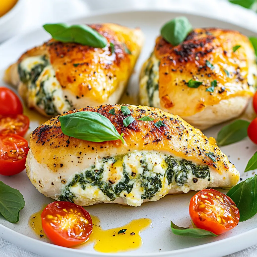 Für dieses leckere Gericht benötigen Sie: - 4 Hähnchenbrustfilets, ohne Haut und Knochen - 1 Tasse Ricottakäse - 1 Tasse frischer Spinat, grob gehackt - ½ Tasse geriebener Mozzarella-Käse - 2 Knoblauchzehen, fein gehackt - 1 Teelöffel getrockneter Oregano - 1 Teelöffel Salz - ½ Teelöffel schwarzer Pfeffer - 2 Esslöffel Olivenöl - ½ Tasse Kirschtomaten, halbiert (zum Garnieren) - Frische Basilikumblätter (zum Garnieren) Falls Sie Allergien haben, gibt es Alternativen: - Verwenden Sie Ziegenkäse statt Ricotta für einen anderen Geschmack. - Für glutenfreie Varianten, achten Sie auf glutenfreies Brot, wenn Sie es als Beilage servieren. - Veganer können eine Mischung aus Cashewcreme und Hefeflocken nutzen. Frische Zutaten machen den Unterschied: - Wählen Sie Hähnchenbrustfilets, die fest und rosa sind. - Achten Sie darauf, dass der Spinat knackig und grün ist. - Der Ricottakäse sollte cremig und ohne Klumpen sein. - Kaufen Sie Kirschtomaten, die fest und glänzend sind. Mit diesen Tipps und Zutaten wird Ihr Spinat-Ricotta gefülltes Hähnchen sicher ein Hit! {{ingredient_image_2}} Zuerst heizen Sie den Ofen auf 190°C vor. Stellen Sie sicher, dass alle Zutaten bereit sind. Sie benötigen vier Hähnchenbrustfilets, Ricotta, frischen Spinat, Mozzarella, Knoblauch, Oregano, Salz und Pfeffer. Auch Olivenöl und Kirschtomaten sind wichtig. Legen Sie alles auf die Arbeitsfläche, um schnell zu arbeiten. In einer großen Schüssel vermischen Sie den Ricottakäse, den gehackten Spinat und den geriebenen Mozzarella. Fügen Sie den fein gehackten Knoblauch, den Oregano, das Salz und den Pfeffer hinzu. Mischen Sie alles gut, bis es gleichmäßig aussieht. Jetzt nehmen Sie die Hähnchenbrustfilets. Sie sollten sie mit Küchenpapier trocken tupfen. Schneiden Sie dann vorsichtig eine Tasche in jedes Filet. Achten Sie darauf, nicht ganz durchzuschneiden. Füllen Sie jedes Filet mit etwa ¼ der Ricotta-Mischung. Drücken Sie die Füllung leicht hinein. Erhitzen Sie das Olivenöl in einer ofenfesten Pfanne bei mittlerer bis hoher Hitze. Legen Sie die gefüllten Hähnchenbrustfilets in die Pfanne. Braten Sie jede Seite etwa 4 bis 5 Minuten lang, bis sie goldbraun sind. Übertragen Sie die Pfanne nun in den vorgeheizten Ofen. Backen Sie das Hähnchen für 20 bis 25 Minuten. Es sollte eine Innentemperatur von 75°C erreichen, um sicher zu sein, dass es durchgegart ist. Nach dem Backen lassen Sie das Hähnchen für 5 Minuten ruhen. Das hilft, die Säfte zu halten. Schneiden Sie das Hähnchen in Scheiben und garnieren Sie es mit halbierten Kirschtomaten und frischen Basilikumblättern. Um das Hähnchen perfekt zuzubereiten, ist es wichtig, die Temperaturen zu beachten. Heize deinen Ofen auf 190°C vor. Dies sorgt für eine gleichmäßige Garung. Achte darauf, dass die Hähnchenbrustfilets nicht zu dick sind. So garen sie schneller und gleichmäßiger. Wenn du die Füllung machst, mische alle Zutaten gut. Dies sorgt für einen tollen Geschmack in jedem Bissen. Ein häufiger Fehler ist, die Hähnchenbrust zu überfüllen. Wenn du zu viel Füllung hinzufügst, kann das Hähnchen platzen. Achte darauf, die Tasche gut zu schneiden, aber nicht ganz durch. Ein weiterer Fehler ist, das Hähnchen zu kurz zu braten. Brate es, bis es goldbraun ist, bevor du es in den Ofen gibst. Richte das gefüllte Hähnchen schön an. Du kannst die halbierten Kirschtomaten und frischen Basilikumblätter als Garnitur verwenden. Diese bringen Farbe und Geschmack. Serviere das Gericht mit einem frischen Salat oder Reis. So wird das Essen noch leckerer und bunter. Pro Tipps Frischer Spinat: Verwenden Sie frischen Spinat für den besten Geschmack und Nährstoffgehalt. Blanchieren Sie ihn kurz, um die Farbe und Textur zu verbessern. Käsevariation: Experimentieren Sie mit verschiedenen Käsesorten wie Feta oder Gouda für eine andere Geschmacksnote in der Füllung. Vorfrittieren: Um eine noch knusprigere Oberfläche zu erzielen, können Sie die Hähnchenbrustfilets vor dem Backen in einer Panade wenden. Ruhen lassen: Nach dem Backen das Hähnchen mindestens 5 Minuten ruhen lassen, damit die Säfte sich setzen und das Fleisch saftig bleibt. {{image_4}} Wenn du eine vegetarische Option suchst, kannst du die Hähnchenbrust durch eine Zucchini oder Aubergine ersetzen. Diese Gemüsearten lassen sich gut füllen und sind schmackhaft. Du kannst auch eine Mischung aus Ricotta und verschiedenen Gemüsesorten verwenden. Probiere zum Beispiel Feta, Paprika und Zwiebeln. Diese Kombination bringt frische Aromen und ist eine echte Delikatesse. Die Gewürze in diesem Rezept sind wichtig, aber du kannst sie anpassen! Füge frischen Basilikum oder Petersilie hinzu, um einen neuen Geschmack zu erzielen. Für etwas Schärfe kannst du rote Paprika oder Chili verwenden. Wenn du einen italienischen Flair möchtest, probiere italienische Kräuter wie Thymian oder Rosmarin. Diese Gewürze machen das Gericht noch besser. Das gefüllte Hähnchen schmeckt toll mit vielen Beilagen. Ein frischer grüner Salat ist eine leichte und gesunde Wahl. Du kannst auch geröstetes Gemüse oder einen cremigen Risotto servieren. Wenn du etwas Warmes möchtest, sind Kartoffelpüree oder gebackene Kartoffeln perfekt. Diese Beilagen ergänzen das Hähnchen wunderbar und machen das Essen komplett. Wenn du Reste von deinem Spinat-Ricotta gefüllten Hähnchen hast, bewahre sie richtig auf. Lege das Hähnchen in einen luftdichten Behälter. Das hält es frisch und lecker. Du kannst die Reste auch in Frischhaltefolie einwickeln. Stelle sicher, dass sie gut verpackt sind, um den Geschmack zu erhalten. Um das Hähnchen aufzuwärmen, benutze den Ofen. Das hilft, die Textur wiederherzustellen. Heize den Ofen auf 160°C vor. Lege das Hähnchen in eine Auflaufform und bedecke es mit Folie. So bleibt es saftig. Erwärme es für etwa 15-20 Minuten. Überprüfe, ob es heiß ist, bevor du es servierst. Im Kühlschrank bleibt dein gefülltes Hähnchen etwa 3 bis 4 Tage frisch. Achte darauf, es sicher zu verpacken. Wenn du es länger aufbewahren möchtest, friere es ein. Im Tiefkühler kann es bis zu 3 Monate halten. Verwende einen luftdichten Behälter oder einen Gefrierbeutel. So bleibt der Geschmack beim Auftauen erhalten. Das Hähnchen muss 20 bis 25 Minuten im Ofen backen. Die richtige Temperatur ist 190°C. Um sicher zu sein, dass es gar ist, prüfen Sie die Innentemperatur. Diese sollte 75°C erreichen. So bleibt das Hähnchen saftig und zart. Ja, Sie können das Rezept im Voraus zubereiten. Füllen Sie die Hähnchenbrustfilets und lagern Sie sie im Kühlschrank. Sie können sie bis zu einem Tag vorher zubereiten. So sparen Sie Zeit, wenn Sie Gäste haben oder ein schnelles Mittagessen planen. Zu Spinat-Ricotta gefülltem Hähnchen passen leichte Weißweine gut. Ein Sauvignon Blanc oder ein Pinot Grigio sind tolle Optionen. Für alkoholfreie Getränke empfehle ich Mineralwasser mit Zitrone oder einen frischen Eistee. Diese Getränke ergänzen den Geschmack des Hähnchens perfekt. Das gefüllte Hähnchen mit Spinat und Ricotta ist einfach zuzubereiten. Die Zutaten und die Schritt-für-Schritt-Anleitung helfen dir, ein köstliches Gericht zu schaffen. Ich hoffe, diese Tipps und Tricks machen das Kochen leichter. Variationen ermöglichen dir, das Gericht nach deinem Geschmack anzupassen. Denke auch daran, Reste richtig zu lagern, damit sie frisch bleiben. Mit diesen Informationen hast du alles, was du brauchst, um ein perfektes Mahl zu kreieren. Jetzt liegt es an dir, es auszuprobieren und zu genießen!