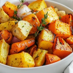 Für das köstliche Kräuter-Röstgemüse brauchst du diese frischen Zutaten: - 2 mittelgroße Karotten, geschält und in dicke Runden geschnitten - 2 mittelgroße Pastinaken, geschält und in dicke Runden geschnitten - 1 große Süßkartoffel, geschält und in Würfel geschnitten - 1 kleine rote Zwiebel, in Spalten geschnitten - 3 Esslöffel Olivenöl - 2 Teelöffel frischer Thymian, gehackt (oder 1 Teelöffel getrockneter Thymian) - 2 Teelöffel frischer Rosmarin, gehackt (oder 1 Teelöffel getrockneter Rosmarin) - 1 Esslöffel Honig (optional für einen Hauch von Süße) - Salz und Pfeffer nach Geschmack Frische Kräuter bringen einen tollen Geschmack. Sie sind lebendig und aromatisch. Ich empfehle, frischen Thymian und Rosmarin zu verwenden. Sie sind leicht zu finden. Wenn du keine frischen Kräuter hast, sind getrocknete auch gut. Verwende dann weniger, da sie konzentrierter sind. Ein Teelöffel getrockneter Kräuter reicht oft. Halte die Kräuter in einem luftdichten Behälter. So bleiben sie frisch. Die Nährstoffe in deinem Kräuter-Röstgemüse sind wichtig. Es ist eine gesunde Wahl: - Karotten und Pastinaken sind reich an Ballaststoffen und Vitaminen. - Süßkartoffeln bringen Antioxidantien. - Zwiebeln sind gut für das Herz. - Olivenöl enthält gesunde Fette. - Honig gibt einen süßen Geschmack, hat aber auch einige Nährstoffe. Dieses Gericht ist nährstoffreich und lecker. Es ist ein Genuss für jeden! {{ingredient_image_2}} Heize deinen Ofen auf 220°C (425°F) vor. Ein heißer Ofen hilft, das Gemüse knusprig zu machen. Lege ein Backblech mit Backpapier aus. So bleibt das Blech sauber und das Gemüse klebt nicht. Schäle die Karotten und Pastinaken. Schneide sie in dicke Runden. Nimm die Süßkartoffel und schneide sie in Würfel. Verwende eine kleine rote Zwiebel und schneide sie in Spalten. In einer großen Schüssel vermenge das Gemüse. Träufle 3 Esslöffel Olivenöl darüber. Wenn du magst, füge 1 Esslöffel Honig hinzu. Dann würze das Ganze mit Salz und Pfeffer. Mische alles gut, damit das Öl gleichmäßig verteilt ist. Füge 2 Teelöffel frischen Thymian und 2 Teelöffel frischen Rosmarin hinzu. Mische alles erneut, bis die Kräuter gleichmäßig verteilt sind. Verteile die Gemüsemischung gleichmäßig auf dem Backblech. Achte darauf, dass die Stücke nicht übereinander liegen. Röste das Gemüse für 30-35 Minuten. Rühre das Gemüse nach der Hälfte der Zeit um. So wird es gleichmäßig goldbraun und zart. Nimm das Blech nach dem Rösten aus dem Ofen. Lass das Gemüse einige Minuten abkühlen, bevor du es servierst. Um die besten Ergebnisse zu erzielen, beachte diese Tipps: - Gemüse gleichmäßig schneiden: Achte darauf, dass alle Stücke die gleiche Größe haben. So garen sie gleichmäßig. - Hohe Temperatur: Röste das Gemüse bei 220°C. Eine hohe Temperatur hilft, es knusprig zu machen. - Genug Platz: Lege das Gemüse in einer einzigen Schicht auf das Blech. Zu eng beieinander, garen sie nicht richtig. - Öl gleichmäßig verteilen: Das Olivenöl sorgt für eine schöne Bräunung. Verteile es gut über das Gemüse. Es gibt einige Fehler, die du vermeiden solltest: - Zu wenig Öl: Zu wenig Öl macht das Gemüse trocken. Achte darauf, genug zu verwenden. - Nicht umrühren: Rühre das Gemüse während des Röstens um. So wird es gleichmäßig gebräunt. - Zu lange im Ofen lassen: Behalte die Garzeit im Auge. Zu langes Rösten macht das Gemüse matschig. - Falsche Kräuter: Verwende frische Kräuter, wenn möglich. Sie geben mehr Geschmack als getrocknete. Du kannst das Rezept leicht anpassen: - Süße hinzufügen: Ein Esslöffel Honig macht das Gericht süßer und leckerer. - Andere Kräuter: Probiere Basilikum oder Oregano für einen anderen Geschmack. - Gemüsevariationen: Füge Kürbis oder Rüben hinzu. Sie bringen neue Aromen ins Spiel. - Gewürze hinzufügen: Experimentiere mit Paprika oder Kreuzkümmel für einen würzigen Kick. Diese Tipps helfen dir, das perfekte Kräuter-Röstgemüse zuzubereiten! Pro Tipps Gemüse gleichmäßig schneiden: Achte darauf, das Gemüse in gleich große Stücke zu schneiden, damit es gleichmäßig gart und die Garzeit nicht variiert. Öl und Gewürze gut vermischen: Mische das Olivenöl und die Gewürze gründlich mit dem Gemüse, um sicherzustellen, dass jeder Bissen voll von Geschmack ist. Rösten für die beste Textur: Röste das Gemüse bei hoher Temperatur, damit es außen schön knusprig und innen zart wird. Variiere die Kräuter: Experimentiere mit verschiedenen frischen Kräutern, wie Basilikum oder Oregano, um dem Gericht eine neue Geschmacksrichtung zu verleihen. {{image_4}} Du kannst viele verschiedene Gemüsesorten verwenden. Im Frühling sind Spargel und Radieschen toll. Im Sommer kannst du Zucchini und Paprika hinzufügen. Im Herbst sind Kürbis und Rüben perfekt. Diese Gemüse bieten neue Aromen und Farben. So wird dein Gericht abwechslungsreich und spannend. Diese Rezept ist schon vegan und glutenfrei. Du kannst den Honig durch Ahornsirup ersetzen. Das bringt eine süße Note. Achte darauf, dass alle Zutaten glutenfrei sind, wenn du Allergien hast. Du kannst auch andere pflanzliche Öle verwenden, wie Avocadoöl oder Kokosöl. Die Kräuter geben dem Gemüse viel Geschmack. Du kannst auch Oregano oder Basilikum verwenden. Für einen scharfen Kick füge etwas Cayennepfeffer hinzu. Experimentiere mit frischen oder getrockneten Kräutern. Jeder neue Geschmack macht dein Gericht einzigartig. Probier aus, was dir am besten gefällt. Wenn du Röstgemüse übrig hast, lasse es zuerst abkühlen. Danach lege es in einen luftdichten Behälter. Stelle sicher, dass der Behälter gut verschlossen ist. So bleibt das Gemüse frisch und lecker. Du kannst es auch in eine Schüssel mit Frischhaltefolie abdecken. Achte darauf, dass du das Gemüse innerhalb von drei Tagen verbrauchst. Zum Aufwärmen gibt es mehrere Optionen. Die beste Methode ist, das Gemüse im Ofen zu erhitzen. Heize den Ofen auf 180°C (350°F) vor. Lege das Gemüse auf ein Backblech und röste es für 10 bis 15 Minuten. So wird es knusprig. Alternativ kannst du auch eine Pfanne verwenden. Erhitze etwas Öl in der Pfanne und brate das Gemüse bei mittlerer Hitze, bis es heiß ist. Im Kühlschrank bleibt das Röstgemüse etwa drei bis fünf Tage frisch. Achte darauf, es gut zu verpacken. Im Gefrierschrank hält es bis zu drei Monate. Um das Gemüse einzufrieren, lege es in einen gefriergeeigneten Behälter oder Beutel. So sparst du Platz und kannst das Gemüse später genießen. Wenn du es wieder aufwärmst, solltest du es zuerst im Kühlschrank auftauen. Das Röstgemüse benötigt etwa 30 bis 35 Minuten im Ofen. Du solltest es bei 220°C (425°F) rösten. Rühre das Gemüse nach 15 Minuten um. So wird es gleichmäßig goldbraun und zart. Ja, du kannst das Gemüse im Voraus schneiden. Lagere die geschnittenen Stücke in einem luftdichten Behälter im Kühlschrank. Du kannst es bis zu zwei Tage vorher vorbereiten. Wenn du bereit zum Rösten bist, würze es mit Olivenöl und Kräutern. Kräuter-Röstgemüse passt gut zu vielen Gerichten. Du kannst es zu gebratenem Hähnchen oder Fisch servieren. Es ergänzt auch gut einen frischen Salat oder Quinoa. Für ein herzhaftes Gericht kannst du es mit Reis kombinieren. Röstgemüse ist einfach und lecker. Mit frischen Kräutern hebt es den Geschmack. Du hast gelernt, wie du es richtig zubereitest. Denke daran, Gemüse gut zu schneiden und den Ofen vorzuheizen. Nutze die Tipps, um häufige Fehler zu vermeiden. Variiere die Zutaten für saisonalen Genuss. Lagere Reste richtig, um sie frisch zu halten. Ob als Beilage oder Hauptgericht, Röstgemüse passt überall! Du bist bereit, deine Kochkünste zu zeigen. Genieße das Kochen undessen guten Geschmack!