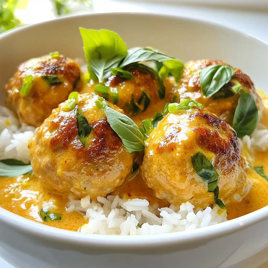 Für die Thai Red Curry Chicken Meatballs brauchst du: - 450 g gemahlenes Hühnchen - 120 g Semmelbrösel - 60 g frischer Koriander, gehackt - 2 Frühlingszwiebeln, fein gehackt - 1 EL rote Currypaste - 1 TL Fischsauce - 1 TL Limettensaft - 2 Zehen Knoblauch, fein gehackt - 1 EL Ingwer, gerieben - 1 Ei - Salz und Pfeffer nach Geschmack - 1 Dose (400 ml) Kokosmilch - 1 EL Limettensaft (für die Sauce) - Frische Basilikumblätter zum Garnieren Achte auf die Mengen, um den besten Geschmack zu bekommen. Verwende frisches Hühnchen, damit die Fleischbällchen saftig bleiben. Die Semmelbrösel sorgen für die richtige Konsistenz. Frischer Koriander und Frühlingszwiebeln fügen Aromen hinzu. Limettensaft bringt Frische, während die rote Currypaste für die Schärfe sorgt. Du kannst auch frischen Ingwer verwenden, um das Gericht aufzupeppen. Kokosmilch sollte cremig sein. Wenn du keine frischen Kräuter hast, sind getrocknete Alternativen okay, aber frisch ist besser. Wenn du Allergien hast, gibt es einfache Alternativen. Verwende gemahlenes Truthahnfleisch anstelle von Hühnchen. Für eine glutenfreie Option wähle glutenfreie Semmelbrösel. Statt Fischsauce kannst du Sojasauce verwenden. Bei einer Ei-Allergie kannst du einen Esslöffel Leinsamen mit Wasser mischen. Dies funktioniert gut als Bindemittel. Wenn du keine Kokosmilch verträgst, nimm Mandelmilch oder Sojamilch. Achte darauf, die Würze anzupassen, da die Alternativen unterschiedliche Geschmäcker haben. {{ingredient_image_2}} Um die Fleischbällchen zuzubereiten, beginne mit einer großen Rührschüssel. Füge das gemahlene Hühnchen, die Semmelbrösel und den gehackten Koriander hinzu. Danach kommen die fein gehackten Frühlingszwiebeln, die rote Currypaste und die Fischsauce in die Schüssel. Füge auch den Limettensaft, den gehackten Knoblauch und den geriebenen Ingwer dazu. Ein Ei wird jetzt in die Mischung gegeben. Rühre alles gut um, bis die Zutaten gleichmäßig verteilt sind. Du kannst eine Prise Salz und Pfeffer hinzufügen, um den Geschmack zu verbessern. Wenn die Mischung fertig ist, forme etwa 2,5 cm große Bällchen mit deinen Händen. Lege sie auf einen Teller und lasse sie kurz ruhen. Erhitze 1 EL Öl in einer großen Pfanne bei mittlerer Hitze. Wenn das Öl heiß ist, füge die Fleischbällchen portionsweise hinzu. Achte darauf, die Pfanne nicht zu überfüllen. Brate die Bällchen für 5 bis 7 Minuten an. Wende sie gelegentlich, damit sie gleichmäßig braun werden. Wenn sie gar sind, nimm sie aus der Pfanne und lege sie beiseite. In der gleichen Pfanne gieße die Kokosmilch hinein. Bringe sie sanft zum Köcheln. Rühre den Limettensaft ein und würze die Sauce mit einer Prise Salz. Jetzt kannst du die angebratenen Fleischbällchen zurück in die Pfanne geben. Überziehe sie vorsichtig mit der Kokos-Curry-Sauce. Lass alles für weitere 5 Minuten köcheln, damit sich die Aromen gut vermischen. Abschmecke die Sauce und passe die Würzung nach deinem Geschmack an. Um die perfekte Konsistenz für die Fleischbällchen zu erreichen, achte darauf, die Zutaten gut zu vermischen. Mische das gemahlene Hühnchen mit den Semmelbröseln und den Gewürzen. Die Semmelbrösel helfen, die Bällchen zusammenzuhalten. Sie geben ihnen auch eine luftige Textur. Wenn die Mischung zu feucht ist, füge mehr Semmelbrösel hinzu. Wenn sie zu trocken ist, kannst du etwas Wasser oder mehr Ei hinzufügen. Um den Geschmack zu variieren, kannst du verschiedene Zutaten hinzufügen. Probiere z.B. mehr rote Currypaste für einen schärferen Geschmack. Wenn du es milder magst, kannst du die Menge reduzieren. Auch das Hinzufügen von frisch gehacktem Ingwer oder Zitronengras kann die Aromen verbessern. Für einen süßeren Geschmack füge einen Teelöffel Honig oder braunen Zucker hinzu. Experimentiere mit diesen Variationen, um das Gericht deinem Geschmack anzupassen. Serviere die Fleischbällchen auf einem Bett aus Jasminreis oder Nudeln. Das gibt dem Gericht eine schöne Basis und fängt die leckere Sauce auf. Übergieße die Fleischbällchen mit der Kokos-Curry-Sauce und dekoriere sie mit frischen Basilikumblättern. Dies macht das Gericht nicht nur schmackhaft, sondern auch hübsch. Du kannst auch Limettenscheiben an die Seite legen. So kann jeder nach Geschmack nachwürzen. Pro Tipps Frische Zutaten verwenden: Verwende frische Kräuter und Gewürze, um den besten Geschmack in deinen Fleischbällchen zu erzielen. Fleischbällchen gleichmäßig formen: Achte darauf, dass alle Fleischbällchen gleich groß sind, damit sie gleichmäßig garen. Kokosmilch nicht überhitzen: Koche die Kokosmilch sanft, um ein Überkochen oder Anbrennen zu vermeiden, was den Geschmack beeinträchtigen kann. Variation der Soße: Experimentiere mit verschiedenen Zutaten in der Soße, wie z.B. zusätzliches Gemüse oder andere Gewürze, um neue Geschmäcker zu entdecken. {{image_4}} Wenn du eine vegetarische oder vegane Option suchst, kannst du das Hühnchen ersetzen. Verwende stattdessen zerdrückte Kichererbsen oder Tofu. Beide Optionen bieten eine gute Textur und nehmen den Geschmack der Gewürze gut auf. Du kannst auch eine Mischung aus Gemüse wie Zucchini oder Karotten verwenden. Diese gesunde Wahl ist lecker und nahrhaft. Der Schärfegrad ist wichtig in der thailändischen Küche. Wenn du es mild magst, setze weniger rote Currypaste ein. Beginne mit einem halben Esslöffel und taste dich langsam vor. Magst du es scharf? Dann füge mehr Currypaste hinzu oder verwende frische Chili. Du kannst auch Chili-Flocken für einen zusätzlichen Kick verwenden. Es gibt viele Möglichkeiten, die Proteine zu variieren. Du kannst Rinderhack oder Schweinehack nutzen. Diese bringen ihren eigenen Geschmack mit. Auch Meeresfrüchte wie Garnelen sind eine tolle Wahl. Für die Gemüsesorten sind Paprika, Brokkoli oder Erbsen perfekt. Diese Gemüse geben Farbe und Nährstoffe zu deinem Gericht. Probiere verschiedene Kombinationen aus, um deinen Favoriten zu finden! Um die übrig gebliebenen Fleischbällchen frisch zu halten, lege sie in einen luftdichten Behälter. Du kannst sie auch in Frischhaltefolie wickeln. Stelle sicher, dass sie vollständig abgekühlt sind, bevor du sie lagerst. So bleibt der Geschmack gut erhalten. Zum Wiedererwärmen empfehle ich, die Fleischbällchen sanft in der Mikrowelle oder auf dem Herd zu erhitzen. Wenn du sie auf dem Herd erhitzt, füge etwas Kokosmilch oder Wasser hinzu, um sie saftig zu halten. Achte darauf, die Hitze niedrig zu halten, damit sie nicht austrocknen. Im Kühlschrank halten sich die Fleischbällchen bis zu drei Tage. Du kannst sie auch einfrieren. In einem geeigneten Behälter bleiben sie bis zu drei Monate frisch. Achte darauf, sie gut zu verpacken, um Gefrierbrand zu vermeiden. Wenn du sie wieder auftauen möchtest, lasse sie über Nacht im Kühlschrank. Um die Fleischbällchen saftiger zu machen, füge etwas mehr Kokosmilch hinzu. Diese macht die Mischung cremiger. Du kannst auch ein zusätzliches Ei verwenden, um die Textur zu verbessern. Ein wenig geriebene Zucchini kann ebenfalls helfen, die Feuchtigkeit zu erhöhen. Achte darauf, die Mischung nicht zu überarbeiten, da dies die Bällchen trocken machen kann. Eine kurze Ruhezeit nach dem Formen kann helfen, die Feuchtigkeit zu halten. Ja, du kannst die Currypaste selbst machen! Mische frische Zutaten wie Chili, Knoblauch, Ingwer, Schalotten und Koriander. Püriere alles zusammen, bis eine Paste entsteht. Du kannst auch die Schärfe anpassen, indem du mehr oder weniger Chili hinzufügst. Das gibt dir die Freiheit, den Geschmack genau nach deinem Wunsch zu gestalten. Die frische Paste wird deinen Fleischbällchen einen tollen Geschmack verleihen. Zu roten Curry-Hühnchen Fleischbällchen passen viele Beilagen gut. Jasminreis ist eine klassische Wahl, da er die Sauce aufnimmt. Auch Reisnudeln sind eine köstliche Option. Für etwas Crunch kannst du einen frischen Gurkensalat servieren. Ein einfaches Gemüsegericht, wie gedämpfter Brokkoli oder Karotten, ergänzt die Aromen hervorragend. Überlege auch, frisches Brot zu reichen, um die Sauce aufzutunken. Diese Anleitung bietet dir alles, was du für köstliche Fleischbällchen brauchst. Wir haben die Zutaten, Zubereitung, und wertvolle Tipps besprochen. Ich hoffe, du bist nun bereit, deine eigenen kleinen Meisterwerke zu kreieren. Denke daran, dass du die Rezepte nach deinem Geschmack anpassen kannst. Experimentiere mit Gewürzen und Variationen! So machst du jedes Mal etwas Einzigartiges. Viel Spaß beim Kochen und Genießen!
