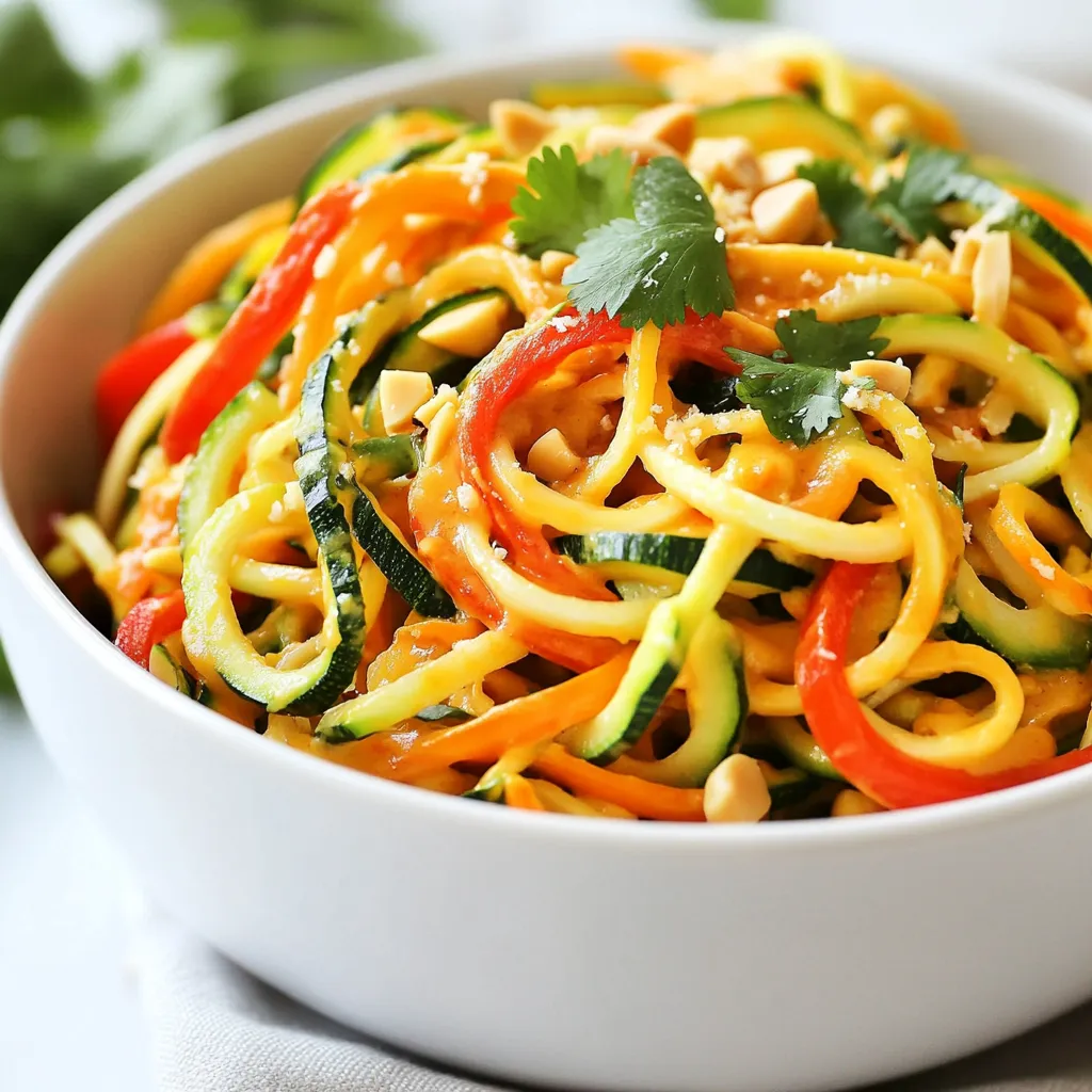 - 4 mittelgroße Zucchini, spiralisiert - 1 rote Paprika, dünn geschnitten - 1 Tasse Zuckererbsen, Enden entfernt - 1 kleine Karotte, in Julienne geschnitten Zucchini sind die Hauptzutat für Zoodles. Sie sind leicht und gesund. Die rote Paprika bringt Farbe und Süße. Zuckererbsen fügen einen knackigen Biss hinzu. Karotten sorgen für eine süße Note und mehr Textur. Diese Zutaten machen das Gericht frisch und lecker. - ½ Tasse ungesüßte, cremige Erdnussbutter - 3 Esslöffel Sojasauce oder Tamari - 2 Esslöffel Honig oder Ahornsirup - 1 Esslöffel Limettensaft - 1 Esslöffel Sriracha Die Erdnusssauce ist das Herzstück des Gerichts. Erdnussbutter gibt Cremigkeit. Sojasauce oder Tamari bringt Umami. Honig oder Ahornsirup fügt Süße hinzu. Limettensaft sorgt für Frische. Sriracha gibt die würzige Note. Alle Zutaten zusammen ergeben eine köstliche Sauce. - 2 Knoblauchzehen, fein gehackt - 1 Esslöffel frischer Ingwer, gerieben - 2 Esslöffel Sesamöl - Frische Korianderblätter zum Garnieren - Zerkleinerte Erdnüsse zum Bestreuen Knoblauch und Ingwer geben Tiefe und Aroma. Sesamöl bringt einen nussigen Geschmack. Koriander und Erdnüsse sind perfekte Garnierungen. Sie fügen Farbe und Crunch hinzu. Diese Gewürze und Öle machen das Gericht besonders. {{ingredient_image_2}} Verwende einen Spiralizer oder einen Gemüsehobel, um die Zucchini in Zoodles zu erzeugen. Wenn du keinen Spiralizer hast, schneide die Zucchini in dünne Streifen. Stelle die Zoodles dann beiseite. Es ist wichtig, sie gut abtropfen zu lassen, damit sie nicht wässrig werden. In einer kleinen Schüssel vermenge die Erdnussbutter, Sojasauce, Honig oder Ahornsirup, Limettensaft, Sriracha, gehackten Knoblauch und geriebenen Ingwer. Rühre alles gut um, bis die Sauce glänzend und glatt ist. Du kannst die Schärfe anpassen, indem du mehr Sriracha hinzufügst, wenn du es würziger magst. Achte darauf, dass die Sauce gut schmeckt! Erhitze das Sesamöl in einer großen Pfanne bei mittlerer Hitze. Füge die geschnittene rote Paprika, die Zuckererbsen und die Julienne-Karotte hinzu. Brate das Gemüse etwa 3-4 Minuten an, bis es weich wird, aber noch knackig bleibt. Dann gib die vorbereiteten Zoodles in die Pfanne. Vermische alles gut und koche weitere 2-3 Minuten, bis die Zoodles warm sind, aber nicht matschig. Nimm die Pfanne vom Herd und gieße die Erdnusssauce über die Zoodles. Mische alles gründlich, damit das Gemüse gut mit der Sauce bedeckt ist. Serviere das Gericht sofort und genieße die Aromen! Um matschige Zoodles zu vermeiden, gibt es einige einfache Tipps. Erstens, verwende frische Zucchini. Alte Zucchini haben oft mehr Wasser. Zweitens, salze die Zoodles leicht und lasse sie kurz ruhen. Das zieht Wasser heraus. Verwende auch einen Spiralizer, um gleichmäßige Zoodles zu machen. Wenn du keinen hast, geht ein Gemüsehobel auch. Du kannst auch andere Gemüsesorten wie Karotten oder Gurken verwenden. Diese bringen Farbe und Geschmack in dein Gericht. Die Erdnusssauce ist wichtig für den Geschmack. Du kannst die Schärfe nach deinem Wunsch anpassen. Füge mehr Sriracha hinzu, wenn du es schärfer magst. Für weniger Schärfe, nimm einfach weniger Sriracha. Du kannst auch gesunde Alternativen verwenden. Statt Honig kannst du Ahornsirup nutzen. Das macht die Sauce süß und lecker, ohne zu viele Kalorien. Serviere die Zoodles mit frischen Kräutern. Koriander gibt einen tollen Geschmack. Du kannst auch Minze verwenden, wenn du magst. Wenn du das Gericht sättigender machen willst, kombiniere es mit Proteinen. Gegrilltes Hähnchen oder Tofu passen gut dazu. So wird aus einem einfachen Gericht eine vollwertige Mahlzeit. Pro Tipps Frische Zucchini verwenden: Achte darauf, frische Zucchini zu wählen, die fest und glänzend sind, um den besten Geschmack und die beste Textur für deine Zoodles zu gewährleisten. Variation der Gemüsesorten: Du kannst die Zoodles mit anderen Gemüsesorten wie Brokkoli, Pilzen oder Karotten erweitern, um mehr Farbe und Nährstoffe in dein Gericht zu bringen. Erdnussbutter anpassen: Experimentiere mit verschiedenen Erdnussbutter-Sorten, wie z.B. crunchy oder mit verschiedenen Geschmacksrichtungen, um deiner Sauce eine besondere Note zu verleihen. Vorbereitung der Sauce: Du kannst die Erdnusssauce im Voraus zubereiten und im Kühlschrank aufbewahren, sodass du für ein schnelles Abendessen nur noch die Zoodles anbraten musst. {{image_4}} - Ersetzen der Erdnussbutter: Wenn du Erdnüsse vermeidest, probiere Mandelbutter oder Cashewbutter. Diese Optionen geben einen ähnlichen cremigen Geschmack, ohne die Erdnüsse. - Hinzufügen von Tofu: Tofu ist eine tolle Quelle für Protein. Schneide ihn in Würfel und brate ihn zusammen mit dem Gemüse. Er wird die Sauce gut aufnehmen und gibt dem Gericht mehr Substanz. - Glutenfreie Sojasauce verwenden: Achte darauf, glutenfreie Sojasauce oder Tamari zu nutzen. So bleibt das Gericht für alle glutenempfindlichen Personen sicher. - Weitere glutenfreie Zutaten: Du kannst auch Reisnudeln oder Quinoa statt Zoodles verwenden. Diese Optionen sind glutenfrei und passen gut zu den Aromen. - Vorschläge für andere Gemüsemischungen: Du kannst Brokkoli, Karotten oder Spinat hinzufügen. Diese Gemüsesorten bringen Farbe und Nährstoffe in das Gericht. - Einbindung saisonaler Zutaten: Nutze saisonales Gemüse wie Spargel im Frühling oder Kürbis im Herbst. So bleibt das Gericht frisch und interessant. Um die Reste deiner Spicy Thai Peanut Zoodles zu lagern, lege sie in einen luftdichten Behälter. Stelle sicher, dass die Zoodles und die Sauce gut gemischt sind. Du kannst sie bis zu drei Tage im Kühlschrank aufbewahren. Nach drei Tagen kann der Geschmack nachlassen, aber die Zoodles sind noch gut. Das Einfrieren von Zoodles ist einfach. Verwende einen Gefrierbeutel und drücke die Luft heraus. Zoodles können bis zu zwei Monate eingefroren werden. Bedenke, dass die Konsistenz nach dem Auftauen weicher sein kann. Das ist normal, aber sie sind immer noch lecker! Beim Aufwärmen gibt es einige Methoden. Du kannst die Zoodles in der Mikrowelle erhitzen. Stelle die Mikrowelle auf mittlere Leistung. Alternativ kannst du eine Pfanne verwenden. Erhitze die Zoodles bei mittlerer Hitze. Achte darauf, dass sie nicht zu lange kochen. So bleiben sie knackig und lecker! Zoodles sind Zucchini, die in dünne Streifen geschnitten werden. Du kannst sie mit einem Spiralizer herstellen. Wenn du keinen Spiralizer hast, nimm einen Gemüsehobel. Schneide die Zucchini in lange, dünne Streifen. Diese streifen sehen aus wie Nudeln, sind aber viel gesünder. Ja, du kannst die Erdnusssauce im Voraus machen. Bewahre sie in einem luftdichten Behälter im Kühlschrank auf. So bleibt sie frisch und lecker. Du kannst sie bis zu einer Woche lagern. Wenn du sie verwenden willst, rühre sie gut um. Du kannst sie auch kurz in der Mikrowelle erwärmen. Zoodles sind gesund, weil sie kalorienarm sind. Sie enthalten viele Vitamine und Mineralien. Zucchini hat Ballaststoffe, die gut für die Verdauung sind. Außerdem sind sie eine gute Alternative zu normaler Pasta. So kannst du eine gesunde Mahlzeit genießen und trotzdem satt werden. Du findest Erdnussbutter in jedem Supermarkt. Achte darauf, dass sie ungesüßt ist. Sriracha ist auch leicht zu finden. Schau in der internationalen Abteilung oder im asiatischen Lebensmittelgeschäft. Dort gibt es oft eine große Auswahl. Zoodles sind eine gesunde und leckere Wahl. Sie bestehen aus frischen Zutaten wie Zucchini und Paprika, die in einer köstlichen Erdnusssauce glänzen. Die Zubereitung ist einfach und macht Spaß. Variationen mit weiteren Gemüsesorten bieten noch mehr Geschmack. Auch die Lagerung von Reste ist leicht, sodass du immer leckere Zoodles griffbereit hast. Probier es aus und erlebe, wie vielfältig und schmackhaft eine gesunde Ernährung sein kann. Mach dir selbst eine Freude mit dieser tollen Mahlzeit!