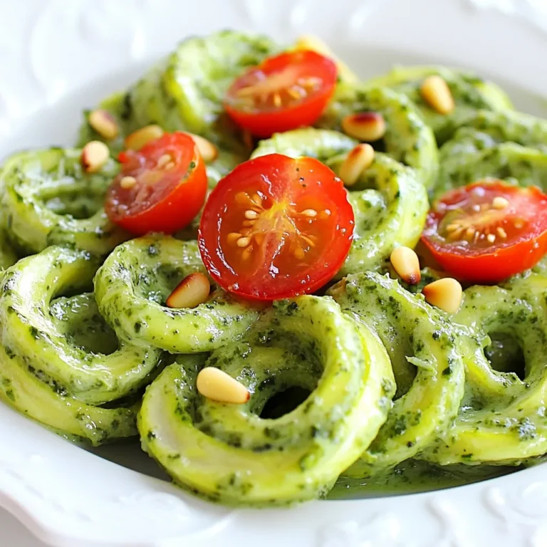Für cremige Pesto-Zucchini-Nudeln brauchst du einige einfache, frische Zutaten: - 4 mittelgroße Zucchini, spiralisiert - 1 Tasse frische Basilikumblätter - 1/2 Tasse geröstete Pinienkerne - 1/2 Tasse geriebener Parmesan-Käse - 3 Knoblauchzehen, fein gehackt - 1/2 Tasse natives Olivenöl extra - 1/2 Tasse Sahne oder Kokoscreme - Salz und Pfeffer nach Geschmack - Cherrytomaten, halbiert (zur Garnitur) - Weitere Pinienkerne (zur Garnitur) Diese Zutaten machen das Gericht frisch und lecker. Zucchini sind leicht und gesund. Das Pesto gibt viel Geschmack. Falls du keine Zucchini magst, kannst du auch Spaghetti verwenden. Sie sind eine großartige Alternative. Statt Parmesan kannst du Hefeflocken nehmen. Sie sind vegan und geben einen ähnlichen Geschmack. Für die Sahne kannst du Kokoscreme nutzen, wenn du eine milchfreie Option wünschst. So bleibt das Gericht cremig und köstlich. Um den Geschmack zu verbessern, füge frischen Pfeffer und etwas Zitronensaft hinzu. Diese bringen Frische ins Gericht. Du kannst auch weitere Kräuter wie Petersilie oder Oregano verwenden. Sie geben mehr Tiefe im Geschmack. Serviere die Nudeln mit gerösteten Pinienkernen und frischen Cherrytomaten. Sie sorgen für eine schöne Garnitur und zusätzlichen Crunch. {{ingredient_image_2}} Um die Zucchini-Nudeln zu machen, benötigst du einen Spiralschneider. Du kannst auch einen Gemüsehobel nutzen. Achte darauf, die Zucchini gut zu waschen. Schneide die Enden ab, um die Zucchini vorzubereiten. Spiraliere die Zucchini, bis du genug Nudeln hast. Stelle die Zucchini-Nudeln dann beiseite. Sie sind leicht und gesund. Du kannst sie auch in einer Schüssel aufbewahren, bis du bereit bist, sie zu kochen. Für das Pesto nimmst du eine Küchenmaschine. Füge die frischen Basilikumblätter, gerösteten Pinienkerne, Parmesan und den fein gehackten Knoblauch hinzu. Schalte die Maschine ein und pulsiere alles, bis es gut zerkleinert ist. Jetzt kommt der wichtige Teil: während die Maschine läuft, gieße langsam das Olivenöl hinein. So wird das Pesto schön cremig. Vergiss nicht, mit Salz und Pfeffer abzuschmecken. Dann stelle das Pesto beiseite. Es wird deinem Gericht viel Geschmack geben. Erhitze eine große Pfanne bei mittlerer Hitze. Füge die Sahne oder Kokoscreme hinzu und lasse sie warm werden. Jetzt ist es Zeit, das vorbereitete Pesto in die Pfanne zu geben. Rühre gut um, bis die Sauce cremig ist. Dann kommen die Zucchini-Nudeln in die Pfanne. Schwenke die Nudeln vorsichtig, damit sie gut mit der Sauce bedeckt sind. Lasse sie 3 bis 5 Minuten garen. Achte darauf, dass sie bissfest bleiben. Sie sind jetzt bereit zum Servieren. - Do: Verwende frische Zucchini. Sie geben den besten Geschmack. - Do: Röste die Pinienkerne leicht. So wird ihr Aroma intensiver. - Don’t: Lass die Zucchini-Nudeln zu lange garen. Sie sollen knackig bleiben. - Don’t: Übersalze das Pesto. Du kannst später immer noch nachwürzen. Um den Geschmack deiner cremigen Pesto-Zucchini-Nudeln zu verbessern, probiere diese Tipps: - Füge Zitronensaft hinzu. Er bringt Frische und einen tollen Kontrast. - Experimentiere mit verschiedenen Nüssen wie Walnüssen oder Mandeln im Pesto. - Für mehr Schärfe kannst du auch eine Prise Chili-Flocken nutzen. Hier sind einige nützliche Küchenwerkzeuge für die Zubereitung: - Spiralschneider: Für perfekte Zucchini-Nudeln. - Küchenmaschine: Um das Pesto schnell und einfach zu mixen. - Pfanne: Zum Erwärmen der Sahne und Mischen mit Pesto. - Schneidebrett und Messer: Für das Schneiden der Cherrytomaten und das Hacken des Knoblauchs. Mit diesen Tipps und Tricks wirst du ein leckeres Gericht zaubern. Viel Spaß beim Kochen! Pro Tipps Zucchini richtig vorbereiten: Achte darauf, die Zucchini nach dem Spiralieren oder Hobeln gut abzutrocknen, um überschüssige Feuchtigkeit zu entfernen. So wird verhindert, dass die Nudeln zu wässrig werden. Pesto variieren: Du kannst das Pesto ganz nach deinem Geschmack anpassen, indem du zum Beispiel Rucola oder Spinat hinzufügst oder den Parmesan durch Hefeflocken ersetzt, um eine vegane Variante zu kreieren. Sahne ersetzen: Für eine leichtere Version kannst du die Sahne durch griechischen Joghurt oder eine pflanzliche Joghurtalternative ersetzen, die gut zu den Aromen passt. Garnitur für mehr Geschmack: Füge frische Kräuter wie Petersilie oder Schnittlauch als Garnitur hinzu, um den Geschmack zu intensivieren und das Gericht lebendiger zu gestalten. {{image_4}} Für eine vegetarische Variante schau dir die Zutatenliste an. Du kannst den Parmesan durch einen veganen Käse ersetzen. Dieser Schritt macht dein Gericht milchfrei und lecker. Wenn du die Sahne austauschst, nutze Kokoscreme. Sie gibt dir eine schöne, cremige Textur. Füge mehr Gemüse hinzu, um das Gericht bunter zu machen. Zum Beispiel passen Paprika, Spinat oder Brokkoli gut. Diese Gemüse bringen mehr Nährstoffe und Geschmack. Auch gebratene Pilze machen die Zucchini-Nudeln herzhaft und aromatisch. Wenn du Nüsse magst, streue mehr Pinienkerne oder Walnüsse oben drauf. Um die Aromen zu variieren, kannst du verschiedene Kräuter verwenden. Petersilie oder Rucola geben einen frischen Kick. Für eine schärfere Note füge etwas rote Pfefferflocken hinzu. Diese kleinen Änderungen bringen neue Geschmäcker in dein Gericht. Experimentiere auch mit Zitrone für einen frischen, saftigen Geschmack. Um die Reste deiner cremigen Pesto Zucchini-Nudeln richtig zu lagern, verwende einen luftdichten Behälter. Achte darauf, dass die Nudeln vollständig abgekühlt sind, bevor du sie einpackst. So bleiben sie frisch und lecker. Du kannst die Reste bis zu drei Tage im Kühlschrank aufbewahren. Wenn du sie länger lagern möchtest, friere sie ein. Denke daran, dass die Konsistenz nach dem Auftauen nicht ganz gleich bleibt. Du kannst die Zutaten für das Rezept im Voraus vorbereiten. Spiralisiere die Zucchini und bereite das Pesto zu. Lagere beides getrennt im Kühlschrank. So sparst du Zeit, wenn du das Gericht zubereitest. Die Zucchini-Nudeln sind frisch und knackig. Das Pesto bleibt aromatisch und lecker. Mische alles erst kurz vor dem Servieren. So bleiben die Aromen am besten erhalten. Die Haltbarkeit der Zutaten ist wichtig. Zucchini bleiben im Kühlschrank etwa eine Woche frisch. Basilikum sollte in einem Glas Wasser stehen, um länger frisch zu bleiben. Geröstete Pinienkerne sind in einem luftdichten Behälter bis zu einem Monat haltbar. Das Pesto hält im Kühlschrank bis zu einer Woche. Wenn du die Nudeln zubereitest, iss sie am besten frisch. So schmecken sie am besten. Du kannst Zucchini-Nudeln auch ohne Spiralschneider machen. Nimm einen Gemüsehobel oder ein scharfes Messer. Schneide die Zucchini in dünne Scheiben oder Ribbons. Achte darauf, gleichmäßige Stücke zu schneiden. So vermeidest du ungleichmäßiges Garen. Ja, du kannst das Pesto im Voraus machen. Bereite es einfach nach dem Rezept vor und stelle es in den Kühlschrank. Das Pesto bleibt frisch für etwa eine Woche. Du kannst es auch einfrieren. Fülle es in kleine Behälter. So hast du immer frisches Pesto zur Hand. Verschiedene Gemüse passen gut zu cremigen Pesto-Zucchini-Nudeln. Du kannst Cherrytomaten verwenden, die du bereits zur Garnitur nimmst. Auch Paprika, Spinat oder Erbsen passen gut. Diese Gemüse bringen Farbe und Geschmack in dein Gericht. Experimentiere mit deinem Lieblingsgemüse! In diesem Blogbeitrag haben wir die besten Zutaten für cremige Pesto-Zucchini-Nudeln vorgestellt. Wir haben Schritt-für-Schritt erklärt, wie man sie zubereitet und Tipps gegeben, um den Geschmack zu verbessern. Es gibt viele Variationen, um das Rezept spannend zu halten. Denken Sie daran, Ihre Reste gut zu lagern. Für noch mehr Geschmack können Sie Pesto im Voraus machen. Mit diesen Infos können Sie leicht ein schmackhaftes Gericht zaubern. Probieren Sie es aus und genießen Sie Ihre Kreation!