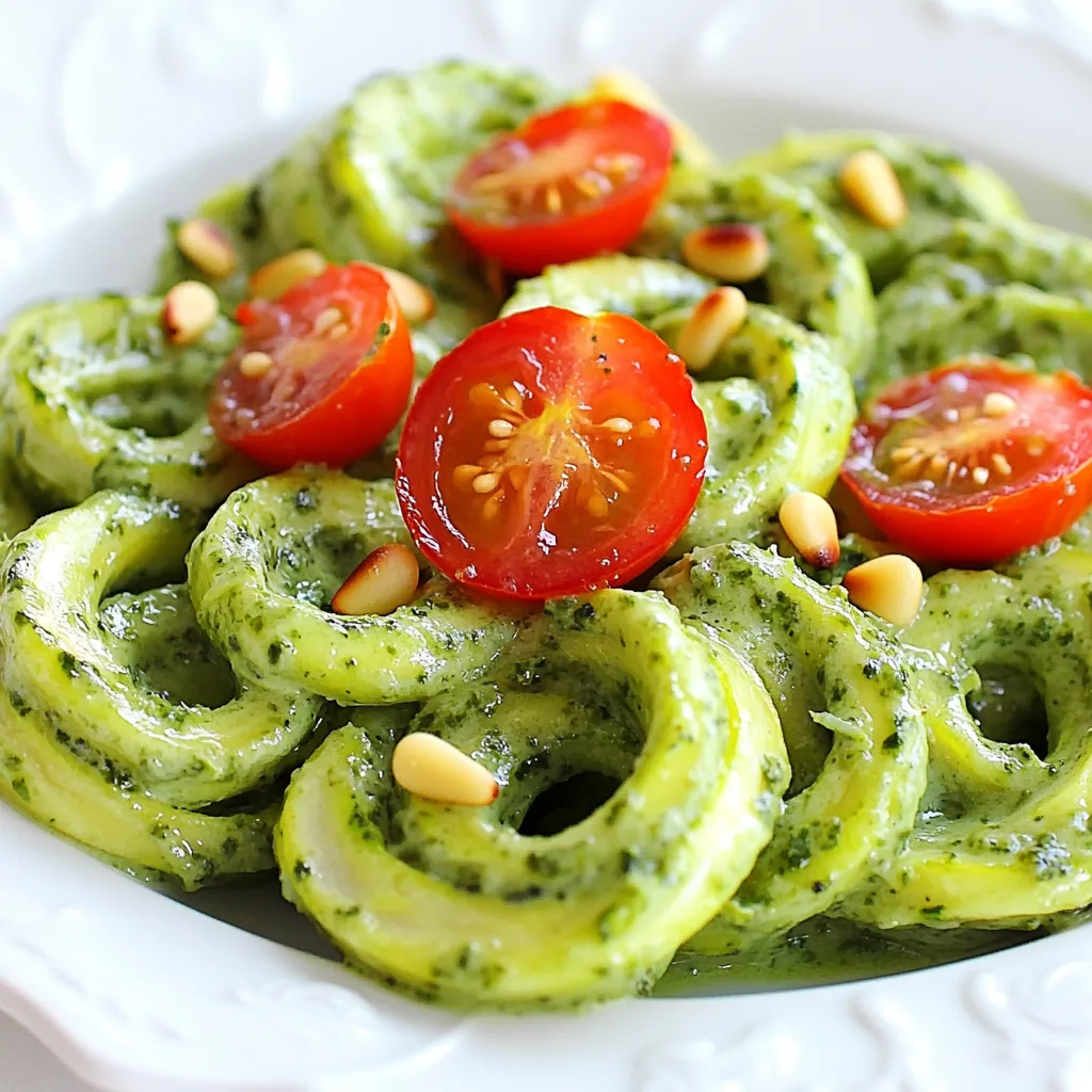 Für cremige Pesto-Zucchini-Nudeln brauchst du einige einfache, frische Zutaten: - 4 mittelgroße Zucchini, spiralisiert - 1 Tasse frische Basilikumblätter - 1/2 Tasse geröstete Pinienkerne - 1/2 Tasse geriebener Parmesan-Käse - 3 Knoblauchzehen, fein gehackt - 1/2 Tasse natives Olivenöl extra - 1/2 Tasse Sahne oder Kokoscreme - Salz und Pfeffer nach Geschmack - Cherrytomaten, halbiert (zur Garnitur) - Weitere Pinienkerne (zur Garnitur) Diese Zutaten machen das Gericht frisch und lecker. Zucchini sind leicht und gesund. Das Pesto gibt viel Geschmack. Falls du keine Zucchini magst, kannst du auch Spaghetti verwenden. Sie sind eine großartige Alternative. Statt Parmesan kannst du Hefeflocken nehmen. Sie sind vegan und geben einen ähnlichen Geschmack. Für die Sahne kannst du Kokoscreme nutzen, wenn du eine milchfreie Option wünschst. So bleibt das Gericht cremig und köstlich. Um den Geschmack zu verbessern, füge frischen Pfeffer und etwas Zitronensaft hinzu. Diese bringen Frische ins Gericht. Du kannst auch weitere Kräuter wie Petersilie oder Oregano verwenden. Sie geben mehr Tiefe im Geschmack. Serviere die Nudeln mit gerösteten Pinienkernen und frischen Cherrytomaten. Sie sorgen für eine schöne Garnitur und zusätzlichen Crunch. {{ingredient_image_2}} Um die Zucchini-Nudeln zu machen, benötigst du einen Spiralschneider. Du kannst auch einen Gemüsehobel nutzen. Achte darauf, die Zucchini gut zu waschen. Schneide die Enden ab, um die Zucchini vorzubereiten. Spiraliere die Zucchini, bis du genug Nudeln hast. Stelle die Zucchini-Nudeln dann beiseite. Sie sind leicht und gesund. Du kannst sie auch in einer Schüssel aufbewahren, bis du bereit bist, sie zu kochen. Für das Pesto nimmst du eine Küchenmaschine. Füge die frischen Basilikumblätter, gerösteten Pinienkerne, Parmesan und den fein gehackten Knoblauch hinzu. Schalte die Maschine ein und pulsiere alles, bis es gut zerkleinert ist. Jetzt kommt der wichtige Teil: während die Maschine läuft, gieße langsam das Olivenöl hinein. So wird das Pesto schön cremig. Vergiss nicht, mit Salz und Pfeffer abzuschmecken. Dann stelle das Pesto beiseite. Es wird deinem Gericht viel Geschmack geben. Erhitze eine große Pfanne bei mittlerer Hitze. Füge die Sahne oder Kokoscreme hinzu und lasse sie warm werden. Jetzt ist es Zeit, das vorbereitete Pesto in die Pfanne zu geben. Rühre gut um, bis die Sauce cremig ist. Dann kommen die Zucchini-Nudeln in die Pfanne. Schwenke die Nudeln vorsichtig, damit sie gut mit der Sauce bedeckt sind. Lasse sie 3 bis 5 Minuten garen. Achte darauf, dass sie bissfest bleiben. Sie sind jetzt bereit zum Servieren. - Do: Verwende frische Zucchini. Sie geben den besten Geschmack. - Do: Röste die Pinienkerne leicht. So wird ihr Aroma intensiver. - Don’t: Lass die Zucchini-Nudeln zu lange garen. Sie sollen knackig bleiben. - Don’t: Übersalze das Pesto. Du kannst später immer noch nachwürzen. Um den Geschmack deiner cremigen Pesto-Zucchini-Nudeln zu verbessern, probiere diese Tipps: - Füge Zitronensaft hinzu. Er bringt Frische und einen tollen Kontrast. - Experimentiere mit verschiedenen Nüssen wie Walnüssen oder Mandeln im Pesto. - Für mehr Schärfe kannst du auch eine Prise Chili-Flocken nutzen. Hier sind einige nützliche Küchenwerkzeuge für die Zubereitung: - Spiralschneider: Für perfekte Zucchini-Nudeln. - Küchenmaschine: Um das Pesto schnell und einfach zu mixen. - Pfanne: Zum Erwärmen der Sahne und Mischen mit Pesto. - Schneidebrett und Messer: Für das Schneiden der Cherrytomaten und das Hacken des Knoblauchs. Mit diesen Tipps und Tricks wirst du ein leckeres Gericht zaubern. Viel Spaß beim Kochen! Pro Tipps Zucchini richtig vorbereiten: Achte darauf, die Zucchini nach dem Spiralieren oder Hobeln gut abzutrocknen, um überschüssige Feuchtigkeit zu entfernen. So wird verhindert, dass die Nudeln zu wässrig werden. Pesto variieren: Du kannst das Pesto ganz nach deinem Geschmack anpassen, indem du zum Beispiel Rucola oder Spinat hinzufügst oder den Parmesan durch Hefeflocken ersetzt, um eine vegane Variante zu kreieren. Sahne ersetzen: Für eine leichtere Version kannst du die Sahne durch griechischen Joghurt oder eine pflanzliche Joghurtalternative ersetzen, die gut zu den Aromen passt. Garnitur für mehr Geschmack: Füge frische Kräuter wie Petersilie oder Schnittlauch als Garnitur hinzu, um den Geschmack zu intensivieren und das Gericht lebendiger zu gestalten. {{image_4}} Für eine vegetarische Variante schau dir die Zutatenliste an. Du kannst den Parmesan durch einen veganen Käse ersetzen. Dieser Schritt macht dein Gericht milchfrei und lecker. Wenn du die Sahne austauschst, nutze Kokoscreme. Sie gibt dir eine schöne, cremige Textur. Füge mehr Gemüse hinzu, um das Gericht bunter zu machen. Zum Beispiel passen Paprika, Spinat oder Brokkoli gut. Diese Gemüse bringen mehr Nährstoffe und Geschmack. Auch gebratene Pilze machen die Zucchini-Nudeln herzhaft und aromatisch. Wenn du Nüsse magst, streue mehr Pinienkerne oder Walnüsse oben drauf. Um die Aromen zu variieren, kannst du verschiedene Kräuter verwenden. Petersilie oder Rucola geben einen frischen Kick. Für eine schärfere Note füge etwas rote Pfefferflocken hinzu. Diese kleinen Änderungen bringen neue Geschmäcker in dein Gericht. Experimentiere auch mit Zitrone für einen frischen, saftigen Geschmack. Um die Reste deiner cremigen Pesto Zucchini-Nudeln richtig zu lagern, verwende einen luftdichten Behälter. Achte darauf, dass die Nudeln vollständig abgekühlt sind, bevor du sie einpackst. So bleiben sie frisch und lecker. Du kannst die Reste bis zu drei Tage im Kühlschrank aufbewahren. Wenn du sie länger lagern möchtest, friere sie ein. Denke daran, dass die Konsistenz nach dem Auftauen nicht ganz gleich bleibt. Du kannst die Zutaten für das Rezept im Voraus vorbereiten. Spiralisiere die Zucchini und bereite das Pesto zu. Lagere beides getrennt im Kühlschrank. So sparst du Zeit, wenn du das Gericht zubereitest. Die Zucchini-Nudeln sind frisch und knackig. Das Pesto bleibt aromatisch und lecker. Mische alles erst kurz vor dem Servieren. So bleiben die Aromen am besten erhalten. Die Haltbarkeit der Zutaten ist wichtig. Zucchini bleiben im Kühlschrank etwa eine Woche frisch. Basilikum sollte in einem Glas Wasser stehen, um länger frisch zu bleiben. Geröstete Pinienkerne sind in einem luftdichten Behälter bis zu einem Monat haltbar. Das Pesto hält im Kühlschrank bis zu einer Woche. Wenn du die Nudeln zubereitest, iss sie am besten frisch. So schmecken sie am besten. Du kannst Zucchini-Nudeln auch ohne Spiralschneider machen. Nimm einen Gemüsehobel oder ein scharfes Messer. Schneide die Zucchini in dünne Scheiben oder Ribbons. Achte darauf, gleichmäßige Stücke zu schneiden. So vermeidest du ungleichmäßiges Garen. Ja, du kannst das Pesto im Voraus machen. Bereite es einfach nach dem Rezept vor und stelle es in den Kühlschrank. Das Pesto bleibt frisch für etwa eine Woche. Du kannst es auch einfrieren. Fülle es in kleine Behälter. So hast du immer frisches Pesto zur Hand. Verschiedene Gemüse passen gut zu cremigen Pesto-Zucchini-Nudeln. Du kannst Cherrytomaten verwenden, die du bereits zur Garnitur nimmst. Auch Paprika, Spinat oder Erbsen passen gut. Diese Gemüse bringen Farbe und Geschmack in dein Gericht. Experimentiere mit deinem Lieblingsgemüse! In diesem Blogbeitrag haben wir die besten Zutaten für cremige Pesto-Zucchini-Nudeln vorgestellt. Wir haben Schritt-für-Schritt erklärt, wie man sie zubereitet und Tipps gegeben, um den Geschmack zu verbessern. Es gibt viele Variationen, um das Rezept spannend zu halten. Denken Sie daran, Ihre Reste gut zu lagern. Für noch mehr Geschmack können Sie Pesto im Voraus machen. Mit diesen Infos können Sie leicht ein schmackhaftes Gericht zaubern. Probieren Sie es aus und genießen Sie Ihre Kreation!