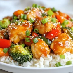 - 500g Hähnchenschenkel, entbeint und ohne Haut, in mundgerechte Stücke geschnitten - 1/2 Tasse süße Thai-Chili-Sauce - 2 Esslöffel Sojasauce - 1 Esslöffel Fischsauce - 2 Knoblauchzehen, fein gehackt - 1 Teelöffel frischer Ingwer, gerieben - 1 rote Paprika, in dünne Streifen geschnitten - 1 Tasse Brokkoliröschen - 2 Frühlingszwiebeln, gehackt (zur Garnitur) - Sesamkörner (zur Garnitur) Die Zutaten für das süße Thai Chili Hähnchen sind einfach und leicht zu finden. Du brauchst Hähnchen, die gut mariniert werden. Die süße Thai-Chili-Sauce gibt dem Gericht seinen besonderen Geschmack. Sojasauce und Fischsauce verstärken die Aromen. Frischer Knoblauch und Ingwer bringen Frische und Tiefe. Für das Gemüse empfehle ich rote Paprika und Brokkoli. Sie sorgen für Farbe und Crunch. Frühlingszwiebeln und Sesamkörner sind perfekt als Garnitur. Diese Zutaten machen das Gericht nicht nur lecker, sondern auch schön anzusehen. Achte darauf, frische Zutaten zu verwenden. Sie verbessern den Geschmack und die Qualität des Gerichts. Bereite alles vor, damit die Zubereitung schnell und einfach verläuft. {{ingredient_image_2}} Um die Marinade zu machen, mische zuerst die süße Thai-Chili-Sauce, Sojasauce und Fischsauce. Füge den fein gehackten Knoblauch und den geriebenen Ingwer hinzu. Jetzt kommt die Speisestärke. Diese sorgt dafür, dass die Marinade dickflüssig bleibt. Rühre alles gut um, bis die Mischung glatt ist. Diese Marinade wird das Hähnchen zart und würzig machen. Lege dann die Hähnchenstücke in eine Schüssel und gieße die Marinade darüber. Achte darauf, dass jedes Stück gut bedeckt ist. Lass das Hähnchen mindestens 30 Minuten marinieren. Für noch mehr Geschmack kannst du es bis zu 2 Stunden im Kühlschrank lassen. Erhitze in einer großen Pfanne oder einem Wok das Pflanzenöl bei mittelhoher Hitze. Wenn das Öl heiß ist, lege die marinierten Hähnchenstücke in einer einzigen Schicht hinein. Lass sie etwa 5-7 Minuten braten. Rühre gelegentlich um, damit das Hähnchen gleichmäßig bräunt und durchgart. Die Stücke sollten goldbraun und saftig sein. Sobald das Hähnchen fast fertig ist, füge die geschnittene rote Paprika und die Brokkoliröschen hinzu. Brate alles für weitere 3-4 Minuten. Das Gemüse sollte knackig und leuchtend aussehen. Gieße dann die restliche Marinade in die Pfanne über das Hähnchen und das Gemüse. Lass alles eine weitere Minute kochen, bis die Sauce leicht eindickt. Jetzt ist dein süßes Thai Chili Hähnchen fast fertig! Wie lange marinieren? Marinieren Sie das Hähnchen mindestens 30 Minuten. Für mehr Geschmack lassen Sie es bis zu 2 Stunden im Kühlschrank. Die Marinade zieht tief in das Fleisch ein und macht es zart und würzig. Vorbereitungszeit effizient gestalten Bereiten Sie die Marinade zuerst vor. Mischen Sie die Saucen und Gewürze in einer Schüssel. Während das Hähnchen mariniert, schneiden Sie das Gemüse. So sparen Sie Zeit und alles ist bereit, wenn Sie kochen. Hinweise zur Hitzeanpassung Erhitzen Sie das Pflanzenöl bei mittlerer bis hoher Hitze. Achten Sie darauf, dass das Öl heiß genug ist, bevor Sie das Hähnchen hinzufügen. So bräunt es schön und bleibt saftig. Tipps für gleichmäßige Bräunung Legen Sie die Hähnchenstücke in einer einzigen Schicht in die Pfanne. Wenden Sie sie nach 3-4 Minuten, um eine gleichmäßige Bräunung zu erreichen. Rühren Sie regelmäßig, damit nichts anbrennt. Ideale Beilagen Servieren Sie das süße Thai Chili Hähnchen mit fluffigem Jasminreis. Reis nimmt die Sauce gut auf und ergänzt die Aromen perfekt. Sie können auch gedünstetes Gemüse oder einen frischen Salat hinzufügen. Präsentationstipps Garnieren Sie das Gericht mit Frühlingszwiebeln und Sesamkörnern. Dies verleiht nicht nur Farbe, sondern auch einen schönen Crunch. Stellen Sie das Hähnchen schön auf dem Reis dar, um es einladend zu präsentieren. Pro Tipps Marinierzeit maximieren: Lassen Sie das Hähnchen mindestens 2 Stunden im Kühlschrank marinieren, um den Geschmack zu intensivieren. Gemüse knackig halten: Fügen Sie das Gemüse erst nach dem Anbraten des Hähnchens hinzu, um seine Frische und Farbe zu bewahren. Soße eindicken: Lassen Sie die Soße zum Schluss leicht köcheln, um die gewünschte Konsistenz zu erreichen, bevor Sie servieren. Reis vorbereiten: Kochen Sie den Jasminreis im Voraus, damit er warm und fluffig ist, wenn das Hähnchen serviert wird. {{image_4}} Du kannst das Rezept leicht anpassen. Erbsen oder Karotten sind tolle Optionen. Sie fügen Farbe und Geschmack hinzu. Zucchini ist auch eine gute Wahl. Sie kocht schnell und wird zart. Das Gemüse macht das Gericht gesünder und bunter. Ich habe oft Tofu oder Garnelen verwendet. Beide geben dem Gericht einen anderen Charakter. Wenn du vegan kochen möchtest, ersetze das Hähnchen durch Tofu. Tofu nimmt die Aromen der Marinade gut auf. Garnelen sind schnell gar und sehr lecker. Wenn du mehr Schärfe magst, füge frische Chilis hinzu. Schneide sie klein und mische sie in die Marinade. Das bringt mehr Kick ins Gericht. Du kannst auch die Süße balancieren. Füge etwas mehr Sojasauce hinzu, um den Geschmack auszugleichen. Das sorgt für eine perfekte Mischung aus süß und scharf. Um dein Süßes Thai Chili Hähnchen frisch zu halten, lagere es im Kühlschrank. Die optimale Lagertemperatur liegt bei etwa 4 °C. So bleibt das Gericht sicher und lecker. Im Kühlschrank hält es sich bis zu drei Tage. Achte darauf, das Hähnchen in einem luftdichten Behälter aufzubewahren. So bleibt es saftig und vermeidet Gerüche von anderen Lebensmitteln. Wenn du Reste hast, kannst du sie einfrieren. Verpacke das Hähnchen in einen gefriergeeigneten Behälter oder Beutel. Entferne so viel Luft wie möglich. So bleibt der Geschmack erhalten. Das Hähnchen kann bis zu drei Monate im Gefrierfach bleiben. Um es wieder aufzutauen, lege das Hähnchen über Nacht in den Kühlschrank. Du kannst das Hähnchen in der Mikrowelle oder in einer Pfanne wieder erwärmen. In der Mikrowelle geht es schnell, aber achte auf die Zeit. Stelle die Leistung auf mittlere Stufe und prüfe regelmäßig. In der Pfanne erhitzt du es bei schwacher Hitze. So bleibt das Hähnchen saftig. Füge einen Spritzer Wasser oder Brühe hinzu, um Trockenheit zu vermeiden. Für eine fleischlose Option kann man Tofu nutzen. Tofu saugt die Marinade gut auf. Man kann auch Tempeh verwenden. Tempeh hat einen nussigen Geschmack und passt gut. Wenn du Garnelen magst, probiere diese. Garnelen kochen schnell und sind leicht. Achte darauf, die Garzeit anzupassen. Für eine einfache Lösung, nimm Gemüse wie Zucchini oder Auberginen. Diese können ebenfalls in der Marinade mariniert werden. Um die Schärfe zu senken, verwende weniger Thai-Chili-Sauce. Du kannst auch etwas Honig hinzufügen. Honig bringt Süße und mildert die Schärfe. Eine weitere Option ist, mehr Gemüse zu verwenden. Gemüse wie Brokkoli oder Karotten hilft, die Schärfe zu balancieren. Man kann auch Kokosmilch hinzufügen. Diese macht das Gericht cremiger und milder. Denke daran, die Gewürze nach deinem Geschmack anzupassen. Ja, du kannst die Marinade im Voraus zubereiten. Mische die Zutaten und stelle sie in den Kühlschrank. So sparst du Zeit beim Kochen. Die Marinade hält sich gut für zwei bis drei Tage. Du kannst auch das Hähnchen darin marinieren. Mariniere das Hähnchen bis zu zwei Stunden im Kühlschrank. So wird der Geschmack intensiver. Wenn du magst, bereite die Marinade sogar einen Tag vorher vor. Diese Anleitung zeigt, wie man leckeres Hähnchen mit Thai-Geschmack zubereitet. Wir haben die wichtigsten Zutaten, die Marinade, und die richtigen Gartechniken besprochen. Tipps helfen dir, die Zubereitung zu optimieren. Du kannst auch Varianten mit verschiedenen Gemüsesorten oder Proteinen ausprobieren. Achte auf Aufbewahrung und das Aufwärmen deiner Reste. Mit diesen Schritten wirst du ein köstliches Gericht kreieren. Mach es dir leicht und genieße jede Mahlzeit!