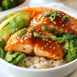 Um die perfekten Sesam-Teriyaki-Lachs-Bowls zu machen, brauchst du: - 2 Lachsfilets (je 170 g) - 60 ml Teriyaki-Sauce - 2 Teelöffel Sesamöl - 240 ml gekochter Naturreis - 240 ml gemischtes gedämpftes Gemüse (Brokkoli, Karotten, Zuckerschoten) - 2 Frühlingszwiebeln, in Ringe geschnitten - 1 Esslöffel Sesamsamen - Optional: 1 Avocado, in Scheiben - Salz und Pfeffer nach Geschmack Für die besten Ergebnisse empfehle ich, eine hochwertige Teriyaki-Sauce zu wählen. Sie hat einen tollen Geschmack und macht das Gericht besonders. Achte darauf, dass das Sesamöl frisch ist. Es gibt deiner Bowl einen nussigen Geschmack, der einfach köstlich ist. Jede Portion dieser Sesam-Teriyaki-Lachs-Bowls hat etwa 500 Kalorien. Der Lachs liefert viel Protein und gesunde Fette. Das Gemüse bringt Vitamine und Mineralstoffe. Der Naturreis gibt dir die nötige Energie. Wenn du die Avocado hinzufügst, bekommst du noch mehr gesunde Fette. So ist jede Bowl nicht nur lecker, sondern auch nahrhaft. {{ingredient_image_2}} Heize deinen Ofen auf 200°C vor. Das ist wichtig, damit der Lachs gleichmäßig gart. Nimm nun zwei Lachsfilets, jeweils 170 g schwer. Lege ein Backblech mit Backpapier aus. Platziere die Lachsfilets mit der Hautseite nach unten darauf. So bleibt der Fisch saftig und die Haut wird knusprig. In einer kleinen Schüssel vermischst du 60 ml Teriyaki-Sauce mit 2 Teelöffeln Sesamöl. Diese Mischung gibt dem Lachs einen tollen Geschmack. Pinsle die Mischung großzügig auf die Lachsfilets. Bewahre etwas Sauce für später auf. Würze den Lachs nach Geschmack mit Salz und Pfeffer. So schmeckt er noch besser! Jetzt kommt der aufregende Teil! Backe den Lachs im vorgeheizten Ofen für 12-15 Minuten. Der Lachs ist fertig, wenn er sich leicht mit einer Gabel zerteilen lässt. Während der Lachs backt, dämpfe das gemischte Gemüse. Brokkoli, Karotten und Zuckerschoten sind perfekt dafür. Dämpfe das Gemüse für etwa 5-7 Minuten. Es sollte zart, aber noch knackig sein. Sobald der Lachs und das Gemüse fertig sind, schichtere den gekochten Naturreis in Servierschalen. Lege ein Lachsfilet auf den Reis. Ordne das gedämpfte Gemüse daneben an. Beträufle alles mit der aufbewahrten Teriyaki-Sauce. Zum Schluss streue die geschnittenen Frühlingszwiebeln und Sesamsamen darüber. Wenn du magst, füge frische Avocadoscheiben hinzu. So wird dein Gericht noch leckerer! Um Lachs perfekt zu garen, ist Timing wichtig. Backen Sie die Lachsfilets bei 200°C für 12-15 Minuten. Der Lachs ist fertig, wenn er sich leicht mit einer Gabel zerteilen lässt. Überprüfen Sie die Dicke des Filets. Dickere Stücke benötigen mehr Zeit. Verwenden Sie ein Küchenthermometer, um sicherzustellen, dass die Innentemperatur 63°C erreicht. Präsentation macht den Unterschied! Nutzen Sie tiefe Schalen für Ihre Bowls. Beginnen Sie mit dem Reis als Basis. Legen Sie dann den Lachs darauf. Ordnen Sie das gedämpfte Gemüse seitlich an. Ein Spritzer Teriyaki-Sauce und frische Frühlingszwiebeln geben Farbe. Streuen Sie Sesamsamen darüber. Für den letzten Schliff fügen Sie Avocadoscheiben hinzu. Ein Zweig frischer Koriander rundet das Bild ab. Falls Sie keine Teriyaki-Sauce haben, probieren Sie Sojasauce oder eine Mischung aus Honig und Soja. Für das Gemüse können Sie kreativ sein! Statt Brokkoli, Karotten und Zuckerschoten verwenden Sie Spargel oder Paprika. Seien Sie experimentierfreudig! Unterschiedliche Aromen bringen Vielfalt in Ihre Bowls. Pro Tipps Frische Zutaten: Verwenden Sie frischen Lachs für den besten Geschmack und eine zarte Textur. Teriyaki-Sauce variieren: Experimentieren Sie mit verschiedenen Teriyaki-Saucen, um den Geschmack nach Ihrem Belieben anzupassen. Gemüse dämpfen: Achten Sie darauf, das Gemüse nicht zu lange zu dämpfen, damit es knackig bleibt und seine Farbe behält. Präsentation: Servieren Sie die Bowls mit frischen Kräutern oder einer Limettenscheibe für einen zusätzlichen Farb- und Geschmacksakzent. {{image_4}} Wenn du Lachs nicht magst, gibt es viele andere Optionen. Hähnchen ist eine tolle Wahl. Es nimmt die Teriyaki-Sauce gut auf und bleibt saftig. Du kannst Hähnchenbrustfilets verwenden. Einfach die gleiche Marinade auftragen und im Ofen backen. Tofu ist eine weitere gute Option. Es ist perfekt für Vegetarier und Veganer. Nutze festen Tofu, schneide ihn in Würfel und mariniere ihn. Brate den Tofu dann in einer Pfanne, bis er knusprig ist. Die Beilagen können viel Abwechslung bieten. Naturreis ist klassisch, aber Quinoa ist eine gesunde Alternative. Quinoa hat mehr Eiweiß und ist glutenfrei. Du kannst auch Zoodles verwenden, das sind Zucchini-Nudeln. Sie sind leicht und frisch. Einfach die Zucchini mit einem Spiralschneider schneiden und kurz anbraten. Das gibt deinem Gericht eine neue Textur. Die Wahl des Gemüses macht viel aus. Brokkoli, Karotten und Zuckerschoten sind toll. Im Frühling kannst du Spargel oder Erbsen verwenden. Im Sommer sind Paprika und Zucchini sehr lecker. Im Herbst sind Kürbis und Rosenkohl eine gute Wahl. Im Winter sind grüne Bohnen oder Spinat ideal. Achte immer auf frische, saisonale Produkte. Sie schmecken besser und sind oft günstiger. Wenn du Reste hast, lagere sie in einem luftdichten Behälter. Das hält den Lachs frisch. Stelle sicher, dass das Gemüse und der Reis auch gut abgedeckt sind. So bleibt der Geschmack erhalten. Du kannst die Reste bis zu drei Tage im Kühlschrank aufbewahren. Wenn du die Bowls aufwärmen möchtest, mache das vorsichtig. Erhitze sie in der Mikrowelle oder in einer Pfanne. Füge etwas Wasser hinzu, um das Gemüse feucht zu halten. So wird alles gleichmäßig warm. Achte darauf, dass der Lachs nicht zu lange erhitzt wird. Sonst wird er trocken. Die Bowls bleiben bis zu drei Tage frisch im Kühlschrank. Überprüfe vor dem Essen, ob alles gut aussieht und riecht. Wenn du Zweifel hast, wirf es lieber weg. Du kannst die Bowls auch einfrieren, aber der Lachs wird dadurch etwas trockener. Backen Sie den Lachs 12 bis 15 Minuten. Er sollte sich leicht mit einer Gabel zerteilen lassen. Die genaue Zeit hängt von der Dicke des Filets ab. Überwachen Sie den Lachs gut, um ihn nicht zu übergaren. Ja, das können Sie! Mischen Sie Sojasauce, Honig, Knoblauch und Ingwer. Kochen Sie die Mischung leicht, um sie zu verdicken. Sie haben dann eine leckere, frische Teriyaki-Sauce. Es ist einfach und macht den Geschmack noch besser. Normale Teriyaki-Sauce enthält oft Sojasauce, die Gluten hat. Um glutenfrei zu sein, verwenden Sie glutenfreie Sojasauce. Prüfen Sie die Etiketten, um sicher zu sein. So genießen Sie die Bowls ohne Bedenken. Zusammengefasst haben wir heute die leckeren Sesam-Teriyaki-Lachs-Bowls behandelt. Wir haben die Zutaten besprochen, Tipps zur Zubereitung gegeben, und nützliche Variationen erkundet. Diese Bowls sind einfach zuzubereiten und bieten viel Abwechslung. Achten Sie darauf, frische Zutaten zu wählen und kreativ beim Servieren zu sein. Mit diesen Tipps können Sie gesunde, nahrhafte Mahlzeiten genießen. Probieren Sie es aus und lassen Sie sich von neuen Geschmackserlebnissen überraschen!