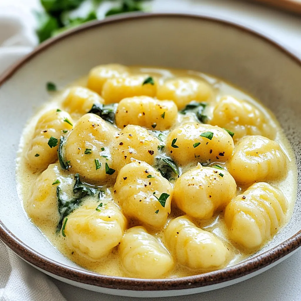 Die Hauptzutaten sind einfach und lecker. Diese Zutaten machen die Gnocchi cremig und voller Geschmack. Hier sind die Zutaten, die du brauchst: - 1 Paket (450 g) Kartoffelgnocchi - 4 Esslöffel ungesalzene Butter - 4 Knoblauchzehen, fein gehackt - 250 ml Schlagsahne - 100 g frisch geriebener Parmesan - 1 Teelöffel italienische Gewürzmischung - Salz und Pfeffer nach Geschmack Diese Zutaten bilden die Basis für das Gericht. Die Butter sorgt für eine reichhaltige Textur. Der Knoblauch gibt ein köstliches Aroma. Die Schlagsahne und der Parmesan machen die Soße cremig und herzhaft. Wenn du deinem Gericht etwas mehr Geschmack geben willst, kannst du diese Zutaten hinzufügen: - 1 Tasse frischer Spinat, grob gehackt (optional) - Frische Petersilie, zum Garnieren, gehackt Der Spinat bringt Farbe und zusätzliche Nährstoffe. Die Petersilie sieht schön aus und gibt einen frischen Geschmack. Du kannst sie einfach hinzufügen, wenn du magst. Manchmal hast du vielleicht nicht alle Zutaten zur Hand. Hier sind einige Alternativen, die du verwenden kannst: - Anstelle von Gnocchi kannst du auch Pasta nehmen. - Verwende statt Schlagsahne eine pflanzliche Sahne. - Parmesan kann durch einen anderen Hartkäse ersetzt werden. Diese Substitutionen helfen dir, das Rezept anzupassen. Du kannst auch die Gewürze variieren, je nach deinem Geschmack. Experimentiere und finde heraus, was dir am besten gefällt! {{ingredient_image_2}} Zuerst bringe einen großen Topf mit Salzwasser zum Kochen. Du brauchst genug Wasser, damit die Gnocchi schwimmen können. Wenn das Wasser kocht, füge das Gnocchi-Paket hinzu. Koche sie gemäß der Verpackung, bis sie an die Oberfläche steigen. Das dauert normalerweise 2-3 Minuten. Sobald sie fertig sind, gieße sie ab und stelle sie beiseite. Jetzt kommt der spannende Teil! Nimm eine große Pfanne und stelle sie bei mittlerer Hitze auf den Herd. Lass die ungesalzene Butter schmelzen. Sobald sie geschmolzen ist, füge die fein gehackten Knoblauchzehen hinzu. Brate den Knoblauch für 1-2 Minuten an, bis er duftet. Achte darauf, dass er nicht anbrennt! Gieße dann die Schlagsahne in die Pfanne. Lass die Mischung sanft köcheln und rühre gelegentlich für etwa 2-3 Minuten. Jetzt ist es Zeit für den Parmesan! Füge nach und nach den frisch geriebenen Parmesan und die italienische Gewürzmischung hinzu. Rühre weiter, bis der Käse schmilzt und die Soße schön cremig wird. Schmecke sie mit Salz und Pfeffer ab, um den perfekten Geschmack zu erreichen. Gib die gekochten Gnocchi vorsichtig in die Pfanne mit der Soße. Rühre gut um, damit die Gnocchi gleichmäßig mit der cremigen Soße überzogen sind. Wenn du frischen Spinat verwendest, füge ihn jetzt hinzu. Rühre alles um, bis der Spinat verwelkt ist. Jetzt hast du eine köstliche, cremige Mahlzeit, bereit zum Servieren! Um die beste Soße für deine cremigen Knoblauch-Parmesan-Gnocchi zu machen, achte auf die Hitze. Erhitze die Butter langsam. Das lässt den Knoblauch besser schmecken. Brate den Knoblauch nur kurz an, etwa 1-2 Minuten. Wenn er zu dunkel wird, wird die Soße bitter. Rühre die Sahne vorsichtig ein, um eine sanfte Textur zu schaffen. Füge den Parmesan nach und nach hinzu. So schmilzt er besser und macht die Soße schön cremig. Die Gnocchi sollten in sprudelndem Salzwasser gekocht werden. Warte, bis das Wasser kocht, bevor du die Gnocchi hinzufügst. Kochen sie etwa 2-3 Minuten, bis sie an die Oberfläche steigen. Das zeigt, dass sie fertig sind. Pass auf, dass du nicht zu viele Gnocchi auf einmal kochst. Das kann die Temperatur des Wassers senken und die Gnocchi werden matschig. Gib die Gnocchi nach dem Kochen in ein Sieb, um das Wasser abzulassen. Ein häufiger Fehler ist, die Gnocchi zu lange zu kochen. Sie werden dann weich und verlieren ihre Form. Ein weiterer Fehler ist, die Soße zu schnell zu kochen. Das kann die Cremigkeit ruinieren. Achte darauf, die Hitze niedrig zu halten. Wenn du frischen Spinat hinzufügst, gib ihn erst kurz vor dem Servieren in die Pfanne. So bleibt er schön grün und knackig. Pro Tipps Gnocchi richtig kochen: Achten Sie darauf, das Wasser gut zu salzen und die Gnocchi nur so lange zu kochen, bis sie an die Oberfläche steigen, um die perfekte Textur zu erzielen. Knoblauch nicht anbrennen lassen: Braten Sie den Knoblauch bei mittlerer Hitze an, um zu verhindern, dass er bitter wird. Er sollte nur leicht goldbraun und aromatisch sein. Frische Kräuter hinzufügen: Frischer Spinat und Petersilie sorgen nicht nur für Farbe, sondern auch für zusätzlichen Geschmack. Fügen Sie sie am Ende des Kochens hinzu, um ihre Frische zu bewahren. Parmesan richtig integrieren: Fügen Sie den Parmesan nach und nach zur Soße hinzu und rühren Sie kontinuierlich, um eine gleichmäßige, cremige Konsistenz zu erreichen. {{image_4}} Für eine vegetarische Variante der cremigen Knoblauch-Parmesan-Gnocchi können Sie einfach den frischen Spinat hinzufügen. Der Spinat bringt Farbe und Nährstoffe. Sie können auch andere Gemüsesorten wie Erbsen oder Zucchini integrieren. Diese geben dem Gericht mehr Textur und Geschmack. Um die Gnocchi interessanter zu machen, fügen Sie gebratene Pilze oder getrocknete Tomaten hinzu. Diese Zutaten passen gut zur cremigen Soße. Auch frische Kräuter wie Basilikum oder Thymian geben dem Gericht einen frischen Kick. Experimentieren Sie mit verschiedenen Käsesorten, wie Pecorino oder Feta, um neue Geschmäcker zu entdecken. Für eine glutenfreie Option nutzen Sie glutenfreie Gnocchi. Viele Marken bieten diese an. Achten Sie darauf, dass auch die verwendete Butter und die Schlagsahne glutenfrei sind. Mit diesen Anpassungen können Sie das Gericht genießen, ohne auf den Geschmack zu verzichten. Um deine cremigen Knoblauch-Parmesan-Gnocchi frisch zu halten, lege sie in einen luftdichten Behälter. Achte darauf, dass der Behälter sauber und trocken ist. Du kannst die Gnocchi auch in der Pfanne mit etwas extra Sahne vermengen, bevor du sie lagerst. So bleibt die Soße cremig und lecker. Im Kühlschrank halten sich die Gnocchi etwa 3 bis 4 Tage. Die Soße kann sich beim Kühlen etwas verdicken. Das ist normal, und beim Aufwärmen wird sie wieder cremig. Achte darauf, die Gnocchi nicht zu lange aufzubewahren, um den besten Geschmack zu genießen. Um die Reste aufzuwärmen, gibt es ein paar einfache Methoden. Du kannst die Gnocchi in einer Pfanne bei mittlerer Hitze erhitzen. Füge einen Schuss Sahne oder Brühe hinzu, um die Soße wieder cremig zu machen. Rühre die Gnocchi ständig um, damit sie gleichmäßig warm werden. Eine andere Möglichkeit ist, sie in der Mikrowelle zu erwärmen. Decke die Schüssel mit einem feuchten Tuch ab, um ein Austrocknen zu vermeiden. Ja, du kannst frische Gnocchi verwenden. Sie sind weich und schnell zubereitet. Frische Gnocchi brauchen oft weniger Zeit zum Kochen als die getrockneten. Achte darauf, sie nur kurz ins kochende Wasser zu geben. Wenn sie an die Oberfläche steigen, sind sie fertig. So bleiben sie zart und lecker. Um die Gnocchi vegan zu machen, ersetze die Butter durch pflanzliches Öl oder Margarine. Statt Schlagsahne kannst du Kokosmilch oder einen veganen Sahneersatz verwenden. Verwende Hefeflocken anstelle von Parmesan, um einen käsigen Geschmack zu bekommen. So kannst du ein leckeres, veganes Gericht zubereiten, das alle genießen. Zu cremigen Gnocchi passen viele Beilagen. Frischer Spinat oder Erbsen bringen Farbe und Nährstoffe. Gegrilltes Gemüse ergänzt die Gnocchi gut. Ein einfacher grüner Salat sorgt für Frische. Du kannst auch ein Stück knuspriges Brot dazu servieren, um die Soße aufzutunken. Diese Zusammenfassung deckt die wichtigsten Punkte unseres Blogbeitrags ab. Du hast die Zutaten für cremige Knoblauch-Parmesan-Gnocchi kennengelernt, ebenso wie die Zubereitung und die besten Tipps für perfekte Gnocchi. Variationen bieten dir Abwechslung und Aufbewahrungstipps helfen dir, Reste länger frisch zu halten. Nutze diese Informationen, um ein leckeres Gericht zu zaubern. Experimentiere mit Zutaten und finde deinen eigenen Geschmack. Gnocchi sind einfach und machen Spaß!
