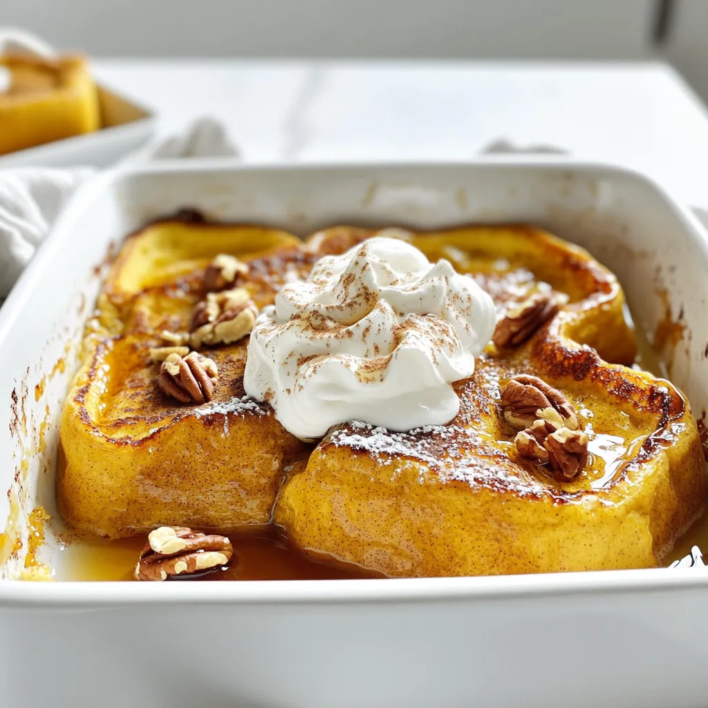 Für diesen leckeren Auflauf brauchen Sie einige Hauptzutaten: - 1 Laib Challah- oder Briochebrot, in 2,5 cm große Würfel geschnitten - 1 Dose (425 g) Kürbispüree - 4 große Eier - 500 ml Vollmilch - 100 g brauner Zucker - 1 Esslöffel Vanilleextrakt - 2 Teelöffel Kürbiskuchengewürz - 1 Teelöffel gemahlener Zimt - 1/4 Teelöffel Salz Diese Zutaten sind die Basis für den perfekten Kürbisgewürz Französischen Toast Auflauf. Das Kürbispüree sorgt für einen reichen Geschmack und eine schöne Farbe. Wenn Sie etwas Besonderes hinzufügen möchten, können Sie diese Zutaten verwenden: - 75 g gehackte Pekannüsse (optional) - Ahornsirup und Schlagsahne zum Servieren Die Pekannüsse geben einen tollen Crunch. Ahornsirup und Schlagsahne runden das Gericht wunderbar ab. Die Wahl des Brotes ist wichtig für den Geschmack und die Textur. Hier sind einige Tipps: - Challah oder Brioche: Diese Brote sind weich und süß. Sie nehmen die Kürbismischung gut auf. - Altbackenes Brot: Wenn Sie älteres Brot verwenden, wird der Auflauf fester. Dies ist besonders hilfreich, wenn Sie den Auflauf im Voraus zubereiten. - Keine anderen Brotsorten: Vermeiden Sie Brote mit starken Aromen, die den Kürbisgeschmack überdecken könnten. Durch die richtige Brotauswahl wird Ihr Auflauf zum echten Hit! Zuerst heizen Sie Ihren Ofen auf 175°C vor. Nehmen Sie eine 23x33 cm große Auflaufform und fetten Sie sie mit Kochspray ein. Dies hilft, dass der Auflauf nicht kleben bleibt. Schneiden Sie dann den Laib Challah- oder Briochebrot in 2,5 cm große Würfel. Diese Würfel sind ideal, um die Kürbismischung gut aufzunehmen. In einer großen Schüssel geben Sie das Kürbispüree, die Eier und die Milch. Fügen Sie dann den braunen Zucker, den Vanilleextrakt, das Kürbiskuchengewürz, den Zimt und das Salz hinzu. Verrühren Sie alles gut, bis die Mischung gleichmäßig aussieht. Jetzt können Sie die Brotwürfel vorsichtig unterheben. Achten Sie darauf, dass jedes Stück Brot gut von der Mischung umhüllt ist. Wenn Sie möchten, können Sie auch die gehackten Pekannüsse hinzufügen. Gießen Sie die Brotmischung gleichmäßig in die vorbereitete Auflaufform. Decken Sie die Form mit Aluminiumfolie ab. Backen Sie den Auflauf für 30 Minuten. Nach dieser Zeit nehmen Sie die Folie ab und backen weiter für 15 bis 20 Minuten. Der Auflauf ist fertig, wenn die Oberseite goldbraun ist und die Mitte fest aussieht. Lassen Sie den Auflauf kurz abkühlen, bevor Sie ihn in Stücke schneiden. Servieren Sie ihn warm mit Ahornsirup und einem Klecks Schlagsahne. Um die perfekte Konsistenz für Ihren Kürbisgewürz Französischen Toast Auflauf zu erzielen, achten Sie auf die Mischung. Verquirlen Sie die Eier gut mit der Milch und dem Kürbispüree. Diese Zutaten sorgen für eine cremige Basis. Wenn Sie die Brotwürfel hinzufügen, falten Sie sie vorsichtig in die Mischung. So bleibt die Textur luftig und leicht. Lassen Sie den Auflauf auch etwas ziehen, bevor Sie ihn backen. Das hilft, dass das Brot die Flüssigkeit gut aufnimmt. Sie können den Auflauf nach Ihrem Geschmack anpassen. Fügen Sie Schokoladenstückchen oder getrocknete Früchte hinzu, um süße Akzente zu setzen. Für einen extra Crunch können Sie gehackte Pekannüsse, wie im Rezept, verwenden oder Mandeln probieren. Ein Hauch von Muskatnuss oder Ingwer kann ebenfalls die Aromen vertiefen. Experimentieren Sie mit verschiedenen Sirupen, wie Honig oder Karamell, um neue Geschmackserlebnisse zu schaffen. Ein häufiger Fehler ist, die Mischung zu lange zu rühren. Dadurch wird der Auflauf zäh. Achten Sie auch darauf, die Backzeit genau zu beobachten. Wenn der Auflauf zu lange im Ofen bleibt, wird er trocken. Überprüfen Sie die Konsistenz in der Mitte, bevor Sie ihn herausnehmen. Ein weiterer Fehler ist, die Auflaufform nicht gut einzufetten. Dadurch kann der Auflauf kleben bleiben. Nutzen Sie Kochspray oder Butter, um dies zu vermeiden. {{image_4}} Wenn du auf der Suche nach einer veganen oder glutenfreien Version bist, gibt es tolle Optionen. Ersetze die Eier durch Leinsamen oder Chiasamen. Mische einen Esslöffel Samen mit drei Esslöffeln Wasser. Lass die Mischung für fünf Minuten ruhen. Für die Milch, nutze Hafermilch oder Mandelmilch. Wähle glutenfreies Brot, wie Reis- oder Maisbrot, um die beste Konsistenz zu erreichen. Diese Alternativen machen den Auflauf genauso lecker. Experimentiere mit Füllungen und Toppings! Füge Schokoladenstückchen oder frische Äpfel hinzu. Nüsse wie Walnüsse oder Mandeln bringen einen tollen Crunch. Für die Toppings probiere frische Beeren oder Karamellsauce. Ahornsirup ist ein Muss, aber auch ein Hauch von Puderzucker sieht schön aus. Sei kreativ und finde deine Lieblingskombination! Du kannst diesen Auflauf für jedes Fest anpassen. Für Weihnachten, füge etwas Muskatnuss und Cranberries hinzu. Im Frühling probiere eine Zitrusnote mit Orange oder Zitrone. Im Sommer sind frische Pfirsiche oder Beeren großartig. Jeder Anlass kann mit einem neuen Geschmack feierlich gestaltet werden. Lass deiner Fantasie freien Lauf und genieße jede saisonale Variante! Um den Kürbisgewürz Französischen Toast Auflauf frisch zu halten, lassen Sie ihn abkühlen. Schneiden Sie ihn in Portionen und legen Sie diese in einen luftdichten Behälter. Sie können auch Frischhaltefolie verwenden. Bewahren Sie den Auflauf im Kühlschrank auf. Er bleibt so für bis zu drei Tage frisch. Um die Reste aufzuwärmen, nehmen Sie ein Stück heraus und legen Sie es auf einen Teller. Sie können die Mikrowelle oder den Ofen verwenden. Wenn Sie den Ofen nutzen, heizen Sie ihn auf 175°C vor. Legen Sie den Auflauf in eine Auflaufform und decken Sie ihn mit Folie ab. Backen Sie ihn für etwa 15 Minuten. Fügen Sie einen Schuss Ahornsirup hinzu, um den Geschmack zu verstärken. Im Kühlschrank hält der Auflauf bis zu drei Tage. Wenn Sie ihn länger aufbewahren möchten, können Sie ihn einfrieren. Wickeln Sie die Portionen gut ein. So bleibt der Auflauf bis zu drei Monate haltbar. Zum Auftauen legen Sie ihn in den Kühlschrank, bis er weich ist. Danach können Sie ihn wie gewohnt aufwärmen. H2 - Häufige Fragen (FAQs) H3 - Wie lange kann ich den Auflauf im Voraus zubereiten? Du kannst den Auflauf bis zu 24 Stunden im Voraus zubereiten. Bereite die Mischung einfach am Abend vorher zu. Fülle die Brotmischung in die Auflaufform und decke sie gut ab. Stelle die Form dann in den Kühlschrank. Am nächsten Morgen backe den Auflauf einfach wie im Rezept beschrieben. So sparst du Zeit am Morgen und kannst entspannt frühstücken. H3 - Kann ich frisches Brot anstelle von Challah oder Brioche verwenden? Ja, du kannst frisches Brot verwenden. Es gibt viele Optionen. Weißbrot, Vollkornbrot oder sogar Baguette sind möglich. Achte darauf, dass das Brot nicht zu frisch ist. Ein leicht trockenes Brot nimmt die Mischung besser auf. Das macht den Auflauf noch leckerer und saftiger. H3 - Ist der Auflauf für das Frühstück oder das Dessert geeignet? Der Auflauf ist perfekt für beide Gelegenheiten. Er eignet sich hervorragend als Frühstück. Du kannst ihn auch als Dessert servieren. Mit etwas Sahne und Ahornsirup wird er zu einem köstlichen Nachtisch. Egal, wann du ihn genießt, er wird immer ein Hit sein! Im Blogbeitrag haben wir alles über Kürbisgewürz Französischen Toast Auflauf behandelt. Wir haben die Hauptzutaten und die besten Brotsorten besprochen. Diese Leitfäden helfen bei der Zubereitung und dem Backen. Tipps zur perfekten Konsistenz und häufige Fehler werden erklärt. Auch vegane sowie glutenfreie Optionen sind enthalten. Schließlich gibt es wichtige Hinweise zur Lagerung und Aufwärmung. Nutze all diese Tipps, um deinen Auflauf zu einem Hit zu machen. Viel Spaß beim Ausprobieren!