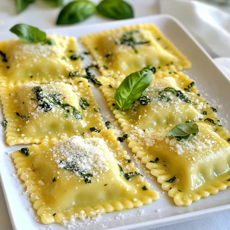 Um die cremigen Spinat-Ricotta-Ravioli zuzubereiten, benötigst du folgende Zutaten: - 2 Tassen Allzweckmehl - 4 große Eier - 1 Tasse Ricotta-Käse - 2 Tassen frischer Spinat, gehackt - 1/2 Tasse frisch geriebener Parmesan-Käse - 1 Teelöffel Knoblauchpulver - 1/2 Teelöffel Muskatnuss - Salz und Pfeffer nach Geschmack - 4 Esslöffel Olivenöl - 1 Tasse Schlagsahne - 1/2 Teelöffel Zitronenabrieb - Frische Basilikumblätter zum Garnieren Du kannst einige Zutaten leicht ersetzen. Zum Beispiel, wenn du keinen Ricotta hast, verwende Hüttenkäse. Für eine leichtere Sauce kannst du griechischen Joghurt anstelle von Schlagsahne nutzen. Frischer Spinat kann auch durch tiefgekühlten Spinat ersetzt werden. Achte darauf, ihn gut abzutropfen, um zusätzliche Feuchtigkeit zu vermeiden. Wenn du keinen Parmesan hast, probiere Pecorino oder Grana Padano. Frische Zutaten machen den Unterschied in diesem Rezept. Wähle frischen Spinat, der knackig und leuchtend grün ist. Achte darauf, dass der Ricotta cremig aussieht und frisch riecht. Das Mehl sollte fein und ohne Klumpen sein. Wenn du Eier kaufst, wähle Bio-Eier für besseren Geschmack und bessere Qualität. Kaufe Parmesan am Stück und reibe ihn selbst für den besten Geschmack. {{ingredient_image_2}} Zuerst nimmst du 2 Tassen Allzweckmehl und schüttest sie in eine große Schüssel. Füge eine Prise Salz hinzu. Mache in der Mitte des Mehls eine kleine Vertiefung. Schlage 4 große Eier in diese Vertiefung. Mit einer Gabel rührst du die Eier sanft und arbeitest das Mehl von den Rändern ein. Knete den Teig etwa 5-7 Minuten auf einer bemehlten Fläche, bis er glatt ist. Wickele den Teig in Frischhaltefolie und lasse ihn 30 Minuten ruhen. Jetzt bereite die Füllung vor. Erhitze 1 Esslöffel Olivenöl in einer großen Pfanne bei mittlerer Hitze. Gib 2 Tassen gehackten Spinat hinzu und koche ihn 2-3 Minuten, bis er zusammenfällt. Lass den Spinat abkühlen. In einer Schüssel mische den Spinat mit 1 Tasse Ricotta-Käse, 1/2 Tasse frisch geriebenem Parmesan, 1 Teelöffel Knoblauchpulver, 1/2 Teelöffel Muskatnuss, Salz und Pfeffer nach Geschmack. Rühre alles gut durch. Teile den ruhenden Teig in zwei Hälften. Rolle eine Hälfte dünn aus, etwa 1/16 Zoll dick. Verwende einen kleinen runden Ausstecher, um Kreise aus dem Teig auszuschneiden. Gib in die Mitte jedes Kreises etwa 1 Teelöffel der Füllung. Befeuchte die Ränder mit Wasser und klappe den Teig über die Füllung. Drücke die Ränder gut zusammen, um sie zu versiegeln. Setze diesen Vorgang mit dem restlichen Teig und Füllung fort. Koche die Ravioli in einem großen Topf mit Salzwasser für 3-4 Minuten, bis sie an die Oberfläche steigen. Für die Sauce nimm die Pfanne, in der du den Spinat gekocht hast. Füge das restliche Olivenöl und 1 Tasse Schlagsahne hinzu. Rühre die Mischung etwa eine Minute lang bei mittlerer Hitze. Dann füge 1/2 Teelöffel Zitronenabrieb, Salz und Pfeffer nach Geschmack hinzu. Lass die Sauce 5 Minuten köcheln, bis sie leicht eingedickt ist. Gib die gekochten Ravioli vorsichtig in die Sahnesauce. Rühre sie sanft um, damit sie gleichmäßig bedeckt sind. Lass sie 2 Minuten kochen, damit die Aromen sich verbinden. Du kannst die Ravioli dann auf einem großen Teller anrichten. Garniere sie mit frischen Basilikumblättern und einer Prise Parmesan. Ein häufiger Fehler ist, den Teig nicht genug zu kneten. Knete ihn mindestens sieben Minuten. So wird er glatt und elastisch. Ein anderer Fehler ist, die Ravioli nicht gut zu versiegeln. Achte darauf, dass die Ränder fest zusammengepresst sind. Wenn nicht, können die Füllung und der Geschmack entweichen. Für die beste Pasta-Textur verwende frisches Mehl. Achte darauf, dass dein Teig gut durchgeknetet ist. Lass den Teig zudem mindestens 30 Minuten ruhen. Dies gibt dem Gluten Zeit, sich zu entspannen. Beim Ausrollen sollte der Teig dünn sein, etwa 1/16 Zoll. So wird die Ravioli zart und lecker. Die Präsentation ist wichtig. Lege die Ravioli vorsichtig auf einen großen Teller. Beträufle sie mit der Sahnesauce. Dekoriere sie mit frischen Basilikumblättern. Eine Prise Parmesan-Käse macht das Gericht noch ansprechender. Denke daran, die Ravioli gleichmäßig zu verteilen. So sieht der Teller einladend aus. Pro Tipps Teig für die beste Konsistenz kneten: Achten Sie darauf, den Teig ausreichend zu kneten, bis er glatt und elastisch ist, um eine perfekte Textur für Ihre Ravioli zu erreichen. Füllung nicht überfüllen: Verwenden Sie nicht zu viel Füllung in jedem Ravioli, da sie sonst beim Kochen aufplatzen können. Ein Teelöffel pro Ravioli ist ideal. Ravioli in reichlich Salzwasser kochen: Stellen Sie sicher, dass das Wasser gut gesalzen ist und es kocht, bevor Sie die Ravioli hinzufügen, um den besten Geschmack zu erzielen. Frische Kräuter für die Garnitur: Verwenden Sie frische Basilikumblätter zur Garnitur, um den Geschmack der Ravioli zu verstärken und eine schöne Präsentation zu erzielen. {{image_4}} Um eine vegane Version zu machen, ersetzen Sie die Eier. Verwenden Sie stattdessen Wasser und eine Prise Kurkuma für die Farbe. Für die Füllung verwenden Sie veganen Ricotta. Dieser wird oft aus Nüssen oder Tofu hergestellt. Fügen Sie frischen Spinat, Hefeflocken und Gewürze hinzu. Diese Mischung ist lecker und gesund. Variieren Sie die Füllungen nach Ihrem Geschmack. Probieren Sie Pilze, Zucchini oder sogar Kürbis. Diese Zutaten bringen neue Aromen in die Ravioli. Für die Sauce können Sie anstelle von Sahne auch Tomatensauce verwenden. Eine leichte Pesto-Sauce ist auch sehr gut. Diese Alternativen bieten viel Abwechslung und passen gut zu den Ravioli. Servieren Sie die Ravioli warm mit frischem Basilikum. Ein einfacher grüner Salat passt gut dazu. Sie können auch knuspriges Brot dazu reichen. Wenn Sie etwas mehr möchten, bereiten Sie geröstetes Gemüse als Beilage vor. Diese Kombination macht die Mahlzeit noch besser. Wenn du Ravioli übrig hast, lege sie in einen luftdichten Behälter. Du kannst sie im Kühlschrank aufbewahren. Sie bleiben dort etwa 3 Tage frisch. Achte darauf, die Ravioli nicht zu stapeln, um Beschädigungen zu vermeiden. Wenn du die Ravioli in Sauce hast, bewahre sie ebenfalls im Kühlschrank auf. Um frische Ravioli einzufrieren, lege sie auf ein Backblech. Stelle sicher, dass sie nicht berühren. Friere sie etwa 1–2 Stunden ein, bis sie fest sind. Danach kannst du sie in einen Gefrierbeutel umfüllen. Beschrifte den Beutel mit dem Datum. Die Ravioli sind so bis zu 3 Monate haltbar. Um die Ravioli aufzuwärmen, kannst du sie in leicht kochendes Wasser geben. Lass sie etwa 2–3 Minuten erwärmen, bis sie heiß sind. Du kannst auch die Sauce in einer Pfanne erwärmen. Füge die Ravioli hinzu und rühre vorsichtig um. So bleiben sie weich und lecker. Die Zubereitung der Ravioli dauert etwa 45 Minuten. Die gesamte Zeit beträgt rund 1 Stunde und 15 Minuten. Dies schließt das Kochen und die Zubereitung der Sauce ein. Ja, Sie können die Ravioli im Voraus machen. Bereiten Sie sie bis zu einem Tag vorher zu und lagern Sie sie im Kühlschrank. Achten Sie darauf, sie mit Frischhaltefolie abzudecken, damit sie nicht austrocknen. Zu Ravioli passen viele Beilagen gut. Hier sind einige Vorschläge: - Geröstetes Gemüse - Frischer Salat - Knoblauchbrot - Ein leichter Wein Diese Beilagen ergänzen den Geschmack der Ravioli und machen das Essen rund. Ravioli selbst zu machen ist nicht sehr schwer. Es braucht etwas Übung, aber jeder kann es lernen. Der Teig ist einfach und die Füllung lässt sich leicht zubereiten. Ja, Sie können die Ravioli ohne Nudelmaschine machen. Rollen Sie den Teig einfach mit einem Nudelholz aus. Achten Sie darauf, den Teig dünn auszurollen, damit die Ravioli gut kochen. Das Blogpost behandelt die Zutaten und das Zubereiten von Ravioli. Ich habe die wichtigsten Schritte und Tipps geteilt, um sicherzustellen, dass du leckere Ravioli machst. Von der Auswahl frischer Zutaten bis zu Lagerschritten, alles ist wichtig. Denke daran, kreativ mit Füllungen und Saucen umzugehen. Wenn du die häufigsten Fehler vermeidest, wirst du das Gericht gut hinbekommen. Nutze die Variationen, um deine Ravioli einzigartig zu gestalten. Frisch zubereitete Ravioli machen Freude und schmecken besonders gut.