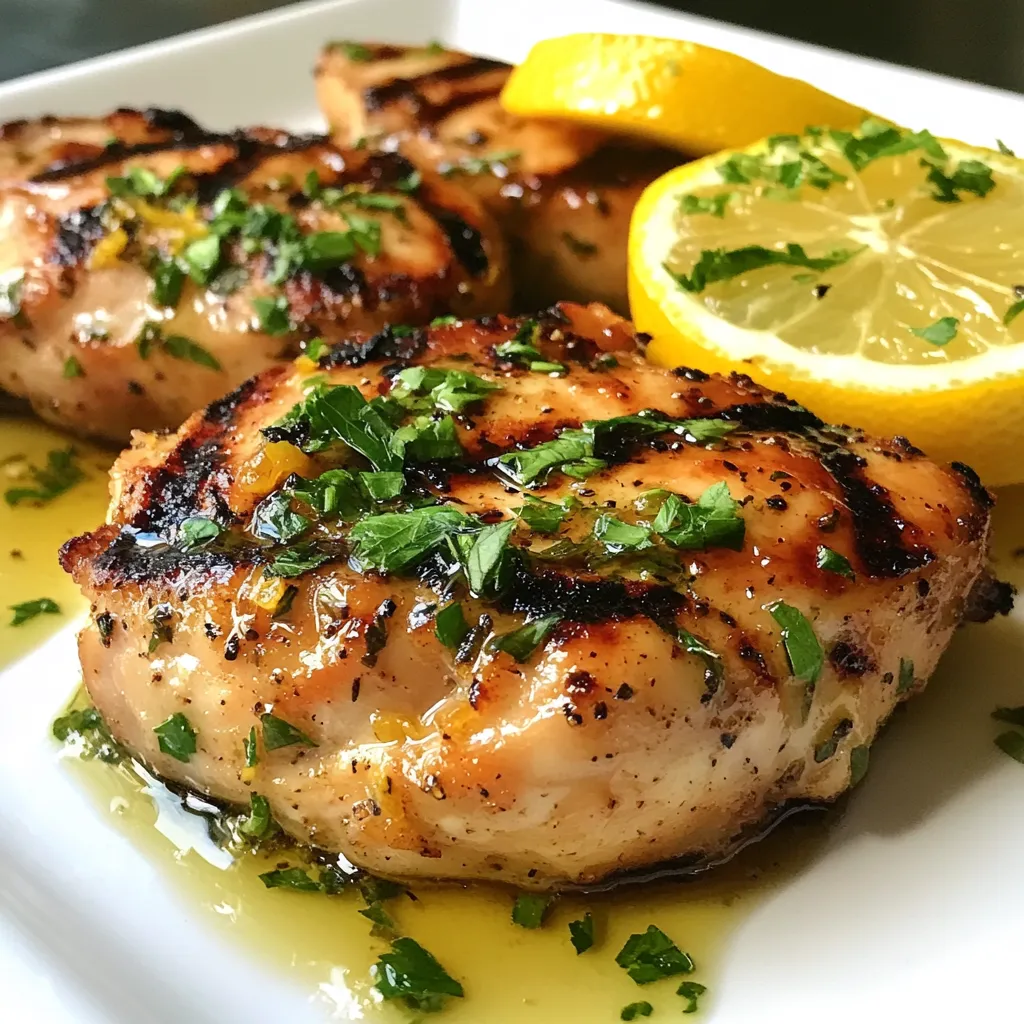 Für dieses leckere Gericht brauchst du folgende Zutaten: - 4 Hähnchenbrustfilets, ohne Haut und Knochen - 60 ml Olivenöl - 45 ml frischer Zitronensaft - Schale von 1 Zitrone - 2 Teelöffel getrockneter Oregano - 2 Teelöffel frische Thymianblätter - 2 Knoblauchzehen, fein gehackt - Salz und Pfeffer nach Geschmack - Frische Petersilie, gehackt (zum Garnieren) Du kannst die Zutaten nach deinem Geschmack anpassen. Für das Hähnchen kannst du auch andere Stücke verwenden, wie Schenkel oder Flügel. Anstelle von Olivenöl kannst du auch Avocadoöl nutzen. Frische Kräuter wie Basilikum oder Rosmarin geben dem Gericht einen besonderen Kick. Wenn du keinen frischen Zitronensaft hast, nutze Zitronen aus der Flasche. Achte darauf, dass sie keinen Zucker oder Zusatzstoffe enthalten. Die Qualität der Zutaten ist entscheidend für den Geschmack. Achte auf frische Hähnchenbrustfilets, die fest und geruchsneutral sind. Frische Kräuter sollten lebendig und grün aussehen. Verwende natives Olivenöl Extra, um den besten Geschmack zu erhalten. Die Zitrone sollte fest und schwer sein, was auf Saftigkeit hinweist. Hochwertige Zutaten machen den Unterschied und bringen mehr Geschmack auf deinen Grill. {{ingredient_image_2}} Um die Marinade für das Zitronen-Kräuter-gegrillte Hähnchen zu machen, nimm eine Schüssel. Mische darin 60 ml Olivenöl, 45 ml frischen Zitronensaft und die Schale von einer Zitrone. Füge zwei Teelöffel getrockneten Oregano und zwei Teelöffel frische Thymianblätter hinzu. Hacke zwei Knoblauchzehen fein und gib sie in die Schüssel. Würze alles mit Salz und Pfeffer nach Geschmack. Rühre gut um, bis sich alle Zutaten verbinden. Lege vier Hähnchenbrustfilets in einen wiederverwendbaren Plastikbeutel oder eine flache Schale. Gieße die Marinade gleichmäßig über das Hähnchen. Achte darauf, dass das Hähnchen gut bedeckt ist. Verschließe den Beutel oder decke die Schale ab. Lass das Hähnchen mindestens 30 Minuten im Kühlschrank marinieren. Für mehr Geschmack kannst du bis zu zwei Stunden warten. Heize den Grill auf mittelhohe Hitze vor, während das Hähnchen mariniert. Nimm das Hähnchen aus der Marinade und lass das überschüssige Öl abtropfen. Werfe die restliche Marinade weg. Lege das Hähnchen auf den Grill und grille es etwa 6-7 Minuten pro Seite. Achte darauf, dass die Innentemperatur 75 °C erreicht. Wenn das Hähnchen fertig ist, nimm es vom Grill und lass es fünf Minuten ruhen. Schneide es dann in Scheiben und garniere es mit frisch gehackter Petersilie. Um den besten Geschmack zu erzielen, marinieren Sie das Hähnchen lange genug. Eine Stunde ist gut, aber zwei Stunden sind besser. Die Marinade aus Olivenöl, Zitronensaft und Kräutern bringt saftiges Fleisch hervor. Achten Sie darauf, frische Kräuter zu verwenden, wenn möglich. Das verstärkt das Aroma. Grillen Sie das Hähnchen bei mittelhoher Hitze. Dies sorgt für schöne Grillstreifen. Wenden Sie das Hähnchen nur einmal. So bleibt es saftig. Nutzen Sie ein Fleischthermometer, um die Temperatur zu prüfen. Das Hähnchen sollte 75 °C erreichen. Lassen Sie das Hähnchen nach dem Grillen ruhen. So setzen sich die Säfte, und es bleibt zart. Ein häufiger Fehler ist, das Hähnchen zu früh zu wenden. Warten Sie, bis es gut angebraten ist. Wenn Sie das Hähnchen übergrillen, wird es trocken. Achten Sie auch darauf, die Marinade nicht zu verwenden, die das Hähnchen berührt hat. Das kann zu Kontamination führen. Vermeiden Sie auch, das Hähnchen direkt nach dem Grillen zu schneiden. Lassen Sie es zuerst ruhen, damit die Säfte bleiben. Pro Tipps Marinierzeit maximieren: Lassen Sie das Hähnchen mindestens 2 Stunden marinieren, um einen intensiveren Geschmack zu erzielen. Grilltemperatur überprüfen: Stellen Sie sicher, dass der Grill auf mittelhohe Hitze vorgeheizt ist, um eine gleichmäßige Garung zu gewährleisten. Ruhen lassen: Lassen Sie das Hähnchen nach dem Grillen 5 Minuten ruhen, damit sich die Säfte setzen und das Fleisch saftiger wird. Serviervorschlag: Garnieren Sie das Hähnchen mit Zitronenscheiben und frischen Kräutern auf einem Holzbrett für eine ansprechende Präsentation. {{image_4}} Für mehr Geschmack können Sie verschiedene Kräuter verwenden. Anstelle von Oregano probieren Sie Basilikum oder Rosmarin. Beide Kräuter bringen eine frische Note. Thymian lässt sich auch durch Estragon ersetzen. Er gibt dem Hähnchen einen feinen, süßlichen Geschmack. Fügen Sie auch etwas Paprika oder Cayennepfeffer für einen Hauch Schärfe hinzu. Diese Alternativen bringen Abwechslung in Ihr Gericht. Wenn Sie eine pflanzliche Option suchen, nutzen Sie Tofu oder Seitan. Marinieren Sie den Tofu genauso wie das Hähnchen. Grillen Sie ihn dann für 5-6 Minuten pro Seite. Seitan hat eine fleischähnliche Konsistenz und nimmt Aromen gut auf. Für eine vegane Option können Sie auch Gemüse wie Zucchini oder Paprika verwenden. Marinieren Sie diese und grillen Sie sie ebenfalls. So haben Sie eine bunte und schmackhafte Mahlzeit. Zu Zitronen-Kräuter-gegrilltem Hähnchen passen viele Beilagen. Ein frischer Salat mit Rucola und Kirschtomaten ist eine ausgezeichnete Wahl. Auch gegrilltes Gemüse, wie Paprika und Zucchini, ergänzt das Hähnchen gut. Reis oder Quinoa sind nahrhafte Beilagen, die das Gericht abrunden. Servieren Sie auch etwas Knoblauchbrot für zusätzlichen Geschmack. Um dein übrig gebliebenes Zitronen-Kräuter-gegrilltes Hähnchen frisch zu halten, lege es in einen luftdichten Behälter. So bleibt das Hähnchen saftig und aromatisch. Du kannst das Hähnchen bis zu drei Tage im Kühlschrank aufbewahren. Stelle sicher, dass es vollständig abgekühlt ist, bevor du es in den Kühlschrank stellst. Wenn du das Hähnchen länger aufbewahren möchtest, friere es ein. Wickele die Hähnchenstücke gut in Frischhaltefolie ein. Danach lege sie in einen Gefrierbeutel oder -behälter. So schützt du das Hähnchen vor Frostbrand. Das gefrorene Hähnchen bleibt bis zu drei Monate frisch. Zum Auftauen lege es über Nacht in den Kühlschrank. Das übrig gebliebene Hähnchen kann vielseitig verwendet werden. Du kannst es in Salaten, Wraps oder Pasta-Gerichten einsetzen. Koche das Hähnchen gut durch, wenn du es wieder erhitzt. Achte darauf, dass es eine Temperatur von 75 °C erreicht. So bleibst du gesund und genießt die leckeren Aromen weiterhin. Das Hähnchen sollte mindestens 30 Minuten marinieren. So nimmt es den Zitronen- und Kräutergeschmack gut auf. Wenn du mehr Geschmack möchtest, lasse es bis zu 2 Stunden im Kühlschrank. Längeres Marinieren macht das Hähnchen zarter und aromatischer. Ja, du kannst das Hähnchen auch im Ofen garen. Heize deinen Ofen auf 200 °C vor. Lege das marinierte Hähnchen auf ein Backblech. Gar es für etwa 20-25 Minuten, bis es eine Innentemperatur von 75 °C erreicht. So bleibt das Hähnchen saftig und lecker. Zu diesem Hähnchen passen viele Beilagen gut. Du kannst einen frischen Salat servieren. Gebratene Gemüse sind auch eine tolle Wahl. Reis oder Quinoa ergänzen das Gericht perfekt. Für etwas mehr Frische sind Zitronenscheiben und frische Kräuter ideal. Das Zitronen-Kräuter-gegrillte Hähnchen bringt frischen Geschmack und Freude in Ihre Küche. Wir haben die wichtigsten Zutaten besprochen, die perfekte Marinade erklärt und Tipps für das Grillen gegeben. Zudem gab es Variationen für jeden Geschmack und hilfreiche Lagerhinweise. Denken Sie daran, dass die Qualität der Zutaten entscheidend ist. Mit diesen einfachen Schritten und Tricks gelingt es Ihnen, köstliches Hähnchen zu zaubern. Viel Spaß beim Ausprobieren und Genießen!