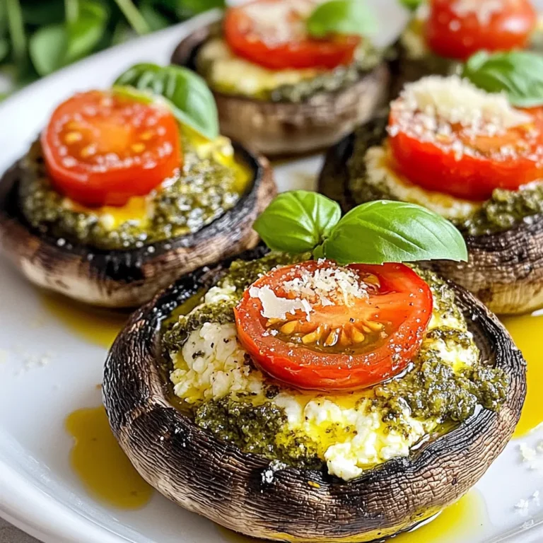Die Hauptzutaten für Pesto-Ricotta gefüllte Portobello-Pilze sind einfach und frisch. Hier sind die wichtigsten Zutaten: - 4 große Portobello-Pilze, Stiele entfernt - 1 Tasse Ricotta-Käse - 1/2 Tasse zubereitetes Pesto - 1/4 Tasse geriebener Parmesan-Käse - 1/2 Teelöffel Knoblauchpulver - Salz und Pfeffer nach Geschmack - 1/4 Tasse Kirschtomaten, halbiert - 1/4 Tasse frische Basilikumblätter, zur Garnierung - 2 Esslöffel Olivenöl Ricotta bringt eine cremige Textur. Pesto fügt einen frischen, aromatischen Geschmack hinzu. Parmesan gibt einen herzhaften Kick. Kirschtomaten fügen eine süße Note hinzu. Neben den Hauptzutaten kann man mit Gewürzen spielen. Hier sind einige Tipps: - Fügen Sie eine Prise Paprika für etwas Würze hinzu. - Frischer Knoblauch kann anstelle von Knoblauchpulver verwendet werden. - Für einen extra Kick, probieren Sie rote Pfefferflocken. Diese kleinen Änderungen machen das Gericht noch spannender. Seien Sie kreativ und passen Sie die Gewürze nach Ihrem Geschmack an. Wählen Sie frische, große Portobello-Pilze. Achten Sie auf diese Punkte: - Die Kappen sollten fest und glatt sein. - Vermeiden Sie Pilze mit dunklen Flecken oder Schleim. - Suchen Sie nach gleichmäßiger Farbe, meist braun oder schwarz. Die besten Pilze geben dem Gericht eine köstliche Basis. Gute Pilze sind der Schlüssel für das perfekte Geschmackserlebnis. {{ingredient_image_2}} Heizen Sie Ihren Ofen auf 190°C vor. Das sorgt für ein gleichmäßiges Garen. Nehmen Sie die großen Portobello-Pilze und reinigen Sie sie vorsichtig. Verwenden Sie ein feuchtes Tuch, um Schmutz zu entfernen. Entfernen Sie die Stiele und legen Sie die Pilze mit der Kappeninnenseite nach oben auf ein Backblech. So können sie gut gefüllt werden. In einer Rührschüssel mischen Sie den Ricotta-Käse, das Pesto, den geriebenen Parmesan und das Knoblauchpulver. Fügen Sie Salz und Pfeffer hinzu. Vermengen Sie alles gut, bis eine homogene Mischung entsteht. Nehmen Sie einen Löffel und füllen Sie jede Portobello-Kappe großzügig. Lassen Sie die Füllung leicht über den Rand hinaus ragen. Verteilen Sie die halbierten Kirschtomaten gleichmäßig darauf. Träufeln Sie etwas Olivenöl über jede Kappe, um den Geschmack zu verstärken. Schieben Sie die gefüllten Pilze in den Ofen und backen Sie sie 20-25 Minuten. Sie sind fertig, wenn die Pilze zart sind und die Füllung leicht goldbraun wird. Nehmen Sie die Pilze aus dem Ofen und lassen Sie sie ein paar Minuten abkühlen. Garnieren Sie die gefüllten Pilze mit frischen Basilikumblättern, bevor Sie sie servieren. Dies gibt Farbe und Frische. Die Füllung ist der Star dieses Gerichts. Beginne mit frischem Ricotta. Der Käse gibt eine weiche Textur. Mische das Pesto gut unter. Es sorgt für einen kräftigen Geschmack. Füge Parmesan hinzu für eine salzige Note. Knoblauchpulver rundet alles ab. Schmecke die Mischung mit Salz und Pfeffer ab. Du kannst auch geröstete Nüsse für Knusprigkeit hinzufügen. Heize deinen Ofen auf 190°C vor. Das sorgt dafür, dass die Pilze gleichmäßig garen. Lege die Pilze mit der Innenseite nach oben auf ein Blech. So kann die Füllung nicht herauslaufen. Backe die Pilze 20-25 Minuten. Wenn die Füllung goldbraun ist, sind sie perfekt. Lass die Pilze kurz abkühlen, bevor du sie servierst. Die Zutaten für dieses Rezept sind einfach zu finden. Ricotta und Pesto sind in den meisten Läden erhältlich. Du kannst auch dein eigenes Pesto machen. Kirschtomaten geben Frische und Farbe. Basilikumblätter sind ideal zur Garnierung. Diese Pilze sind auch eine tolle Vorspeise oder Beilage. Sie sind lecker warm oder bei Raumtemperatur. Pro Tipps Pilze richtig reinigen: Verwenden Sie ein feuchtes Tuch, um Schmutz von den Portobello-Pilzen zu entfernen, anstatt sie unter Wasser zu spülen, um ihre Textur zu erhalten. Füllung variieren: Experimentieren Sie mit verschiedenen Käsesorten oder fügen Sie gehackte Nüsse hinzu, um der Füllung mehr Textur und Geschmack zu verleihen. Vorbereitung im Voraus: Bereiten Sie die Füllung im Voraus zu und füllen Sie die Pilze kurz vor dem Backen, um Zeit zu sparen. Servieren mit einem Dip: Ein Balsamico-Reduktion oder eine Joghurt-Sauce kann eine köstliche Ergänzung zu den gefüllten Pilzen sein. {{image_4}} Wenn Sie eine vegetarische Variante machen möchten, probieren Sie Mozzarella oder Feta. Diese Käsesorten bringen eine andere Textur und Geschmack. Sie können auch Spinat oder Zucchini zur Füllung hinzufügen. Diese Zutaten machen das Gericht noch frischer und gesünder. Pesto ist schon voll von Geschmack, aber Sie können noch mehr hinzufügen. Frische Kräuter wie Thymian oder Oregano geben zusätzliche Tiefe. Ein Hauch von Chili-Flocken bringt eine angenehme Schärfe. Experimentieren Sie mit verschiedenen Gewürzen. So finden Sie die perfekte Mischung für Ihren Geschmack. Servieren Sie die gefüllten Pilze mit einem frischen Salat. Ein einfacher grüner Salat passt gut dazu. Sie können auch Quinoa oder Reis als Beilage nutzen. Diese Beilagen machen die Mahlzeit sättigender. Vergessen Sie nicht, einen Spritzer Balsamico-Essig für mehr Geschmack hinzuzufügen. Nach dem Kochen sind die Pesto-Ricotta gefüllten Portobello-Pilze sehr lecker. Sie können die Pilze im Kühlschrank lagern. Legen Sie sie in einen luftdichten Behälter. So bleiben sie frisch. Sie können die gefüllten Pilze bis zu drei Tage im Kühlschrank aufbewahren. Achten Sie darauf, die Pilze abzukühlen, bevor Sie sie lagern. Wenn Sie mehr Pilze machen, können Sie sie auch einfrieren. Lassen Sie die gefüllten Pilze zuerst abkühlen. Wickeln Sie sie dann gut in Frischhaltefolie ein. Packen Sie sie in einen Gefrierbeutel oder einen luftdichten Behälter. Gefrorene Pilze halten bis zu drei Monate. Zum Auftauen legen Sie sie über Nacht in den Kühlschrank. Haben Sie Reste von den gefüllten Pilzen? Lagern Sie sie im Kühlschrank wie oben beschrieben. Zum Wiederaufwärmen verwenden Sie den Ofen. Heizen Sie ihn auf 175°C vor. Legen Sie die Pilze auf ein Backblech. Backen Sie sie etwa 10-15 Minuten, bis sie warm sind. So schmecken sie fast wie frisch zubereitet. Gefüllte Pilze sind im Kühlschrank etwa 3 bis 4 Tage haltbar. Bewahre sie in einem luftdichten Behälter auf. So bleiben sie frisch und lecker. Wenn du sie länger aufbewahren möchtest, friere sie ein. In der Tiefkühltruhe halten sie bis zu 3 Monate. Ja, du kannst anderes Gemüse verwenden. Zucchini, Spinat oder Paprika passen gut zu dieser Füllung. Achte darauf, das Gemüse klein zu schneiden. So vermischt es sich gut mit dem Ricotta und Pesto. Experimentiere mit deinen Lieblingsgemüsesorten für neue Geschmäcker. Ja, du kannst das Rezept vegan machen. Ersetze den Ricotta durch veganen Käse oder einen Nussaufstrich. Verwende pflanzliches Pesto, um die Füllung frisch und aromatisch zu halten. Auch der Parmesan kann durch Hefeflocken ersetzt werden. So erhältst du eine leckere, vegane Variante. In diesem Artikel haben wir die besten Zutaten für gefüllte Portobello-Pilze behandelt. Wir haben die Hauptzutaten, Gewürze und Tipps besprochen. Zudem gab es eine Schritt-für-Schritt-Anleitung, wie du sie perfekt zubereitest. Wir haben auch Variationen für verschiedene Geschmäcker angeboten und Lagerungshinweise gegeben. Denke daran, dass gefüllte Pilze vielseitig sind. Du kannst sie ganz nach deinem Geschmack anpassen. Probiere die Tipps und genieße dein Gericht!