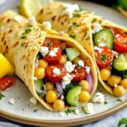 Für die Hauptzutaten brauchst du: - 1 Dose (425 g) Kichererbsen, abgetropft und abgespült - 1 Tasse Gurke, gewürfelt - 1 Tasse Kirschtomaten, halbiert - 1/2 rote Zwiebel, dünn geschnitten - 1/2 Tasse Feta-Käse, zerbröckelt - 1/4 Tasse Kalamata-Oliven, entsteint und in Scheiben geschnitten Diese Zutaten geben den Wraps ihren tollen Geschmack und Textur. Kichererbsen sind eine gute Proteinquelle und machen die Wraps herzhaft. Die Gurke und Kirschtomaten sorgen für Frische. Der Feta-Käse fügt eine salzige Note hinzu, während die Oliven einen würzigen Kick geben. Du solltest auch frische Kräuter und Gewürze verwenden: - 2 Esslöffel frische Petersilie, gehackt - 2 Esslöffel frische Minze, gehackt - Saft von 1 Zitrone - 3 Esslöffel Olivenöl - 1 Teelöffel getrockneter Oregano - Salz und Pfeffer nach Geschmack Diese Kräuter bringen einen aromatischen Geschmack. Petersilie und Minze sind frisch und beleben die Wraps. Oregano ist ein klassisches Gewürz in der griechischen Küche. Der Zitronensaft und das Olivenöl sorgen für ein leckeres Dressing. Für die Wraps kannst du wählen zwischen: - 4 Vollkorn-Tortillas - 4 Spinattortillas Vollkorn-Tortillas sind gesünder und geben einen nussigen Geschmack. Spinattortillas sind bunt und erhöhen die Nährstoffe. Du kannst die Tortillas nach deinem Geschmack wählen. Achte darauf, sie frisch zu halten, damit sie gut rollen. {{ingredient_image_2}} Zuerst öffne die Dose Kichererbsen. Spüle sie gut ab und lasse sie abtropfen. Währenddessen würfel die Gurke und halbiere die Kirschtomaten. Schneide die rote Zwiebel in dünne Scheiben. Zerbröckle den Feta-Käse und schneide die Kalamata-Oliven in Scheiben. Hacke die frische Petersilie und die Minze. Lege alle Zutaten in eine große Rührschüssel. Nimm eine kleine Schüssel. Presse den Saft einer Zitrone hinein. Füge das Olivenöl, den getrockneten Oregano, Salz und Pfeffer hinzu. Rühre alles gut durch. Das Dressing soll frisch und würzig schmecken. Gieße das Dressing über die Kichererbsen-Mischung in der großen Schüssel. Lege die Tortillas auf eine saubere Arbeitsfläche. Nimm eine Portion der Kichererbsen-Mischung und lege sie in die Mitte jeder Tortilla. Achte darauf, Platz an den Rändern zu lassen. Klappe die Seiten der Tortilla nach innen und rolle sie von unten nach oben auf. So entsteht ein fester Wrap. Wenn du magst, kannst du die Wraps in einer Pfanne erhitzen. Stelle die Pfanne auf mittlere Hitze. Lege die Wraps für 2-3 Minuten in die Pfanne. Wende sie, bis sie leicht knusprig sind. Dies ist nicht nötig, aber es macht die Wraps warm und lecker. Um einen perfekten Wrap zu machen, achte auf die Füllmenge. Nutze nicht zu viel, damit der Wrap nicht bricht. Platziere die Füllung in der Mitte der Tortilla. Lass genug Platz an den Rändern. Falte die Seiten der Tortilla nach innen. Rolle dann die Tortilla von unten auf. So bleibt alles schön zusammen. Du kannst auch leicht die Tortilla anwärmen. Dies macht sie flexibler. Die Füllung ist der Schlüssel zu einem tollen Wrap. Probiere verschiedene Zutaten aus! Statt Feta kannst du Hummus verwenden. Füge Avocado oder geröstete Paprika hinzu. Auch gebratene Auberginen sind eine gute Wahl. Du kannst auch verschiedene Kräuter ausprobieren, wie Basilikum oder Koriander. So wird jedes Mal ein neuer Genuss. Falls du eine spezielle Diät hast, passe die Wraps einfach an. Für eine glutenfreie Option nimm glutenfreie Tortillas. Veganer können den Feta durch Tofu oder Nusskäse ersetzen. Wenn du weniger Öl verwenden möchtest, nutze weniger Dressing oder verwende Joghurt. So bleibt das Gericht gesund und lecker für jeden. Pro Tipps Kichererbsen gut spülen: Durch das Abspülen der Kichererbsen werden überschüssige Salze und Konservierungsstoffe entfernt, was den Geschmack verbessert. Kräuter frisch hacken: Frisch gehackte Kräuter wie Petersilie und Minze sorgen für ein intensiveres Aroma und eine frischere Note im Wrap. Wraps leicht anrösten: Das Anrösten der Wraps in einer Pfanne sorgt für eine knusprige Textur und hebt den Geschmack der Füllung hervor. Variationen ausprobieren: Experimentiere mit verschiedenen Gemüsesorten oder Proteinen, um den Wrap nach deinem Geschmack anzupassen. {{image_4}} Wenn du eine vegetarische Variante möchtest, probiere verschiedene Käsesorten. Du kannst Mozzarella oder Ricotta verwenden. Auch Avocado gibt eine cremige Textur. Füge noch Paprika oder Karottenstreifen hinzu. Diese Farben machen den Wrap noch schöner. Für eine vegane Option lässt du den Feta-Käse weg. Ersetze ihn durch zerdrückte Avocado oder eine Nusscreme. Auch vegane Käsesorten sind großartig. Du kannst die Kichererbsen-Mischung mit mehr Kräutern aufpeppen. Frische Minze und Petersilie sind perfekt dafür. Die Wahl der Tortilla macht viel aus. Vollkorn-Tortillas sind gesund und nahrhaft. Spinattortillas bringen Farbe und einen tollen Geschmack. Du kannst auch glutenfreie Tortillas verwenden. Diese sind für viele Menschen eine gute Option. Wenn du Wraps übrig hast, wickel sie in Pergamentpapier. Das hilft, sie frisch zu halten. Du kannst sie auch in einem luftdichten Behälter aufbewahren. So bleiben sie länger lecker. Vermeide es, die Wraps mit dem Dressing zu mischen, bevor du sie lagerst. Das hält die Tortilla weich. Für die Meal Prep sind diese Kichererbsen Wraps ideal. Du kannst die Füllung einen Tag vorher zubereiten. Das spart Zeit. Stelle die Wraps erst kurz vor dem Essen zusammen. So bleiben sie frisch und knackig. Plane etwa 15 Minuten für die Vorbereitung ein. Im Kühlschrank halten sich die Wraps gut für zwei bis drei Tage. Achte darauf, sie gut verpackt aufzubewahren. Das hilft, sie vor dem Austrocknen zu schützen. Wenn du sie länger aufbewahren möchtest, friere die Füllung ein. Die Tortillas kannst du separat lagern. Du kannst die Wraps bis zu drei Tage im Kühlschrank aufbewahren. Stelle sicher, dass du sie in einem luftdichten Behälter lagerst. So bleibt die Frische erhalten. Wenn du sie länger aufbewahren möchtest, empfehle ich, die Füllung und Tortillas getrennt zu lagern. Ja, du kannst viele verschiedene Gemüse hinzufügen. Paprika, Karotten oder Zucchini passen gut dazu. Sei kreativ und nutze, was du magst. Das Rezept ist sehr anpassbar und erlaubt dir, deine Lieblingszutaten zu verwenden. Das Rezept ergibt vier großzügige Portionen. Du kannst die Wraps als Hauptgericht oder als Snack servieren. Wenn du mehr Gäste hast, kannst du die Menge einfach verdoppeln. Das Rezept ist nicht von Natur aus glutenfrei. Die Tortillas sind oft aus Weizen. Du kannst jedoch glutenfreie Tortillas verwenden. So wird das Gericht für alle geeignet. Achte darauf, die Zutaten gut zu prüfen, um sicherzustellen, dass sie glutenfrei sind. Griechische Kichererbsen Wraps sind einfach und lecker. Du hast die Hauptzutaten kennengelernt. Die frischen Kräuter und Gewürze machen sie besonders. Ich habe dir auch eine Schritt-für-Schritt-Anleitung gegeben, damit du sie leicht zubereiten kannst. Tipps und Tricks helfen dir, die besten Wraps zu formen. Variiere die Füllung nach deinem Geschmack. Bewahre Reste richtig auf, um sie frisch zu halten. Erfülle deine Fragen in den FAQs. Probiere diese gesunden Wraps aus und genieße jede Bissen!