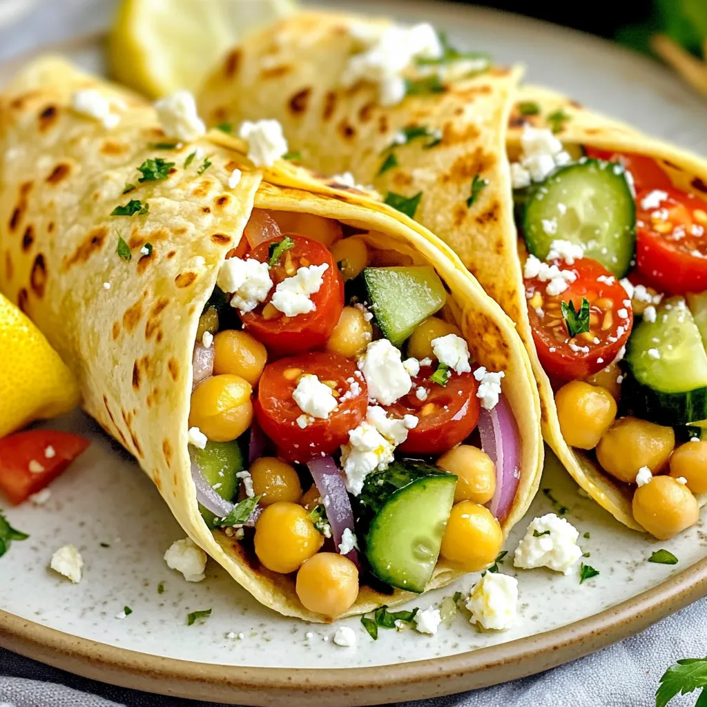 Für die Hauptzutaten brauchst du: - 1 Dose (425 g) Kichererbsen, abgetropft und abgespült - 1 Tasse Gurke, gewürfelt - 1 Tasse Kirschtomaten, halbiert - 1/2 rote Zwiebel, dünn geschnitten - 1/2 Tasse Feta-Käse, zerbröckelt - 1/4 Tasse Kalamata-Oliven, entsteint und in Scheiben geschnitten Diese Zutaten geben den Wraps ihren tollen Geschmack und Textur. Kichererbsen sind eine gute Proteinquelle und machen die Wraps herzhaft. Die Gurke und Kirschtomaten sorgen für Frische. Der Feta-Käse fügt eine salzige Note hinzu, während die Oliven einen würzigen Kick geben. Du solltest auch frische Kräuter und Gewürze verwenden: - 2 Esslöffel frische Petersilie, gehackt - 2 Esslöffel frische Minze, gehackt - Saft von 1 Zitrone - 3 Esslöffel Olivenöl - 1 Teelöffel getrockneter Oregano - Salz und Pfeffer nach Geschmack Diese Kräuter bringen einen aromatischen Geschmack. Petersilie und Minze sind frisch und beleben die Wraps. Oregano ist ein klassisches Gewürz in der griechischen Küche. Der Zitronensaft und das Olivenöl sorgen für ein leckeres Dressing. Für die Wraps kannst du wählen zwischen: - 4 Vollkorn-Tortillas - 4 Spinattortillas Vollkorn-Tortillas sind gesünder und geben einen nussigen Geschmack. Spinattortillas sind bunt und erhöhen die Nährstoffe. Du kannst die Tortillas nach deinem Geschmack wählen. Achte darauf, sie frisch zu halten, damit sie gut rollen. {{ingredient_image_2}} Zuerst öffne die Dose Kichererbsen. Spüle sie gut ab und lasse sie abtropfen. Währenddessen würfel die Gurke und halbiere die Kirschtomaten. Schneide die rote Zwiebel in dünne Scheiben. Zerbröckle den Feta-Käse und schneide die Kalamata-Oliven in Scheiben. Hacke die frische Petersilie und die Minze. Lege alle Zutaten in eine große Rührschüssel. Nimm eine kleine Schüssel. Presse den Saft einer Zitrone hinein. Füge das Olivenöl, den getrockneten Oregano, Salz und Pfeffer hinzu. Rühre alles gut durch. Das Dressing soll frisch und würzig schmecken. Gieße das Dressing über die Kichererbsen-Mischung in der großen Schüssel. Lege die Tortillas auf eine saubere Arbeitsfläche. Nimm eine Portion der Kichererbsen-Mischung und lege sie in die Mitte jeder Tortilla. Achte darauf, Platz an den Rändern zu lassen. Klappe die Seiten der Tortilla nach innen und rolle sie von unten nach oben auf. So entsteht ein fester Wrap. Wenn du magst, kannst du die Wraps in einer Pfanne erhitzen. Stelle die Pfanne auf mittlere Hitze. Lege die Wraps für 2-3 Minuten in die Pfanne. Wende sie, bis sie leicht knusprig sind. Dies ist nicht nötig, aber es macht die Wraps warm und lecker. Um einen perfekten Wrap zu machen, achte auf die Füllmenge. Nutze nicht zu viel, damit der Wrap nicht bricht. Platziere die Füllung in der Mitte der Tortilla. Lass genug Platz an den Rändern. Falte die Seiten der Tortilla nach innen. Rolle dann die Tortilla von unten auf. So bleibt alles schön zusammen. Du kannst auch leicht die Tortilla anwärmen. Dies macht sie flexibler. Die Füllung ist der Schlüssel zu einem tollen Wrap. Probiere verschiedene Zutaten aus! Statt Feta kannst du Hummus verwenden. Füge Avocado oder geröstete Paprika hinzu. Auch gebratene Auberginen sind eine gute Wahl. Du kannst auch verschiedene Kräuter ausprobieren, wie Basilikum oder Koriander. So wird jedes Mal ein neuer Genuss. Falls du eine spezielle Diät hast, passe die Wraps einfach an. Für eine glutenfreie Option nimm glutenfreie Tortillas. Veganer können den Feta durch Tofu oder Nusskäse ersetzen. Wenn du weniger Öl verwenden möchtest, nutze weniger Dressing oder verwende Joghurt. So bleibt das Gericht gesund und lecker für jeden. Pro Tipps Kichererbsen gut spülen: Durch das Abspülen der Kichererbsen werden überschüssige Salze und Konservierungsstoffe entfernt, was den Geschmack verbessert. Kräuter frisch hacken: Frisch gehackte Kräuter wie Petersilie und Minze sorgen für ein intensiveres Aroma und eine frischere Note im Wrap. Wraps leicht anrösten: Das Anrösten der Wraps in einer Pfanne sorgt für eine knusprige Textur und hebt den Geschmack der Füllung hervor. Variationen ausprobieren: Experimentiere mit verschiedenen Gemüsesorten oder Proteinen, um den Wrap nach deinem Geschmack anzupassen. {{image_4}} Wenn du eine vegetarische Variante möchtest, probiere verschiedene Käsesorten. Du kannst Mozzarella oder Ricotta verwenden. Auch Avocado gibt eine cremige Textur. Füge noch Paprika oder Karottenstreifen hinzu. Diese Farben machen den Wrap noch schöner. Für eine vegane Option lässt du den Feta-Käse weg. Ersetze ihn durch zerdrückte Avocado oder eine Nusscreme. Auch vegane Käsesorten sind großartig. Du kannst die Kichererbsen-Mischung mit mehr Kräutern aufpeppen. Frische Minze und Petersilie sind perfekt dafür. Die Wahl der Tortilla macht viel aus. Vollkorn-Tortillas sind gesund und nahrhaft. Spinattortillas bringen Farbe und einen tollen Geschmack. Du kannst auch glutenfreie Tortillas verwenden. Diese sind für viele Menschen eine gute Option. Wenn du Wraps übrig hast, wickel sie in Pergamentpapier. Das hilft, sie frisch zu halten. Du kannst sie auch in einem luftdichten Behälter aufbewahren. So bleiben sie länger lecker. Vermeide es, die Wraps mit dem Dressing zu mischen, bevor du sie lagerst. Das hält die Tortilla weich. Für die Meal Prep sind diese Kichererbsen Wraps ideal. Du kannst die Füllung einen Tag vorher zubereiten. Das spart Zeit. Stelle die Wraps erst kurz vor dem Essen zusammen. So bleiben sie frisch und knackig. Plane etwa 15 Minuten für die Vorbereitung ein. Im Kühlschrank halten sich die Wraps gut für zwei bis drei Tage. Achte darauf, sie gut verpackt aufzubewahren. Das hilft, sie vor dem Austrocknen zu schützen. Wenn du sie länger aufbewahren möchtest, friere die Füllung ein. Die Tortillas kannst du separat lagern. Du kannst die Wraps bis zu drei Tage im Kühlschrank aufbewahren. Stelle sicher, dass du sie in einem luftdichten Behälter lagerst. So bleibt die Frische erhalten. Wenn du sie länger aufbewahren möchtest, empfehle ich, die Füllung und Tortillas getrennt zu lagern. Ja, du kannst viele verschiedene Gemüse hinzufügen. Paprika, Karotten oder Zucchini passen gut dazu. Sei kreativ und nutze, was du magst. Das Rezept ist sehr anpassbar und erlaubt dir, deine Lieblingszutaten zu verwenden. Das Rezept ergibt vier großzügige Portionen. Du kannst die Wraps als Hauptgericht oder als Snack servieren. Wenn du mehr Gäste hast, kannst du die Menge einfach verdoppeln. Das Rezept ist nicht von Natur aus glutenfrei. Die Tortillas sind oft aus Weizen. Du kannst jedoch glutenfreie Tortillas verwenden. So wird das Gericht für alle geeignet. Achte darauf, die Zutaten gut zu prüfen, um sicherzustellen, dass sie glutenfrei sind. Griechische Kichererbsen Wraps sind einfach und lecker. Du hast die Hauptzutaten kennengelernt. Die frischen Kräuter und Gewürze machen sie besonders. Ich habe dir auch eine Schritt-für-Schritt-Anleitung gegeben, damit du sie leicht zubereiten kannst. Tipps und Tricks helfen dir, die besten Wraps zu formen. Variiere die Füllung nach deinem Geschmack. Bewahre Reste richtig auf, um sie frisch zu halten. Erfülle deine Fragen in den FAQs. Probiere diese gesunden Wraps aus und genieße jede Bissen!