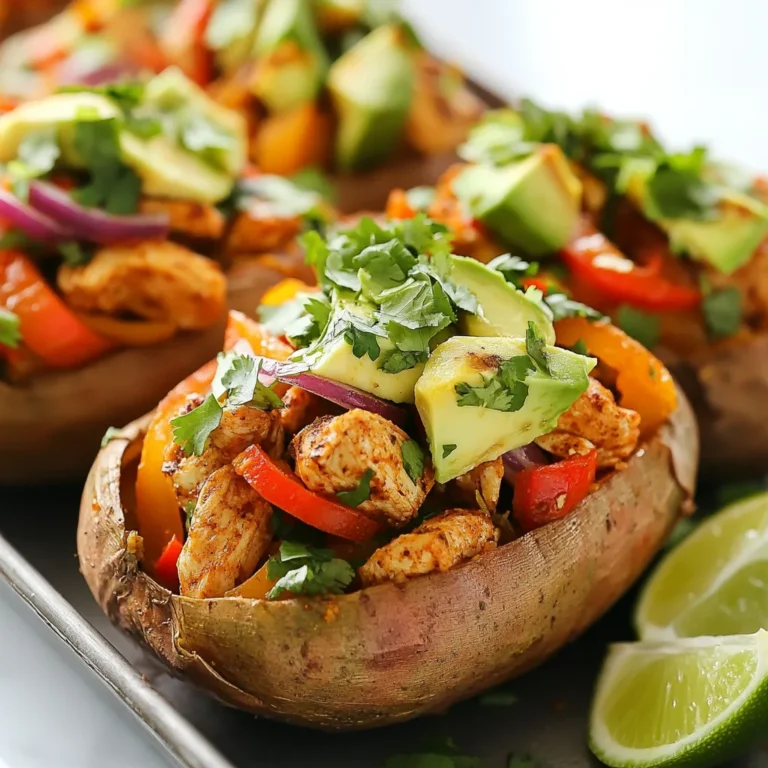 - 2 große Süßkartoffeln - 450 g Hähnchenbrustfilet - 1 rote und 1 grüne Paprika Die Hauptzutaten sind wichtig für den Geschmack. Süßkartoffeln sind süß und nahrhaft. Sie bilden die Basis für unser Gericht. Hähnchenbrustfilet ist zart und proteinreich. Es gibt der Füllung einen herzhaften Biss. Die Paprika bringt Farbe und Crunch. Sie macht das Gericht frisch und lebendig. - 2 Teelöffel Chili-Pulver - 1 Teelöffel Kreuzkümmel - Frischer Koriander Gewürze sind das Herz der Fajitas. Chili-Pulver bringt die Wärme. Kreuzkümmel fügt Tiefe und Erdigkeit hinzu. Diese Aromen machen das Hähnchen besonders lecker. Frischer Koriander ist das perfekte Finish. Er gibt Frische und Aroma. Die Kombination hebt die gefüllten Süßkartoffeln auf ein neues Level. {{ingredient_image_2}} Heize den Ofen auf 200°C vor. Steche mit einer Gabel in die Süßkartoffeln. Lege sie auf ein Backblech. Backe die Süßkartoffeln für 45-50 Minuten. Sie sind fertig, wenn sie zart sind. Erhitze 2 Esslöffel Olivenöl in einer großen Pfanne. Füge 450 g gewürfelte Hähnchenbrust hinzu. Würze das Hähnchen mit 2 Teelöffeln Chili-Pulver, 1 Teelöffel Kreuzkümmel, 1 Teelöffel Paprika, ½ Teelöffel Knoblauchpulver, Salz und Pfeffer. Brate das Hähnchen etwa 5 Minuten lang an. Rühre es gelegentlich um, bis es leicht braun ist. Gib die geschnittenen Paprika und Zwiebeln in die Pfanne. Koche alles 5-7 Minuten, bis das Gemüse zart ist und das Hähnchen durchgegart ist. Nehme die Süßkartoffeln aus dem Ofen und lasse sie kurz abkühlen. Schneide jede Süßkartoffel längs auf. Lockere das Innere mit einer Gabel auf. Fülle die Süßkartoffeln mit der Hähnchen-Fajita-Mischung. Garnieren mit gewürfelter Avocado und frischem Koriander. Serviere die Süßkartoffeln mit Limettenkeilen an der Seite. Der richtige Gargrad der Süßkartoffeln macht den Unterschied. Backe die Süßkartoffeln bei 200°C. Die Backzeit beträgt etwa 45 bis 50 Minuten. Sie sind fertig, wenn sie zart sind. Steche mit einer Gabel hinein, um die Konsistenz zu prüfen. Wenn sie leicht nachgibt, sind sie perfekt. Die Gewürze sind der Schlüssel zu einem tollen Geschmack. Für mehr Schärfe kannst du zusätzlich Chili-Pulver verwenden. Du kannst auch etwas Cayennepfeffer hinzufügen. Wenn du eine mildere Variante möchtest, reduziere das Chili-Pulver. Experimentiere mit Paprika und Kreuzkümmel, um deinen eigenen Geschmack zu finden. Die Präsentation macht das Gericht noch einladender. Garniere die Süßkartoffeln mit gewürfelter Avocado. Frischer Koriander bringt Farbe und Geschmack. Serviere Limettenkeile dazu. Ein Spritzer Limettensaft hebt das Aroma hervor. So wird dein Gericht nicht nur lecker, sondern auch schön anzusehen. Pro Tipps Süßkartoffeln richtig zubereiten: Achten Sie darauf, die Süßkartoffeln gleichmäßig zu backen, indem Sie sie vor dem Backen mehrfach einstechen. Dies hilft, die Dampfentwicklung zu regulieren. Würzungen anpassen: Experimentieren Sie mit verschiedenen Gewürzen wie Paprika oder Cayennepfeffer, um den Geschmack nach Ihrem persönlichen Vorlieben zu variieren. Gemüse frisch halten: Fügen Sie das Gemüse erst gegen Ende des Garvorgangs hinzu, um sicherzustellen, dass es knackig bleibt und nicht zu weich wird. Avocado optimal verwenden: Wählen Sie reife Avocados, die leicht auf Druck nachgeben. Sie sind cremig und verleihen den gefüllten Süßkartoffeln einen köstlichen Geschmack. {{image_4}} Wenn Sie eine vegetarische Version machen möchten, gibt es tolle Optionen. Ersetzen Sie das Hähnchen mit Tofu oder Bohnen. Tofu nimmt die Aromen gut auf. Schneiden Sie ihn in kleine Würfel und braten Sie ihn mit den gleichen Gewürzen. Bohnen, wie schwarze Bohnen oder Kichererbsen, sind ebenfalls eine gute Wahl. Sie bieten Protein und eine schöne Textur. Beide Optionen machen diese gefüllten Süßkartoffeln bunter und gesünder. Das Schöne an gefüllten Süßkartoffeln ist, dass Sie kreativ sein können. Fügen Sie Käse hinzu, um das Gericht cremiger zu machen. Geriebener Cheddar oder Feta passen gut dazu. Mais bringt Süße und Knusprigkeit. Sie können auch Salsa für einen frischen Kick verwenden, der das Gericht aufpeppt. Diese Ergänzungen machen jede Portion einzigartig und schmackhaft. Experimentieren Sie mit verschiedenen Gemüsesorten. Zucchini ist leicht und hat einen milden Geschmack. Sie können sie in kleine Stücke schneiden und mit dem Hähnchen oder Tofu anbraten. Brokkoli ist eine weitere tolle Option, die viel Nährstoffe bietet. Schneiden Sie ihn in kleine Röschen und kochen Sie ihn kurz, bis er zart ist. Diese Variationen bringen nicht nur neue Aromen, sondern auch eine schöne Farbe auf den Teller. Um die gefüllten Süßkartoffeln zu lagern, lassen Sie sie zuerst abkühlen. Packen Sie die Reste in einen luftdichten Behälter. Legen Sie zwischen die Schichten ein Stück Backpapier. So bleibt die Füllung frisch. Sie können die gefüllten Süßkartoffeln bis zu drei Tage im Kühlschrank aufbewahren. Achten Sie darauf, die Reste nicht zu lange stehen zu lassen. Um die Reste aufzuwärmen, nutzen Sie den Ofen. Heizen Sie ihn auf 180°C vor. Legen Sie die gefüllten Süßkartoffeln auf ein Backblech. Decken Sie sie mit Alufolie ab, um Trockenheit zu vermeiden. Erwärmen Sie sie etwa 15 Minuten lang. So bleibt die Textur schön. Alternativ können Sie die Reste in der Mikrowelle aufwärmen. Stellen Sie die Mikrowelle auf mittlere Leistung. Erwärmen Sie die Süßkartoffeln in Intervallen von 1-2 Minuten. So schmecken sie fast wie frisch zubereitet. Gefüllte Süßkartoffeln bleiben bis zu 3 Tage frisch. Lagern Sie sie in einem luftdichten Behälter im Kühlschrank. So bleibt der Geschmack und die Textur erhalten. Wenn Sie die Süßkartoffeln länger aufbewahren möchten, frieren Sie sie ein. Dafür wickeln Sie sie gut in Frischhaltefolie ein. So halten sie sich bis zu 3 Monate. Ja, Sie können dieses Rezept im Voraus zubereiten. Kochen Sie die Süßkartoffeln und die Füllung einen Tag vorher. Lagern Sie die Füllung getrennt in einem Behälter. Vor dem Servieren können Sie die Süßkartoffeln im Ofen aufwärmen. So bleibt alles frisch und lecker. Zu gefüllten Süßkartoffeln passen viele Beilagen gut. Hier sind einige Vorschläge: - Ein einfacher grüner Salat. - Guacamole oder Salsa für mehr Geschmack. - Gegrilltes Gemüse als leichte Beilage. - Reis oder Quinoa für eine sättigende Mahlzeit. Mit diesen Beilagen wird Ihr Gericht noch besser und interessanter! Die gefüllten Süßkartoffeln sind einfach zuzubereiten und lecker. Wir haben die Hauptzutaten wie Süßkartoffeln, Hähnchen und Paprika genutzt. Gewürze wie Chili und Kreuzkümmel geben jedem Bissen mehr Geschmack. Denk daran, die Süßkartoffeln gut zu backen und die Füllung an deinen Geschmack anzupassen. Du kannst auch Variationen ausprobieren, zum Beispiel mit Tofu oder extra Gemüse. Diese Rezepte sind gesund, schmackhaft und einfach zu lagern. Du wirst schnell merken, wie viel Freude es macht, sie zuzubereiten und zu genießen.