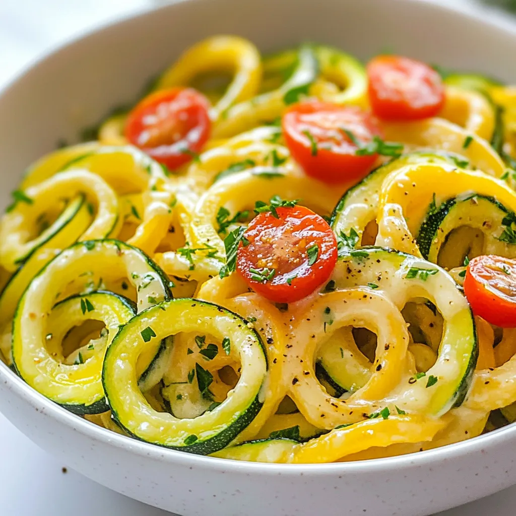 - 4 mittelgroße Zucchini - 1 Tasse Schlagsahne - 1 Tasse frisch geriebener Parmesan - 2 Esslöffel ungesalzene Butter - 3 Knoblauchzehen, fein gehackt - 1 Teelöffel Knoblauchpulver - Salz und Pfeffer nach Geschmack - 1/4 Teelöffel Muskatnuss, frisch gerieben - Frische Petersilie, gehackt (zum Garnieren) - Kirschtomaten, halbiert (zum Garnieren) Zucchini sind kalorienarm und reich an Wasser. Sie enthalten wichtige Vitamine wie Vitamin C und K. Schlagsahne bringt Cremigkeit und Geschmack, hat aber auch viele Kalorien. Parmesan bietet Kalzium und Protein, was wichtig für starke Knochen ist. Butter fügt gesunde Fette hinzu, während Knoblauch gut für das Herz ist. Muskatnuss hat auch Antioxidantien, die gesund sind. Petersilie ist eine gute Quelle für Vitamin A und K. Kirschtomaten liefern Antioxidantien und wichtige Nährstoffe. Sind Zucchini-Nudeln gesund? Ja, sie sind kalorienarm und enthalten viele Nährstoffe. Kann ich andere Käsesorten verwenden? Ja, Sie können Mozzarella oder Pecorino probieren. Wie lange halten die Zutaten? Zucchini hält sich im Kühlschrank etwa eine Woche. Parmesan bleibt länger, meist mehrere Wochen. {{ingredient_image_2}} Um die Zucchini in Nudeln zu schneiden, nehme ich einen Spiralschneider. Es macht Spaß und ist einfach. Ich nehme vier mittelgroße Zucchini. Ich wasche sie gut und schneide die Enden ab. Dann drehe ich die Zucchini im Spiralschneider. Die Zucchini verwandeln sich in feine Nudeln. Ich lege die Zucchini-Nudeln beiseite, während ich die Sauce zubereite. Jetzt geht es zur Sauce. In einer großen Pfanne schmelze ich zwei Esslöffel Butter bei mittlerer Hitze. Dann füge ich drei fein gehackte Knoblauchzehen hinzu. Der Duft ist einfach toll! Ich brate den Knoblauch für ein bis zwei Minuten an. Er sollte goldbraun, aber nicht verbrannt sein. Jetzt gieße ich eine Tasse Schlagsahne in die Pfanne. Ich rühre gut um, damit sich der Knoblauch verteilt. Nach und nach füge ich eine Tasse frisch geriebenen Parmesan hinzu. Das macht die Sauce schön cremig. Ich schmecke mit einem Teelöffel Knoblauchpulver, Salz, Pfeffer und frisch geriebener Muskatnuss ab. Die Sauce lasse ich drei bis fünf Minuten köcheln. So dickt sie ein wenig ein. Jetzt kommen die Zucchini-Nudeln in die Sauce. Ich gebe die Nudeln vorsichtig hinein und rühre sie um. Ich möchte, dass jede Nudel gleichmäßig mit der Sauce bedeckt ist. Nach zwei bis drei Minuten sind die Nudeln zart, aber noch knackig. Ich nehme die Pfanne vom Herd und serviere die Nudeln sofort. Ich garniere mit frischer Petersilie und halbierten Kirschtomaten. So sieht das Gericht noch schöner aus! Um die Sauce perfekt cremig zu machen, folge diesen Schritten: - Schmelze die Butter gut, bevor du den Knoblauch hinzufügst. - Füge die Schlagsahne langsam hinzu. Rühre stetig, damit die Sauce nicht gerinnt. - Gib den Parmesan nach und nach hinzu. So schmilzt er gleichmäßig. - Lasse die Sauce sanft köcheln, bis sie leicht eindickt. Dann hat sie die richtige Konsistenz. Die Zucchini-Nudeln können einen tollen Geschmack haben. Hier sind einige Tipps: - Verwende frischen Knoblauch. Er gibt mehr Aroma als das Pulver. - Füge etwas Zitronensaft hinzu. Das bringt Frische und Lichtheit. - Garniere mit frischer Petersilie und Kirschtomaten. Sie geben einen tollen visuellen und geschmacklichen Kontrast. - Experimentiere mit Gewürzen. Ein Hauch von Paprika oder Chili kann das Gericht aufpeppen. Um Zeit zu sparen, nutze diese Geräte: - Ein Spiralschneider macht die Zucchini-Nudeln schnell und einfach. - Eine große Pfanne ist ideal zum Zubereiten der Sauce. - Halte einen Messbecher bereit. So kannst du die Sahne genau dosieren. - Bereite alle Zutaten vor, bevor du mit dem Kochen beginnst. Das sorgt für einen reibungslosen Ablauf. Mit diesen Tipps wird dein Gericht nicht nur lecker, sondern auch einfach und schnell zuzubereiten. Pro Tipps Frische Zucchini wählen: Achten Sie darauf, frische und feste Zucchini zu verwenden, um optimale Textur und Geschmack zu gewährleisten. Die Sauce nicht überkochen: Lassen Sie die Sauce sanft köcheln, um die Cremigkeit zu bewahren und ein Anbrennen zu vermeiden. Variationen hinzufügen: Experimentieren Sie mit zusätzlichen Zutaten wie Spinat, Pilzen oder Hühnchen, um das Gericht zu bereichern. Perfekte Garnitur: Verwenden Sie frische Kräuter und farbige Gemüse wie Kirschtomaten für eine ansprechende Präsentation. {{image_4}} Um eine vegane Alfredo-Sauce zu machen, ersetze die Schlagsahne. Verwende stattdessen Kokosmilch oder Cashewcreme. Diese Alternativen geben eine cremige Textur. Achte darauf, dass der Parmesan durch Nussparmesan oder Hefeflocken ersetzt wird. Diese Zutaten bringen einen ähnlichen Geschmack. Um den Geschmack zu variieren, füge mehr Gemüse hinzu. Paprika, Spinat oder Pilze passen gut. Dünste sie kurz in der Pfanne, bevor du die Sauce hinzufügst. Das bringt mehr Farbe und Nährstoffe ins Gericht. Auch geriebene Karotten oder Brokkoli sind tolle Optionen. Wenn du mehr Protein willst, füge Hühnchen oder Garnelen hinzu. Koche sie in der Pfanne, bevor du die Sauce zubereitest. Du kannst auch Kichererbsen oder Linsen verwenden, um das Gericht pflanzlich zu halten. Diese Zutaten machen deine Zucchini-Nudeln sättigender und nahrhafter. Wenn Sie Reste von den cremigen Alfredo Zucchini-Nudeln haben, bewahren Sie sie am besten in einem luftdichten Behälter auf. Lassen Sie die Nudeln zuerst abkühlen. Dann fügen Sie die Nudeln und die Sauce zusammen in den Behälter. So bleibt der Geschmack frisch. Sie können die Reste bis zu drei Tage im Kühlschrank aufbewahren. Um die Zucchini-Nudeln wieder aufzuwärmen, nutzen Sie eine Pfanne. Geben Sie etwas Wasser oder Brühe dazu, damit die Nudeln nicht austrocknen. Erhitzen Sie sie bei mittlerer Hitze. Rühren Sie die Nudeln oft, damit sie gleichmäßig warm werden. Sie können auch die Mikrowelle verwenden. Stellen Sie die Hitze auf mittlere Stufe und decken Sie die Schüssel ab. So bleibt die Feuchtigkeit erhalten. Die Haltbarkeit der Alfredo Zucchini-Nudeln beträgt etwa drei Tage im Kühlschrank. Achten Sie darauf, die Nudeln gut zu verpacken. Wenn Sie sie länger aufbewahren möchten, können Sie sie auch einfrieren. In einem gefrierfesten Behälter bleiben sie bis zu drei Monate frisch. Denken Sie daran, die Nudeln vor dem Verzehr vollständig aufzutauen und nochmal zu erhitzen. Um Zucchini-Nudeln knackig zu halten, können Sie folgende Tipps beachten: - Verwenden Sie frische Zucchini ohne weiche Stellen. - Salzen Sie die Nudeln leicht und lassen Sie sie 10 Minuten ruhen. - Trocknen Sie die Zucchini vor dem Kochen mit einem Küchentuch ab. - Kochen Sie die Nudeln nur kurz in der Sauce, etwa 2-3 Minuten. Diese Schritte helfen, die Zucchini-Nudeln frisch und knackig zu halten. Die Alfredo-Sauce enthält einige reichhaltige Zutaten wie Sahne und Parmesan. Sie liefert Kalorien und Fett. Aber sie ist auch nährstoffreich. Parmesan bietet Protein und Calcium. Wenn Sie die Sauce gesünder machen wollen, können Sie etwas Sahne durch pflanzliche Milch ersetzen. So bleibt der Geschmack, aber die Kalorien sinken etwas. Ja, Sie können andere Käsesorten verwenden! Mozzarella sorgt für eine cremige Textur. Feta bringt einen salzigen Geschmack. Auch ein milder Cheddar passt gut. Experimentieren Sie mit verschiedenen Käsesorten, um Ihren Lieblingsgeschmack zu finden. Achten Sie jedoch darauf, den Käse gut zu reiben oder zu schneiden, damit er in der Sauce gut schmilzt. Diese Anleitung hat dir die Zutaten und Zubereitung von cremigen Alfredo Zucchini-Nudeln gezeigt. Du hast gelernt, wie du die Hauptzutaten und die Sauce perfekt kombinierst. Tipps und Tricks helfen dir, die beste Konsistenz zu finden und Zeit zu sparen. Variationen bieten dir mehr Geschmack und Nährstoffe. Mit den richtigen Tipps bleibt dein Gericht frisch. Denke daran, die Reste richtig zu lagern. So bleibt dein Essen bis zur nächsten Mahlzeit lecker. Mit diesen Informationen bist du bereit, diese leckeren Nudeln selbst zu machen!