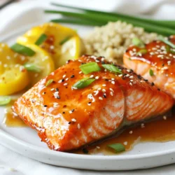 Für dieses leckere Gericht benötigst du folgende Zutaten: - 4 Lachsfilets (je 170 g) - 3 Esslöffel Honig - 2 Esslöffel Sriracha-Sauce - 1 Esslöffel Sojasauce (oder Tamari für glutenfrei) - 1 Esslöffel frischer Ingwer, gerieben - 2 Knoblauchzehen, fein gehackt - 1 Esslöffel Limettensaft - 2 Esslöffel Olivenöl - Salz und Pfeffer nach Geschmack - 2 Frühlingszwiebeln, in Ringe geschnitten zur Garnitur - Sesamsamen zur Garnitur Diese Zutaten geben dem Lachs den perfekten süß-scharfen Geschmack. Falls du spezielle Diäten beachtest, gibt es einige Alternativen: - Verwende Honigersatz wie Agavendicksaft für vegane Optionen. - Ersetze Sriracha durch eine milde Chilisauce, wenn du es weniger scharf magst. - Nutze Kokosaminos anstelle von Sojasauce für eine salzärmere Wahl. Diese Alternativen helfen dir, das Rezept anzupassen, ohne den Geschmack zu verlieren. Um das Gericht abzurunden, empfehle ich diese Beilagen: - Quinoa oder gedämpfter Reis als Grundlage - Gedämpftes Gemüse wie Brokkoli oder Zucchini - Frisch geschnittene Frühlingszwiebeln und Sesamsamen für den Crunch Diese Beilagen machen dein Essen nährstoffreich und farbenfroh. {{ingredient_image_2}} Um die Marinade zu machen, nimm eine Schüssel. Gib drei Esslöffel Honig hinein. Füge zwei Esslöffel Sriracha-Sauce hinzu. Jetzt kommen ein Esslöffel Sojasauce und ein Esslöffel frischer, geriebener Ingwer. Hacke zwei Knoblauchzehen fein und gib sie dazu. Zum Schluss pressest du einen Esslöffel Limettensaft hinein. Mische alles gut, bis die Marinade glatt ist. Lege die Lachsfilets in einen großen, wiederverschließbaren Beutel oder in eine flache Schüssel. Gieße die Marinade gleichmäßig über den Lachs. Achte darauf, dass jedes Stück gut bedeckt ist. Verschließe den Beutel oder decke die Schüssel ab. Lass den Lachs 30 Minuten im Kühlschrank marinieren. So zieht der Geschmack richtig ein. Heize den Grill auf mittelhohe Hitze vor oder stelle den Ofen auf 200 °C ein. Wenn du grillen möchtest, pinsel die Grillroste leicht mit Öl ein. Nimm den marinierten Lachs aus der Marinade und lege ihn auf den Grill. Grill ihn etwa 4-5 Minuten pro Seite. Der Lachs ist fertig, wenn er sich leicht mit einer Gabel zerteilen lässt. Wenn du ihn backen willst, lege die Filets auf ein mit Backpapier ausgelegtes Blech. Backe sie 12-15 Minuten lang. In den letzten 1-2 Minuten der Garzeit, trage die restliche Marinade mit einem Pinsel auf den Lachs auf. Lass den Lachs nach dem Grillen oder Backen einige Minuten ruhen. Garnier ihn mit geschnittenen Frühlingszwiebeln und Sesamsamen. Um den Geschmack zu verbessern, kannst du die Marinade anpassen. Füge mehr Honig hinzu, wenn du es süßer magst. Für mehr Schärfe empfehle ich, etwas mehr Sriracha zu verwenden. Du kannst auch Zitrusfrüchte wie Orange oder Grapefruit in die Marinade geben. Das bringt frische Aromen. Achte darauf, den Lachs nicht zu übergaren. So bleibt er saftig und zart. Ein häufiger Fehler ist, den Lachs zu lange zu marinieren. Halte die Marinierzeit bei 30 Minuten. Zu lange Marinade kann den Lachs zäh machen. Achte darauf, den Grill oder Ofen gut vorzuheizen. Ein kalter Grill kann den Lachs ungleichmäßig garen. Verwende ein Fleischthermometer, um die Kerntemperatur zu prüfen. Der Lachs sollte 63 °C erreichen, um perfekt zu sein. Wenn du Reste hast, lasse den Lachs schnell abkühlen. Bewahre ihn in einem luftdichten Behälter im Kühlschrank auf. So bleibt er frisch. Der Lachs hält sich dort bis zu drei Tage. Zum Einfrieren lege ihn in einen Gefrierbeutel. Entferne die Luft, bevor du ihn verschließt. So kannst du ihn bis zu drei Monate aufbewahren. Wenn du ihn aufwärmst, mache das langsam in der Mikrowelle oder im Ofen. Pro Tipps Frische Zutaten verwenden: Achte darauf, dass der Lachs frisch ist, um den besten Geschmack und die beste Textur zu erhalten. Marinierzeit beachten: Die Marinade für mindestens 30 Minuten einziehen lassen, um den Geschmack des Lachses zu intensivieren. Temperaturkontrolle: Verwende ein Fleischthermometer, um sicherzustellen, dass der Lachs eine Innentemperatur von 63 °C erreicht hat. Garnitur variieren: Experimentiere mit verschiedenen Garnituren wie Koriander oder Chili-Flocken, um dem Gericht eine persönliche Note zu verleihen. {{image_4}} Du kannst die Honig-Sriracha-Glasur leicht ändern. Probiere zum Beispiel eine Teriyaki- oder Barbecue-Sauce. Beide bringen einen süßen Geschmack, der gut zu Lachs passt. Du kannst auch frische Kräuter wie Basilikum oder Koriander hinzufügen. Diese bringen Frische und Farbe in deine Marinade. Wenn du Lachs nicht magst, probiere andere Fische. Forelle oder Kabeljau sind tolle Alternativen. Diese Fische haben auch einen milden Geschmack und nehmen Aromen gut auf. Denke daran, die Garzeit je nach Fischart anzupassen. Dünnere Filets brauchen weniger Zeit als dickere. Für eine vegetarische Option kannst du Tofu oder Gemüse verwenden. Tofu ist eine gute Wahl, da er die Marinade gut aufnimmt. Schneide den Tofu in dicke Scheiben und mariniere ihn wie den Lachs. Backe oder grille ihn dann. Gemüse wie Zucchini oder Paprika sind ebenfalls lecker. Bedecke sie mit der Marinade und grille sie, um tolle Aromen zu erhalten. Um deine Reste von Honig-Sriracha glasierter Lachs frisch zu halten, lege sie in einen luftdichten Behälter. Das hält den Lachs saftig und lecker. Stelle sicher, dass die Reste gut abgekühlt sind, bevor du sie verpackst. So vermeidest du Kondenswasser, das den Lachs zäh machen kann. Im Kühlschrank bleibt der Lachs etwa 2-3 Tage frisch. Wenn du ihn länger aufbewahren möchtest, friere ihn ein. Im Gefrierschrank hält er bis zu 3 Monate. Achte darauf, ihn gut einzupacken, um Gefrierbrand zu vermeiden. Um den Lachs wieder aufzuwärmen, benutze den Ofen oder die Mikrowelle. Wenn du den Ofen verwendest, heize ihn auf 180 °C vor. Lege den Lachs auf ein Backblech und decke ihn mit Folie ab. Erhitze ihn für etwa 10-15 Minuten. In der Mikrowelle erwärmst du ihn am besten in kurzen Intervallen. So bleibt der Lachs zart und saftig. Ich empfehle, den Lachs für 30 Minuten zu marinieren. Diese Zeit reicht, um den Geschmack zu intensivieren. Wenn du mehr Zeit hast, kannst du ihn auch länger marinieren, aber 30 Minuten sind ideal. Ja, du kannst Sriracha durch eine mildere Sauce ersetzen. Versuche eine süße Chilisauce oder BBQ-Sauce, wenn du es weniger scharf magst. Achte darauf, die Menge anzupassen, um den gewünschten Geschmack zu erhalten. Lachs ist sehr gesund. Er enthält Omega-3-Fettsäuren, die gut für das Herz sind. Diese Fette helfen, den Cholesterinspiegel zu senken. Lachs ist auch reich an Proteinen, Vitaminen und Mineralstoffen. Er stärkt das Immunsystem und unterstützt die Gehirnfunktion. In diesem Artikel haben wir die wichtigen Zutaten für Honig-Sriracha glasierte Lachs besprochen. Ich habe erklärt, wie man die Marinade macht und den Lachs richtig zubereitet. Die Tipps helfen dir, Fehler zu vermeiden und das Gericht zu perfektionieren. Du kannst verschiedene Variationen ausprobieren und lernen, wie man Reste sicher lagert. Lachs ist gesund und lecker. Probiere die Rezepte aus. Sie bringen Geschmack auf deinen Tisch. Lasse deiner Kreativität freien Lauf und genieße das Kochen!