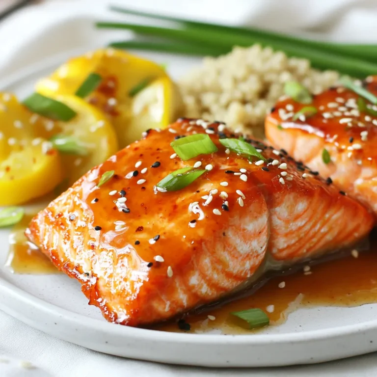 Für dieses leckere Gericht benötigst du folgende Zutaten: - 4 Lachsfilets (je 170 g) - 3 Esslöffel Honig - 2 Esslöffel Sriracha-Sauce - 1 Esslöffel Sojasauce (oder Tamari für glutenfrei) - 1 Esslöffel frischer Ingwer, gerieben - 2 Knoblauchzehen, fein gehackt - 1 Esslöffel Limettensaft - 2 Esslöffel Olivenöl - Salz und Pfeffer nach Geschmack - 2 Frühlingszwiebeln, in Ringe geschnitten zur Garnitur - Sesamsamen zur Garnitur Diese Zutaten geben dem Lachs den perfekten süß-scharfen Geschmack. Falls du spezielle Diäten beachtest, gibt es einige Alternativen: - Verwende Honigersatz wie Agavendicksaft für vegane Optionen. - Ersetze Sriracha durch eine milde Chilisauce, wenn du es weniger scharf magst. - Nutze Kokosaminos anstelle von Sojasauce für eine salzärmere Wahl. Diese Alternativen helfen dir, das Rezept anzupassen, ohne den Geschmack zu verlieren. Um das Gericht abzurunden, empfehle ich diese Beilagen: - Quinoa oder gedämpfter Reis als Grundlage - Gedämpftes Gemüse wie Brokkoli oder Zucchini - Frisch geschnittene Frühlingszwiebeln und Sesamsamen für den Crunch Diese Beilagen machen dein Essen nährstoffreich und farbenfroh. {{ingredient_image_2}} Um die Marinade zu machen, nimm eine Schüssel. Gib drei Esslöffel Honig hinein. Füge zwei Esslöffel Sriracha-Sauce hinzu. Jetzt kommen ein Esslöffel Sojasauce und ein Esslöffel frischer, geriebener Ingwer. Hacke zwei Knoblauchzehen fein und gib sie dazu. Zum Schluss pressest du einen Esslöffel Limettensaft hinein. Mische alles gut, bis die Marinade glatt ist. Lege die Lachsfilets in einen großen, wiederverschließbaren Beutel oder in eine flache Schüssel. Gieße die Marinade gleichmäßig über den Lachs. Achte darauf, dass jedes Stück gut bedeckt ist. Verschließe den Beutel oder decke die Schüssel ab. Lass den Lachs 30 Minuten im Kühlschrank marinieren. So zieht der Geschmack richtig ein. Heize den Grill auf mittelhohe Hitze vor oder stelle den Ofen auf 200 °C ein. Wenn du grillen möchtest, pinsel die Grillroste leicht mit Öl ein. Nimm den marinierten Lachs aus der Marinade und lege ihn auf den Grill. Grill ihn etwa 4-5 Minuten pro Seite. Der Lachs ist fertig, wenn er sich leicht mit einer Gabel zerteilen lässt. Wenn du ihn backen willst, lege die Filets auf ein mit Backpapier ausgelegtes Blech. Backe sie 12-15 Minuten lang. In den letzten 1-2 Minuten der Garzeit, trage die restliche Marinade mit einem Pinsel auf den Lachs auf. Lass den Lachs nach dem Grillen oder Backen einige Minuten ruhen. Garnier ihn mit geschnittenen Frühlingszwiebeln und Sesamsamen. Um den Geschmack zu verbessern, kannst du die Marinade anpassen. Füge mehr Honig hinzu, wenn du es süßer magst. Für mehr Schärfe empfehle ich, etwas mehr Sriracha zu verwenden. Du kannst auch Zitrusfrüchte wie Orange oder Grapefruit in die Marinade geben. Das bringt frische Aromen. Achte darauf, den Lachs nicht zu übergaren. So bleibt er saftig und zart. Ein häufiger Fehler ist, den Lachs zu lange zu marinieren. Halte die Marinierzeit bei 30 Minuten. Zu lange Marinade kann den Lachs zäh machen. Achte darauf, den Grill oder Ofen gut vorzuheizen. Ein kalter Grill kann den Lachs ungleichmäßig garen. Verwende ein Fleischthermometer, um die Kerntemperatur zu prüfen. Der Lachs sollte 63 °C erreichen, um perfekt zu sein. Wenn du Reste hast, lasse den Lachs schnell abkühlen. Bewahre ihn in einem luftdichten Behälter im Kühlschrank auf. So bleibt er frisch. Der Lachs hält sich dort bis zu drei Tage. Zum Einfrieren lege ihn in einen Gefrierbeutel. Entferne die Luft, bevor du ihn verschließt. So kannst du ihn bis zu drei Monate aufbewahren. Wenn du ihn aufwärmst, mache das langsam in der Mikrowelle oder im Ofen. Pro Tipps Frische Zutaten verwenden: Achte darauf, dass der Lachs frisch ist, um den besten Geschmack und die beste Textur zu erhalten. Marinierzeit beachten: Die Marinade für mindestens 30 Minuten einziehen lassen, um den Geschmack des Lachses zu intensivieren. Temperaturkontrolle: Verwende ein Fleischthermometer, um sicherzustellen, dass der Lachs eine Innentemperatur von 63 °C erreicht hat. Garnitur variieren: Experimentiere mit verschiedenen Garnituren wie Koriander oder Chili-Flocken, um dem Gericht eine persönliche Note zu verleihen. {{image_4}} Du kannst die Honig-Sriracha-Glasur leicht ändern. Probiere zum Beispiel eine Teriyaki- oder Barbecue-Sauce. Beide bringen einen süßen Geschmack, der gut zu Lachs passt. Du kannst auch frische Kräuter wie Basilikum oder Koriander hinzufügen. Diese bringen Frische und Farbe in deine Marinade. Wenn du Lachs nicht magst, probiere andere Fische. Forelle oder Kabeljau sind tolle Alternativen. Diese Fische haben auch einen milden Geschmack und nehmen Aromen gut auf. Denke daran, die Garzeit je nach Fischart anzupassen. Dünnere Filets brauchen weniger Zeit als dickere. Für eine vegetarische Option kannst du Tofu oder Gemüse verwenden. Tofu ist eine gute Wahl, da er die Marinade gut aufnimmt. Schneide den Tofu in dicke Scheiben und mariniere ihn wie den Lachs. Backe oder grille ihn dann. Gemüse wie Zucchini oder Paprika sind ebenfalls lecker. Bedecke sie mit der Marinade und grille sie, um tolle Aromen zu erhalten. Um deine Reste von Honig-Sriracha glasierter Lachs frisch zu halten, lege sie in einen luftdichten Behälter. Das hält den Lachs saftig und lecker. Stelle sicher, dass die Reste gut abgekühlt sind, bevor du sie verpackst. So vermeidest du Kondenswasser, das den Lachs zäh machen kann. Im Kühlschrank bleibt der Lachs etwa 2-3 Tage frisch. Wenn du ihn länger aufbewahren möchtest, friere ihn ein. Im Gefrierschrank hält er bis zu 3 Monate. Achte darauf, ihn gut einzupacken, um Gefrierbrand zu vermeiden. Um den Lachs wieder aufzuwärmen, benutze den Ofen oder die Mikrowelle. Wenn du den Ofen verwendest, heize ihn auf 180 °C vor. Lege den Lachs auf ein Backblech und decke ihn mit Folie ab. Erhitze ihn für etwa 10-15 Minuten. In der Mikrowelle erwärmst du ihn am besten in kurzen Intervallen. So bleibt der Lachs zart und saftig. Ich empfehle, den Lachs für 30 Minuten zu marinieren. Diese Zeit reicht, um den Geschmack zu intensivieren. Wenn du mehr Zeit hast, kannst du ihn auch länger marinieren, aber 30 Minuten sind ideal. Ja, du kannst Sriracha durch eine mildere Sauce ersetzen. Versuche eine süße Chilisauce oder BBQ-Sauce, wenn du es weniger scharf magst. Achte darauf, die Menge anzupassen, um den gewünschten Geschmack zu erhalten. Lachs ist sehr gesund. Er enthält Omega-3-Fettsäuren, die gut für das Herz sind. Diese Fette helfen, den Cholesterinspiegel zu senken. Lachs ist auch reich an Proteinen, Vitaminen und Mineralstoffen. Er stärkt das Immunsystem und unterstützt die Gehirnfunktion. In diesem Artikel haben wir die wichtigen Zutaten für Honig-Sriracha glasierte Lachs besprochen. Ich habe erklärt, wie man die Marinade macht und den Lachs richtig zubereitet. Die Tipps helfen dir, Fehler zu vermeiden und das Gericht zu perfektionieren. Du kannst verschiedene Variationen ausprobieren und lernen, wie man Reste sicher lagert. Lachs ist gesund und lecker. Probiere die Rezepte aus. Sie bringen Geschmack auf deinen Tisch. Lasse deiner Kreativität freien Lauf und genieße das Kochen!