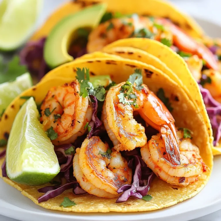 Für diese leckeren Tacos brauchen Sie: - 450 g große Garnelen, geschält und entdarmt - 4 Knoblauchzehen, fein gehackt - 2 Esslöffel Olivenöl - 8 kleine Mais-Tortillas Die Garnelen sind das Herzstück. Sie geben den Tacos Geschmack und Textur. Knoblauch sorgt für eine herrliche Würze. Olivenöl hilft, die Aromen gut zu verbinden. Mais-Tortillas sind perfekt, um die Füllung zu halten. Die richtigen Gewürze machen den Unterschied. Sie benötigen: - 1 Teelöffel geräuchertes Paprikapulver - 1 Teelöffel Cayennepfeffer (nach Geschmack anpassen) - 1 Teelöffel Kreuzkümmel - Saft von 1 Limette - Salz und Pfeffer nach Geschmack Geräuchertes Paprikapulver bringt ein tiefes Aroma. Cayennepfeffer fügt die gewünschte Schärfe hinzu. Kreuzkümmel bringt einen warmen, erdigen Geschmack. Limettensaft sorgt für Frische und Balance. Diese Gewürze heben die Garnelen hervor und machen die Tacos unwiderstehlich. Für die perfekte Garnitur und Beilagen brauchen Sie: - 1 Tasse fein gehobelte rote Kohlgemüse - 1 reife Avocado, in Scheiben geschnitten - Frischer Koriander, gehackt (zur Garnierung) - Limettenviertel (zum Servieren) Rote Kohlgemüse gibt einen knackigen Biss. Avocado fügt Cremigkeit hinzu, die die Schärfe ausgleicht. Koriander gibt einen frischen Geschmack. Limettenviertel sind ideal, um den Tacos einen spritzigen Kick zu geben. Diese Zutaten machen die Tacos nicht nur lecker, sondern auch bunt und ansprechend. {{ingredient_image_2}} Beginne mit frischen Garnelen. Du brauchst 450 g große, geschälte und entdarmte Garnelen. Nimm eine große Schüssel und füge die Garnelen hinzu. Dann hacke 4 Knoblauchzehen fein und gib sie zu den Garnelen. Füge 2 Esslöffel Olivenöl, 1 Teelöffel geräuchertes Paprikapulver, 1 Teelöffel Cayennepfeffer, 1 Teelöffel Kreuzkümmel, den Saft von 1 Limette, Salz und Pfeffer nach Geschmack hinzu. Mische alles gut. Die Garnelen sollten gleichmäßig mit der Marinade bedeckt sein. Decke die Schüssel ab und lasse die Garnelen mindestens 15 Minuten marinieren. So können die Aromen gut einziehen. Erhitze eine beschichtete Pfanne bei mittlerer bis hoher Hitze. Wenn die Pfanne heiß ist, füge die marinierten Garnelen in einer einzigen Schicht hinzu. Arbeite eventuell in mehreren Portionen. Brate die Garnelen etwa 2-3 Minuten auf jeder Seite, bis sie pink und undurchsichtig sind. Nimm die Pfanne vom Herd. Röste in derselben Pfanne die kleinen Mais-Tortillas. Röste sie beidseitig etwa 30 Sekunden, bis sie warm und geschmeidig sind. Jetzt ist es Zeit, die Tacos zusammenzustellen. Lege eine Portion des gehobelten roten Kohls auf jede Tortilla. Füge einige Stücke der Knoblauchgarnelen hinzu. Garniere die Tacos mit Avocadoscheiben und frischem Koriander. Serviere die Tacos mit Limettenvierteln, um einen spritzigen Geschmack zu erhalten. Wähle große Garnelen, die frisch und fest sind. Achte auf eine klare Farbe. Sie sollten nicht unangenehm riechen. Tiefgefrorene Garnelen sind auch gut, wenn sie richtig aufgetaut werden. Kaufe sie am besten beim Fischhändler oder im Supermarkt. Lass die Garnelen mindestens 15 Minuten marinieren. So ziehen die Aromen gut ein. Wenn du mehr Geschmack willst, kannst du sie auch 30 Minuten marinieren. Aber übertreibe es nicht, sonst werden die Garnelen zäh. Erhitze die Pfanne auf mittlere bis hohe Hitze. Das ist wichtig, damit die Garnelen schnell garen. Gar die Garnelen 2-3 Minuten auf jeder Seite. Sie sind fertig, wenn sie pink und undurchsichtig sind. Zu langes Garen macht sie hart. Pro Tipps Frische Garnelen wählen: Achte darauf, dass die Garnelen frisch und fest sind. Gefrorene Garnelen sollten vollständig aufgetaut und gut abgetropft sein, um die beste Textur zu erzielen. Variation der Gewürze: Experimentiere mit verschiedenen Gewürzen und Kräutern, wie z.B. Chili-Pulver oder frischem Oregano, um den Tacos deine persönliche Note zu verleihen. Avocado richtig schneiden: Schneide die Avocado erst kurz vor dem Servieren, um eine braune Verfärbung zu vermeiden. Ein Spritzer Limettensaft kann ebenfalls helfen, dies zu verhindern. Wärme der Tortillas: Erwärme die Tortillas in einer trockenen Pfanne für ein paar Sekunden, um sie geschmeidig zu machen. Dies verbessert den Geschmack und die Textur der Tacos erheblich. {{image_4}} Wenn Sie etwas Abwechslung wollen, probieren Sie unterschiedliche Füllungen. Statt rotem Kohl können Sie grünen Salat verwenden. Dies gibt den Tacos eine frische Note. Auch Mango oder Ananas passen gut. Sie bringen eine süße Note in die Tacos. Für mehr Crunch fügen Sie geröstete Nüsse oder Samen hinzu. Für Veganer können Sie die Garnelen durch Tofu oder Pilze ersetzen. Marinieren Sie diese genauso wie die Garnelen. Glutenfreie Esser sollten auf Mais-Tortillas achten. Sie sind eine tolle Option für jeden. Auch für Low-Carb-Diäten gibt es Lösungen. Verwenden Sie Salatblätter statt Tortillas. Wenn Sie keine Tortillas haben, sind Wraps eine gute Wahl. Auch Pita-Brot funktioniert. Sie können sogar Reisblätter verwenden, um eine neue Textur zu schaffen. Diese Optionen geben Ihnen die Freiheit, kreativ zu sein. Jede Wahl bringt ihren eigenen Geschmack. Wenn du Tacos übrig hast, lagere sie in einem luftdichten Behälter. Leg die Garnelen und die Tortillas getrennt, um die Textur zu bewahren. Du kannst die Garnelen bis zu zwei Tage im Kühlschrank aufbewahren. Tortillas bleiben frisch, wenn du sie in Alufolie wickelst. Garnelen sollten in einem luftdichten Behälter im Kühlschrank gelagert werden. Achte darauf, dass sie gut abgedeckt sind. So bleiben sie frisch und vermeiden unangenehme Gerüche. Verwende die Garnelen innerhalb von zwei Tagen, um den besten Geschmack zu erhalten. Du kannst Tacos auch einfrieren, aber es ist besser, die Garnelen und die Tortillas getrennt einzufrieren. Leg die Garnelen in einen gefrierfesten Beutel. Sie halten sich bis zu drei Monate im Gefrierfach. Zum Auftauen einfach über Nacht im Kühlschrank lassen. Die Tortillas kannst du bei Zimmertemperatur auftauen. So bleiben sie weich und lecker. Die Schärfe hängt vom Cayennepfeffer ab. Du kannst ihn nach deinem Geschmack anpassen. Wenn du es milder magst, verwende weniger. Für mehr Schärfe, füge mehr hinzu. Die Kombination aus Knoblauch und Paprika gibt den Tacos einen tollen Kick, ohne zu übertreiben. Insgesamt sind sie angenehm scharf und perfekt für viele. Ja, du kannst die Tacos im Voraus zubereiten. Bereite die Garnelen und die Füllungen vor und bewahre sie im Kühlschrank auf. Du kannst die Marinade auch einige Stunden vorher machen. Die Tortillas kannst du ebenfalls vorwärmen und bei Bedarf aufbewahren. Achte jedoch darauf, die Garnelen frisch zu braten, damit sie nicht zäh werden. Zu diesen Tacos passen viele Beilagen gut. Hier sind einige Vorschläge: - Frischer Salat mit Limetten-Dressing - Guacamole für extra Cremigkeit - Salsa für mehr Geschmack - Gegrilltes Gemüse als gesunde Option - Reis oder Bohnen als sättigende Beilage Diese Beilagen ergänzen die Aromen der Tacos wunderbar und machen dein Essen noch besser! In diesem Artikel habe ich Ihnen die wichtigsten Zutaten für würzige Knoblauch Garnelen Tacos vorgestellt. Wir haben die Schritte zur Zubereitung, Tipps zur Auswahl der besten Garnelen und Variationen für verschiedene Geschmäcker behandelt. Denken Sie daran, die Tacos nach der Zubereitung richtig zu lagern. So bleiben sie frisch und lecker. Mit diesen Informationen sind Sie bereit, köstliche Tacos zu kreieren und Ihre Gäste zu beeindrucken. Viel Spaß beim Kochen und Servieren!