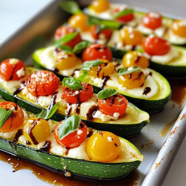 Um leckere Caprese Zucchini-Boote zu machen, brauchen Sie einige Hauptzutaten. Hier sind die wichtigsten: - 4 mittelgroße Zucchini - 1 Tasse Kirschtomaten, halbiert - 1 Tasse frische Mozzarellakugeln, geviertelt - 1/4 Tasse frisches Basilikum, gehackt Diese Zutaten sind frisch und leicht zu finden. Zucchini sind die perfekte Basis. Sie sind zart und nehmen den Geschmack gut auf. Kirschtomaten bringen Süße. Mozzarella sorgt für Cremigkeit. Basilikum gibt einen frischen Kick. Die Gewürze und Öle sind wichtig für den Geschmack. Hier ist, was Sie benötigen: - 2 Esslöffel Balsamico-Glasur - 2 Esslöffel Olivenöl - Salz und Pfeffer nach Geschmack - 1/4 Teelöffel Knoblauchpulver Olivenöl bringt einen reichen Geschmack. Balsamico-Glasur fügt eine süße Note hinzu. Salz und Pfeffer sorgen für die nötige Würze. Knoblauchpulver gibt der Mischung einen tollen Geschmack. Einige Werkzeuge erleichtern die Zubereitung. Hier ist, was hilfreich ist: - Auflaufform - Löffel zum Aushöhlen - Rührschüssel Eine Auflaufform hilft beim Backen. Ein Löffel ist nützlich, um die Zucchini auszuhöhlen. Eine Rührschüssel ist perfekt zum Mischen der Füllung. Mit diesen Utensilien geht das Kochen schnell und einfach. {{ingredient_image_2}} Zuerst heize deinen Ofen auf 190°C vor. Wasche die Zucchini gut unter fließendem Wasser. Du möchtest, dass sie frisch und sauber sind. Dann schneide jede Zucchini der Länge nach in zwei Hälften. Nimm einen Löffel und höhle die Zucchini vorsichtig aus, sodass eine Mulde entsteht. Bewahre das Zucchinifleisch auf. Du kannst es später für andere Gerichte verwenden. Platziere die Zucchinihälften in einer Auflaufform. Die Schnittseite sollte nach oben zeigen. Beträufle sie mit Olivenöl. Streue Salz, Pfeffer und Knoblauchpulver darüber. Diese Gewürze geben der Zucchini tollen Geschmack. Achte darauf, dass die Zucchini gleichmäßig gewürzt sind. So schmecken sie besser! Jetzt kommt der spannende Teil. In einer Schüssel vermenge die halbierten Kirschtomaten, die geviertelten Mozzarella-Kugeln und das gehackte Basilikum. Mische alles gut, sodass die Zutaten gleichmäßig verteilt sind. Löffle nun die Mischung in jede Zucchini-Hälfte. Fülle sie großzügig, damit sie lecker und saftig werden. Backe die Zucchini-Boote im Ofen für 20-25 Minuten. Sie sind fertig, wenn die Zucchini zart ist und der Käse sprudelt. Nimm die Zucchini-Boote aus dem Ofen und träufle etwas Balsamico-Glasur darüber. Lass sie kurz abkühlen, bevor du sie servierst. Warm sind sie am besten! Wählen Sie frische Zucchini aus. Suchen Sie nach Zucchini, die fest sind und eine glänzende Haut haben. Sie sollten keine braunen Flecken oder Druckstellen aufweisen. Größere Zucchini sind oft seedy und wässrig. Wählen Sie also mittelgroße Zucchini für das beste Ergebnis. Diese sind perfekt zum Aushöhlen und Füllen. Balsamico-Glasur fügt einen süßen und würzigen Geschmack hinzu. Sie ist eine großartige Ergänzung zu den Zucchini-Boote. Verwenden Sie die Glasur nach dem Backen, um die Aromen zu intensivieren. Ein paar Tropfen reichen aus, um den Geschmack zu heben. Sie können diese Glasur auch auf andere Gemüsegerichte verwenden. Variieren Sie das Rezept nach Ihrem Geschmack. Fügen Sie zum Beispiel Oliven oder Paprika hinzu. Sie können auch verschiedene Käsesorten verwenden, wie Feta oder Cheddar. Für einen herzhaften Biss probieren Sie gebratene Pilze in der Füllung. Jedes Mal, wenn Sie das Rezept ändern, entdecken Sie neue Geschmäcker. Experimentieren Sie und finden Sie Ihre Lieblingskombination! Pro Tipps Frische Zucchini wählen: Wählen Sie Zucchini, die fest und glänzend sind. Vermeiden Sie solche mit weichen Stellen oder Falten, da sie möglicherweise überreif sind. Variationen der Füllung: Experimentieren Sie mit verschiedenen Käsesorten oder fügen Sie zusätzliche Gemüse wie Paprika oder Spinat zur Füllung hinzu, um neue Geschmäcker zu entdecken. Vorbereitung der Balsamico-Glasur: Erwärmen Sie die Balsamico-Glasur leicht, um sie flüssiger zu machen. Dies erleichtert das Träufeln und sorgt für eine gleichmäßigere Verteilung auf den Zucchini. Resteverwertung: Das herausgekratzte Zucchinifleisch kann in verschiedenen Gerichten verwendet werden, z.B. in Suppen, Omeletts oder als Füllung für Wraps. {{image_4}} Wenn Sie eine vegetarische Option suchen, sind die Zucchini-Boote perfekt. Statt Mozzarella können Sie auch veganen Käse verwenden. Dieser schmilzt gut und gibt einen ähnlichen Geschmack. Zudem können Sie andere Gemüsesorten wie Paprika oder Spinat hinzufügen. Diese bringen mehr Farbe und Nährstoffe. Um den Geschmack zu verstärken, können Sie zusätzliche Zutaten hinzufügen. Fügen Sie schwarze Oliven oder Artischockenherzen hinzu. Eine Prise Chili oder ein Hauch von Pesto bringt einen schönen Kick. Experimentieren Sie mit verschiedenen Käsesorten wie Feta oder Parmesan für einen neuen Twist. Falls Sie mehr Protein wollen, gibt es viele Optionen. Fügen Sie gekochte Quinoa oder Linsen in die Füllung. Diese sind gesund und sättigend. Auch gegrilltes Hähnchen oder Garnelen passen gut in die Zucchini-Boote. Diese Ergänzungen machen das Gericht nahrhafter und voller Geschmack. Wenn Sie Reste Ihrer Caprese Zucchini-Boote haben, bewahren Sie sie in einem luftdichten Behälter auf. Stellen Sie sicher, dass die Zucchini vollständig abgekühlt sind, bevor Sie sie lagern. So bleiben sie frisch und lecker. Im Kühlschrank halten sie sich bis zu drei Tage. Das Einfrieren ist eine gute Option, wenn Sie die Zucchini-Boote länger aufbewahren möchten. Lassen Sie die gefüllten Boote zuerst abkühlen. Wickeln Sie dann jede Zucchini in Frischhaltefolie ein und legen Sie sie in einen Gefrierbeutel. So bleiben sie bis zu drei Monate haltbar. Um die Zucchini-Boote vor dem Servieren aufzufrischen, heizen Sie den Ofen auf 180°C (350°F) vor. Legen Sie die gefrorenen oder gekühlten Zucchini-Boote auf ein Backblech. Backen Sie sie für etwa 15 Minuten, bis sie warm sind. Ein Spritzer frischer Balsamico-Glasur sorgt für zusätzlichen Geschmack. Servieren Sie sie mit frischen Basilikumblättern für einen schönen Look. Die Caprese Zucchini-Boote brauchen 20 bis 25 Minuten im Ofen. Bei 190°C (375°F) backen sie, bis die Zucchini zart ist. Der Käse sollte dann schön geschmolzen und sprudelnd sein. Achten Sie darauf, sie nicht zu lange zu backen, damit sie nicht matschig werden. Ja, Sie können die Zucchini-Boote im Voraus vorbereiten. Füllen Sie die Zucchini und lagern Sie sie im Kühlschrank. Bedecken Sie sie gut, damit die Füllung frisch bleibt. Backen Sie sie dann einfach, wenn Sie bereit sind, sie zu servieren. So sparen Sie Zeit und können Ihre Gäste beeindrucken. Zu den Zucchini-Boote passen viele leckere Beilagen. Ein frischer Salat mit Rucola oder Spinat ist eine gute Wahl. Auch ein Stück knuspriges Brot ergänzt das Gericht wunderbar. Wenn Sie etwas Herzhaftes wollen, versuchen Sie Quinoa oder Couscous als Beilage. Diese Optionen bringen Farbe und Geschmack auf den Tisch. Die Caprese Zucchini-Boote sind einfach zuzubereiten und lecker. Wir haben die Hauptzutaten, Gewürze und Zubereitungsschritte behandelt. Tipps wie die Auswahl perfekter Zucchini und Varianten für mehr Geschmack machen das Gericht spannend. Du kannst Reste aufbewahren oder einfrieren. Lass deiner Kreativität freien Lauf! So bleibt das Rezept frisch und anpassbar. Viel Spaß beim Ausprobieren der Zucchini-Boote!