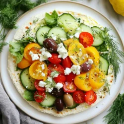 Für diese leckeren Wraps brauchst du frische und gesunde Zutaten. Hier ist die Liste: - 4 große Vollkorn-Wraps - 1 Tasse klassischer Hummus - 1 Tasse Gurke, dünn geschnitten - 1 Tasse Paprika (rot, gelb oder orange), dünn geschnitten - 1 Tasse Kirschtomaten, halbiert - 1 Tasse Kalamata-Oliven, entsteint und geschnitten - 1 Tasse gemischte Blattsalate (Spinat, Rucola oder Romana) - ½ Tasse rote Zwiebel, dünn geschnitten - 2 Esslöffel Olivenöl - 1 Esslöffel Zitronensaft - Salz und Pfeffer nach Geschmack Diese Zutaten machen die Wraps bunt und knackig. Der Hummus gibt eine cremige Textur, die alles zusammenbringt. Wenn du etwas mehr Geschmack möchtest, füge Feta-Käse hinzu. Hier sind die optionalen Zutaten: - ¼ Tasse Feta-Käse, zerbröselt - Frischer Dill oder Petersilie zur Garnierung Der Feta-Käse bringt einen salzigen Geschmack, der gut zu den anderen Zutaten passt. Die Kräuter machen die Wraps noch frischer. Du kannst die Wraps anpassen, um sie gesünder zu machen. Hier sind einige Optionen: - Benutze glutenfreie Wraps für eine glutenfreie Wahl. - Füge mehr Gemüse wie Karotten oder Sellerie hinzu. Diese Optionen helfen dir, die Wraps nach deinem Geschmack und deinen Bedürfnissen zu gestalten. Gesunde Ernährung kann einfach und lecker sein! {{ingredient_image_2}} Zuerst wasche das Gemüse. Nimm eine Gurke, eine Paprika, Kirschtomaten und eine rote Zwiebel. Schneide die Gurke und Paprika in dünne Scheiben. Halbiere die Kirschtomaten. Die rote Zwiebel schneidest du ebenfalls in dünne Stücke. Stell das geschnittene Gemüse beiseite. Lege einen großen Vollkorn-Wrap flach auf ein sauberes Brett. Verteile eine großzügige Schicht Hummus auf dem Wrap. Lass dabei etwa einen Zoll Rand frei. Nimm nun die gemischten Blattsalate und verteile sie gleichmäßig auf dem Hummus. Füge die geschnittenen Gurken, Paprika, Kirschtomaten und roten Zwiebeln hinzu. Wenn du magst, streue etwas Feta-Käse darüber. Beginne, den Wrap von einem Ende her aufzurollen. Klappe die Seiten während des Rollens ein, um die Füllung zu sichern. Achte darauf, den Wrap straff zu rollen. Wenn du fertig bist, schneide den Wrap diagonal mit einem scharfen Messer durch. Wiederhole diesen Prozess für die restlichen Wraps. Optional kannst du jeden Wrap mit frischem Dill oder Petersilie garnieren. Um den Hummus perfekt zu machen, achte auf die Zutaten. Verwende frischen, hochwertigen Hummus. Der Geschmack kommt von den Kichererbsen und dem Tahini. Wenn dein Hummus zu dick ist, füge etwas Wasser oder Olivenöl hinzu. Das macht ihn cremiger. Mixe ihn gut, bis er glatt ist. So bleibt er gleichmäßig verteilt im Wrap. Die Wraps bleiben frisch, wenn du sie richtig lagerst. Wickele die fertigen Wraps in Frischhaltefolie. So bleiben sie feucht und weich. Lagere sie im Kühlschrank. Iss die Wraps innerhalb von zwei Tagen. Wenn du sie länger aufbewahren willst, lege das Gemüse und den Hummus separat in den Kühlschrank. So bleiben sie frisch und die Wraps werden nicht matschig. Wenn du das Dressing ändern möchtest, probiere verschiedene Öle und Säuren. Statt Olivenöl kannst du Avocadoöl verwenden. Für einen anderen Geschmack, nutze Balsamico-Essig. Du kannst auch Joghurt hinzufügen. Das macht das Dressing cremig und frisch. Wenn du es scharf magst, füge etwas Chili oder Senf hinzu. So bleibt dein Wrap spannend und lecker. Pro Tipps Frisches Gemüse wählen: Verwende frisches, saisonales Gemüse für den besten Geschmack und die beste Textur in deinen Wraps. Wraps warm servieren: Erwärme die Wraps kurz in einer Pfanne oder Mikrowelle, um sie geschmeidiger zu machen und das Aroma zu intensivieren. Experimentiere mit Aromen: Füge verschiedene Kräuter oder Gewürze zu deinem Hummus hinzu, um neue Geschmacksrichtungen zu entdecken und die Wraps zu variieren. Vorbereitung im Voraus: Bereite die Gemüse und den Hummus im Voraus vor, um die Zubereitungszeit am Tag des Servierens zu verkürzen. {{image_4}} Wenn du die Wraps noch pflanzlicher machen möchtest, sind viele Optionen möglich. Du kannst den Feta-Käse einfach weglassen. Verwende stattdessen Avocado für eine cremige Textur. Tahini ist auch eine tolle Wahl, um mehr Geschmack hinzuzufügen. So wird dein Wrap nicht nur vegan, sondern auch sehr schmackhaft. Fühle dich frei, weitere Gemüse hinzuzufügen. Karotten, Zucchini oder rote Beete bringen Farbe und Crunch. Du kannst auch Artischocken oder Brokkoli verwenden. Diese Gemüsesorten sind nicht nur gesund, sie machen deinen Wrap auch viel interessanter. Experimentiere mit verschiedenen Kombinationen und finde deine Lieblingsfüllung. Für einen extra Kick kannst du scharfe Paprika oder Chili hinzufügen. Diese bringen Wärme und Geschmack. Wenn du es noch würziger magst, füge etwas Sriracha oder scharfe Sauce hinzu. Diese Zutaten machen die Wraps spannend und sorgen für ein Geschmackserlebnis. So wird jeder Biss zu einem Fest für die Sinne. Die Griechischen Hummus Veggie Wraps bleiben frisch, wenn du sie richtig lagerst. Lege die Wraps in einen luftdichten Behälter. Diese Wraps sind im Kühlschrank bis zu drei Tage haltbar. So bleiben die Aromen und die Knackigkeit der Gemüse erhalten. Wenn du die Wraps schon geschnitten hast, lagere sie mit einem Stück Frischhaltefolie umwickelt. Wenn du einige Wraps aufbewahren möchtest, kannst du sie einfrieren. Wickele jeden Wrap einzeln in Frischhaltefolie. Lege sie dann in einen Gefrierbeutel oder einen luftdichten Behälter. So sind die Wraps bis zu drei Monate haltbar. Zum Auftauen, lasse sie einfach über Nacht im Kühlschrank. Um die Frische zu bewahren, achte darauf, die Wraps nicht mit feuchten Zutaten zu füllen. Wasserhaltige Gemüse können die Wraps schnell matschig machen. Verwende frische Zutaten und lagere die Wraps immer kühl. So bleiben sie länger lecker und knackig. Dieses Rezept ergibt 4 Portionen. Jeder Wrap ist groß genug, um eine sättigende Mahlzeit zu bieten. Du kannst die Menge leicht anpassen, wenn du mehr Portionen brauchst. Verdopple einfach die Zutaten. Ja, du kannst viele andere Zutaten verwenden. Zum Beispiel kannst du verschiedene Gemüsesorten wie Karotten oder Zucchini hinzufügen. Auch andere Hülsenfrüchte oder Käse sind möglich. Sei kreativ und passe die Wraps an deinen Geschmack an. Die Wraps sind im Kühlschrank etwa 2 Tage haltbar. Bewahre sie in einem luftdichten Behälter auf. Du kannst sie auch in Alufolie wickeln, um sie frisch zu halten. Wenn du sie länger aufbewahren möchtest, friere sie ein. Griechische Hummus Gemüse Wraps sind einfach und lecker. Wir haben die besten Zutaten und Optionen erkundet. Die Schritt-für-Schritt-Anleitung hilft dir bei der Zubereitung. Unsere Tipps geben den Wraps die perfekte Frische und Haltbarkeit. Variationen bieten dir viele Möglichkeiten, deinen Wrap zu gestalten. Denke daran, dass du kreativ sein kannst, auch mit dem Gemüse. Probiere es aus und genieße einen gesunden Snack!