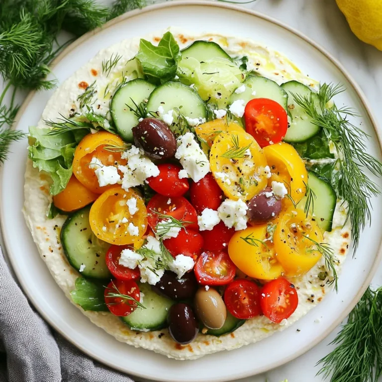 Für diese leckeren Wraps brauchst du frische und gesunde Zutaten. Hier ist die Liste: - 4 große Vollkorn-Wraps - 1 Tasse klassischer Hummus - 1 Tasse Gurke, dünn geschnitten - 1 Tasse Paprika (rot, gelb oder orange), dünn geschnitten - 1 Tasse Kirschtomaten, halbiert - 1 Tasse Kalamata-Oliven, entsteint und geschnitten - 1 Tasse gemischte Blattsalate (Spinat, Rucola oder Romana) - ½ Tasse rote Zwiebel, dünn geschnitten - 2 Esslöffel Olivenöl - 1 Esslöffel Zitronensaft - Salz und Pfeffer nach Geschmack Diese Zutaten machen die Wraps bunt und knackig. Der Hummus gibt eine cremige Textur, die alles zusammenbringt. Wenn du etwas mehr Geschmack möchtest, füge Feta-Käse hinzu. Hier sind die optionalen Zutaten: - ¼ Tasse Feta-Käse, zerbröselt - Frischer Dill oder Petersilie zur Garnierung Der Feta-Käse bringt einen salzigen Geschmack, der gut zu den anderen Zutaten passt. Die Kräuter machen die Wraps noch frischer. Du kannst die Wraps anpassen, um sie gesünder zu machen. Hier sind einige Optionen: - Benutze glutenfreie Wraps für eine glutenfreie Wahl. - Füge mehr Gemüse wie Karotten oder Sellerie hinzu. Diese Optionen helfen dir, die Wraps nach deinem Geschmack und deinen Bedürfnissen zu gestalten. Gesunde Ernährung kann einfach und lecker sein! {{ingredient_image_2}} Zuerst wasche das Gemüse. Nimm eine Gurke, eine Paprika, Kirschtomaten und eine rote Zwiebel. Schneide die Gurke und Paprika in dünne Scheiben. Halbiere die Kirschtomaten. Die rote Zwiebel schneidest du ebenfalls in dünne Stücke. Stell das geschnittene Gemüse beiseite. Lege einen großen Vollkorn-Wrap flach auf ein sauberes Brett. Verteile eine großzügige Schicht Hummus auf dem Wrap. Lass dabei etwa einen Zoll Rand frei. Nimm nun die gemischten Blattsalate und verteile sie gleichmäßig auf dem Hummus. Füge die geschnittenen Gurken, Paprika, Kirschtomaten und roten Zwiebeln hinzu. Wenn du magst, streue etwas Feta-Käse darüber. Beginne, den Wrap von einem Ende her aufzurollen. Klappe die Seiten während des Rollens ein, um die Füllung zu sichern. Achte darauf, den Wrap straff zu rollen. Wenn du fertig bist, schneide den Wrap diagonal mit einem scharfen Messer durch. Wiederhole diesen Prozess für die restlichen Wraps. Optional kannst du jeden Wrap mit frischem Dill oder Petersilie garnieren. Um den Hummus perfekt zu machen, achte auf die Zutaten. Verwende frischen, hochwertigen Hummus. Der Geschmack kommt von den Kichererbsen und dem Tahini. Wenn dein Hummus zu dick ist, füge etwas Wasser oder Olivenöl hinzu. Das macht ihn cremiger. Mixe ihn gut, bis er glatt ist. So bleibt er gleichmäßig verteilt im Wrap. Die Wraps bleiben frisch, wenn du sie richtig lagerst. Wickele die fertigen Wraps in Frischhaltefolie. So bleiben sie feucht und weich. Lagere sie im Kühlschrank. Iss die Wraps innerhalb von zwei Tagen. Wenn du sie länger aufbewahren willst, lege das Gemüse und den Hummus separat in den Kühlschrank. So bleiben sie frisch und die Wraps werden nicht matschig. Wenn du das Dressing ändern möchtest, probiere verschiedene Öle und Säuren. Statt Olivenöl kannst du Avocadoöl verwenden. Für einen anderen Geschmack, nutze Balsamico-Essig. Du kannst auch Joghurt hinzufügen. Das macht das Dressing cremig und frisch. Wenn du es scharf magst, füge etwas Chili oder Senf hinzu. So bleibt dein Wrap spannend und lecker. Pro Tipps Frisches Gemüse wählen: Verwende frisches, saisonales Gemüse für den besten Geschmack und die beste Textur in deinen Wraps. Wraps warm servieren: Erwärme die Wraps kurz in einer Pfanne oder Mikrowelle, um sie geschmeidiger zu machen und das Aroma zu intensivieren. Experimentiere mit Aromen: Füge verschiedene Kräuter oder Gewürze zu deinem Hummus hinzu, um neue Geschmacksrichtungen zu entdecken und die Wraps zu variieren. Vorbereitung im Voraus: Bereite die Gemüse und den Hummus im Voraus vor, um die Zubereitungszeit am Tag des Servierens zu verkürzen. {{image_4}} Wenn du die Wraps noch pflanzlicher machen möchtest, sind viele Optionen möglich. Du kannst den Feta-Käse einfach weglassen. Verwende stattdessen Avocado für eine cremige Textur. Tahini ist auch eine tolle Wahl, um mehr Geschmack hinzuzufügen. So wird dein Wrap nicht nur vegan, sondern auch sehr schmackhaft. Fühle dich frei, weitere Gemüse hinzuzufügen. Karotten, Zucchini oder rote Beete bringen Farbe und Crunch. Du kannst auch Artischocken oder Brokkoli verwenden. Diese Gemüsesorten sind nicht nur gesund, sie machen deinen Wrap auch viel interessanter. Experimentiere mit verschiedenen Kombinationen und finde deine Lieblingsfüllung. Für einen extra Kick kannst du scharfe Paprika oder Chili hinzufügen. Diese bringen Wärme und Geschmack. Wenn du es noch würziger magst, füge etwas Sriracha oder scharfe Sauce hinzu. Diese Zutaten machen die Wraps spannend und sorgen für ein Geschmackserlebnis. So wird jeder Biss zu einem Fest für die Sinne. Die Griechischen Hummus Veggie Wraps bleiben frisch, wenn du sie richtig lagerst. Lege die Wraps in einen luftdichten Behälter. Diese Wraps sind im Kühlschrank bis zu drei Tage haltbar. So bleiben die Aromen und die Knackigkeit der Gemüse erhalten. Wenn du die Wraps schon geschnitten hast, lagere sie mit einem Stück Frischhaltefolie umwickelt. Wenn du einige Wraps aufbewahren möchtest, kannst du sie einfrieren. Wickele jeden Wrap einzeln in Frischhaltefolie. Lege sie dann in einen Gefrierbeutel oder einen luftdichten Behälter. So sind die Wraps bis zu drei Monate haltbar. Zum Auftauen, lasse sie einfach über Nacht im Kühlschrank. Um die Frische zu bewahren, achte darauf, die Wraps nicht mit feuchten Zutaten zu füllen. Wasserhaltige Gemüse können die Wraps schnell matschig machen. Verwende frische Zutaten und lagere die Wraps immer kühl. So bleiben sie länger lecker und knackig. Dieses Rezept ergibt 4 Portionen. Jeder Wrap ist groß genug, um eine sättigende Mahlzeit zu bieten. Du kannst die Menge leicht anpassen, wenn du mehr Portionen brauchst. Verdopple einfach die Zutaten. Ja, du kannst viele andere Zutaten verwenden. Zum Beispiel kannst du verschiedene Gemüsesorten wie Karotten oder Zucchini hinzufügen. Auch andere Hülsenfrüchte oder Käse sind möglich. Sei kreativ und passe die Wraps an deinen Geschmack an. Die Wraps sind im Kühlschrank etwa 2 Tage haltbar. Bewahre sie in einem luftdichten Behälter auf. Du kannst sie auch in Alufolie wickeln, um sie frisch zu halten. Wenn du sie länger aufbewahren möchtest, friere sie ein. Griechische Hummus Gemüse Wraps sind einfach und lecker. Wir haben die besten Zutaten und Optionen erkundet. Die Schritt-für-Schritt-Anleitung hilft dir bei der Zubereitung. Unsere Tipps geben den Wraps die perfekte Frische und Haltbarkeit. Variationen bieten dir viele Möglichkeiten, deinen Wrap zu gestalten. Denke daran, dass du kreativ sein kannst, auch mit dem Gemüse. Probiere es aus und genieße einen gesunden Snack!