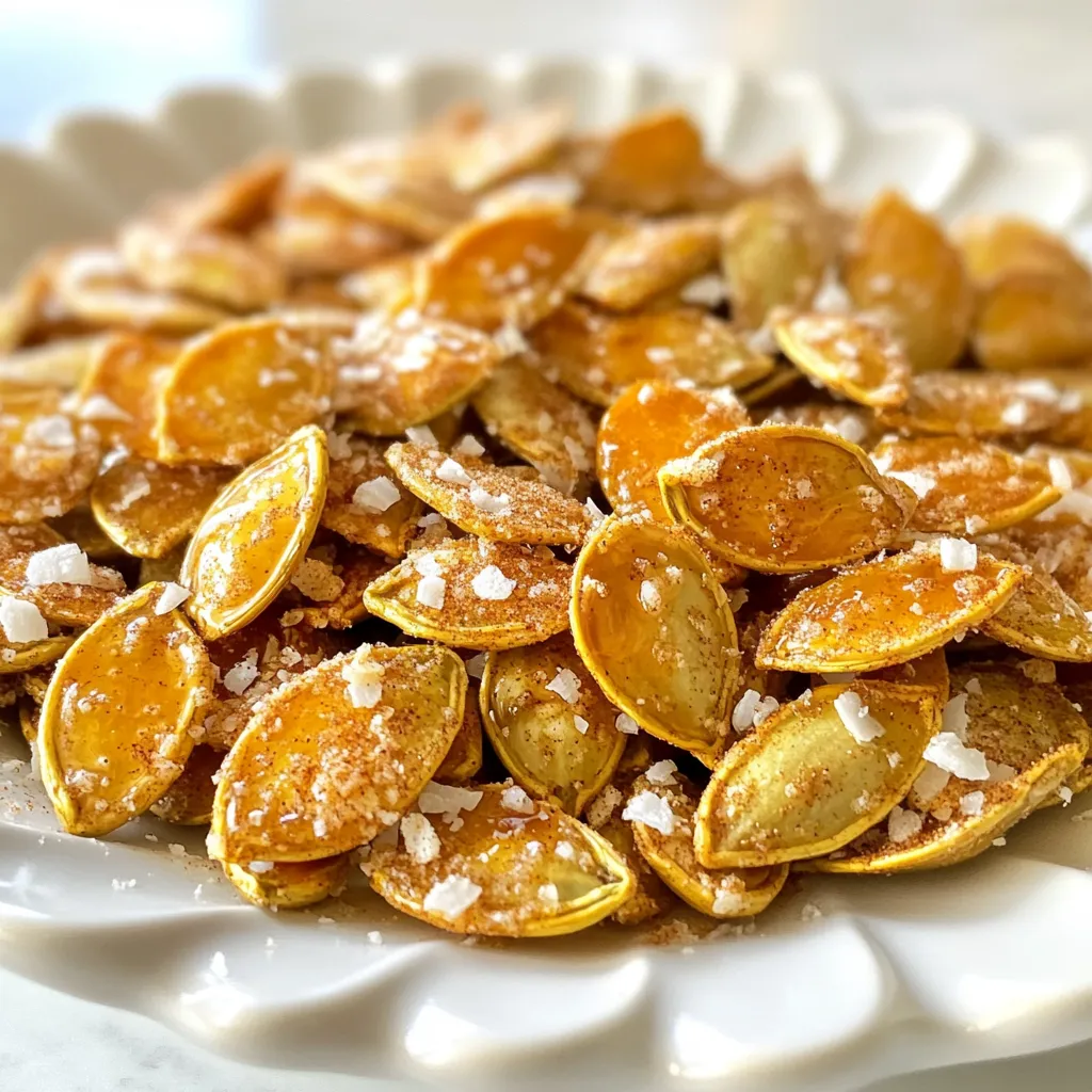 Für dieses Rezept brauchen wir einige einfache Zutaten. Die Hauptzutat sind rohe Kürbiskerne, auch bekannt als Pepitas. Sie sind nahrhaft und lecker. Ich verwende zwei Tassen davon. Dann kommt das Olivenöl. Zwei Esslöffel reichen, um die Kerne schön knusprig zu machen. Der Ahornsirup gibt den Kürbiskernen eine süße Note. Ein Viertel Tasse sorgt für einen tollen Geschmack. Zimt ist das nächste. Ein Teelöffel gemahlener Zimt bringt Wärme in jedes Bissen. Schließlich fügen wir Meersalz hinzu. Ein halber Teelöffel hebt die Aromen hervor. Wenn du etwas mehr Textur und Geschmack möchtest, probiere die optionalen Zutaten. Muskatnuss bringt einen tollen zusätzlichen Kick. Ein Viertel Teelöffel ist genug. Geriebene Kokosnuss ist eine weitere Option. Ein Viertel Tasse verleiht den Kürbiskernen eine interessante Konsistenz und einen süßen Geschmack. Die Nährwertangaben sind wichtig, besonders wenn du auf deine Ernährung achtest. Eine Portion von diesem Snack hat viele gesunde Fette, Proteine und Ballaststoffe. Kürbiskerne sind reich an Magnesium und Zink, was gut für deine Gesundheit ist. Die Kombination aus Ahornsirup und Zimt sorgt für einen süßen Genuss ohne zu viele Kalorien. Insgesamt sind diese gerösteten Kürbiskerne eine gesunde Wahl für einen Snack. {{ingredient_image_2}} Heize deinen Ofen auf 175°C vor. Das sorgt für perfektes Rösten. Nimm ein Backblech. Lege es mit Backpapier aus. Das macht die Reinigung einfach und schnell. Nimm eine große Schüssel. Gib die rohen Kürbiskerne hinein. Füge 2 Esslöffel Olivenöl hinzu. Der Öl hilft beim Rösten. Jetzt kommt der Ahornsirup. Gieße 1/4 Tasse in die Schüssel. Dann kommt 1 Teelöffel gemahlener Zimt. Das gibt den süßen Geschmack. Füge 1/2 Teelöffel Meersalz hinzu. Das Salz bringt die Aromen hervor. Wenn du magst, füge 1/4 Teelöffel Muskatnuss hinzu. Das ist optional, aber lecker. Möchtest du mehr Textur? Dann gib 1/4 Tasse geriebene Kokosnuss dazu. Mische alles gut durch. Achte darauf, dass die Kürbiskerne gleichmäßig bedeckt sind. Verteile die Mischung gleichmäßig auf dem Backblech. Achte darauf, dass die Kerne in einer einzigen Schicht liegen. Jetzt kommt der spannende Teil! Röste die Kerne im Ofen für 15-20 Minuten. Rühre alle 5 Minuten um. So garen sie gleichmäßig und brennen nicht an. Schau gut hin! Sie sollen goldbraun werden. Wenn sie duften und goldig sind, nimm sie aus dem Ofen. Lass die Kürbiskerne auf dem Blech abkühlen. Danach kannst du sie als Snack genießen oder auf einem Salat oder Joghurt verwenden. Um die besten Kürbiskerne zu rösten, achte auf die Temperatur. Heize deinen Ofen auf 175°C vor. Lege ein Backblech mit Backpapier aus. Das hilft, die Kerne leicht zu entfernen. Mische die Kürbiskerne gut mit Öl und Gewürzen. Eine gleichmäßige Schicht auf dem Blech ist wichtig. Röste sie für 15-20 Minuten. Rühre alle 5 Minuten um, damit sie gleichmäßig garen. Achte auf die Farbe. Sie sollten goldbraun sein, nicht dunkel. Du kannst das Rezept leicht anpassen. Füge andere Gewürze hinzu, wie Paprika oder Chili. Wenn du es süßer magst, nimm mehr Ahornsirup. Für einen anderen Crunch kannst du geriebene Kokosnuss verwenden. Diese fügt Textur und Geschmack hinzu. Du kannst auch Nüsse oder andere Samen mischen. Sei kreativ! Geröstete Kürbiskerne sind vielseitig. Nutze sie als Snack für zwischendurch. Sie passen auch gut zu Salaten oder Joghurt. Streue sie über Haferbrei für mehr Geschmack. Wenn du Reste hast, bewahre sie in einem luftdichten Behälter auf. So bleiben sie frisch. Du kannst sie auch in Backwaren verwenden. Füge sie zum Brot oder Muffins hinzu. Pro Tipps Verwenden Sie frische Kürbiskerne: Achten Sie darauf, frische, rohe Kürbiskerne zu verwenden, um den besten Geschmack und die beste Textur zu erzielen. Experimentieren Sie mit Gewürzen: Fühlen Sie sich frei, mit verschiedenen Gewürzen wie Chili-Pulver oder Paprika zu experimentieren, um den Geschmack zu variieren. Überwachen Sie den Röstvorgang: Rösten Sie die Kürbiskerne genau, da sie schnell von goldbraun zu verbrannt wechseln können. Halten Sie sie im Auge! Perfekte Lagerung: Bewahren Sie die gerösteten Kürbiskerne in einem luftdichten Behälter auf, um ihre Frische und Knusprigkeit zu bewahren. {{image_4}} Du kannst mit anderen Gewürzen spielen, um neue Aromen zu finden. Zum Beispiel, füge etwas Paprika für eine würzige Note hinzu. Ein Hauch von Ingwer gibt einen warmen Kick. Wenn du es magst, probiere etwas Chili-Pulver. Diese Kombination sorgt für einen aufregenden Snack. Es macht Spaß, neue Geschmäcker zu entdecken. Wenn du es süßer magst, kannst du mehr Ahornsirup verwenden. Vielleicht möchtest du auch Honig probieren. Das gibt den Kürbiskernen eine andere Süße. Für einen salzigeren Snack, erhöhe die Menge an Meersalz. Du kannst sogar geräuchertes Salz verwenden. Das verleiht dem Snack eine interessante Tiefe. Für eine glutenfreie Option sind Kürbiskerne perfekt. Sie sind von Natur aus glutenfrei. Wenn du eine nussfreie Diät machst, sind sie auch sicher. Du kannst die Öle nach deinem Geschmack anpassen. Verwende Kokosöl für einen tropischen Geschmack. Wenn du vegan bist, ist das Rezept bereits vegan. Das macht es einfach, es anzupassen. Um die frisch gerösteten Kürbiskerne zu lagern, benötigen Sie einen luftdichten Behälter. Dieser schützt die Kerne vor Feuchtigkeit und hält sie knusprig. Sie können die Kerne bei Raumtemperatur oder im Kühlschrank aufbewahren. Achten Sie darauf, dass der Behälter nicht zu groß ist, um Luftansammlungen zu vermeiden. Geröstete Kürbiskerne halten sich bis zu zwei Wochen, wenn sie richtig gelagert sind. Sie sind ein toller Snack für zwischendurch. Sie können sie auch über Salate oder Haferbrei streuen. Ich liebe es, sie in Joghurt zu mischen. So bringen sie zusätzlichen Crunch und Geschmack. Wenn Ihre Kürbiskerne nicht mehr knusprig sind, gibt es einen einfachen Trick. Rösten Sie sie kurz im Ofen bei 175°C für etwa 5 Minuten. So werden sie wieder frisch und knackig. Achten Sie darauf, dass sie nicht verbrennen. So können Sie auch alte Snacks schnell aufpeppen und genießen! Geröstete Kürbiskerne halten sich gut. Sie bleiben frisch für etwa eine Woche, wenn Sie sie in einem luftdichten Behälter aufbewahren. Lagern Sie sie an einem kühlen, trockenen Ort. Wenn Sie die Haltbarkeit verlängern möchten, können Sie sie auch im Kühlschrank aufbewahren. Dort bleiben sie bis zu einem Monat frisch. Achten Sie darauf, sie vor Feuchtigkeit zu schützen, damit sie knusprig bleiben. Ja, Sie können andere Nüsse oder Samen verwenden! Mandeln, Cashews oder Sonnenblumenkerne sind tolle Alternativen. Passen Sie die Röstzeit an, da verschiedene Nüsse unterschiedliche Garzeiten haben. Versuchen Sie, die neuen Zutaten mit der gleichen Mischung aus Ölen und Gewürzen zu kombinieren. So bleibt der Geschmack spannend und lecker. Um sicherzustellen, dass die Kürbiskerne gleichmäßig garen, verteilen Sie sie in einer einzigen Schicht auf dem Backblech. Rühren Sie alle 5 Minuten um, damit sie gleichmäßig bräunen. Achten Sie darauf, dass die Kerne nicht zu nah beieinander liegen. So verhindern Sie, dass sie dampfen und nicht knusprig werden. Halten Sie sie im Auge, damit sie nicht anbrennen. In diesem Artikel haben wir die Hauptzutaten für geröstete Kürbiskerne besprochen und zusätzliche Optionen für Geschmack gefügt. Ich gab eine Schritt-für-Schritt-Anleitung, um sicherzustellen, dass Sie perfekte Ergebnisse erzielen. Tipps und Tricks helfen Ihnen, das Beste aus Ihrem Snack herauszuholen. Variationen erlauben es Ihnen, kreative Anpassungen vorzunehmen. Zu guter Letzt erörterten wir die richtige Lagerung und Haltbarkeit. Schnappen Sie sich Ihre Kürbiskerne und probieren Sie das Rezept aus!