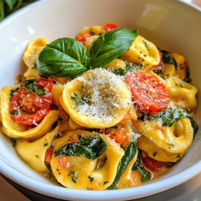 Die Hauptzutaten sind einfach zu bekommen und machen das Gericht lecker. Hier ist die Liste: - 340 g Käse-Tortellini - 2 Esslöffel Olivenöl - 3 Knoblauchzehen, fein gehackt - 1 Dose (410 g) gewürfelte Tomaten, unfrigeriert - 240 ml Schlagsahne - 150 g frischer Spinat, grob gehackt - 1 Teelöffel italienische Gewürzmischung - Salz und Pfeffer nach Geschmack - 30 g geriebener Parmesan - Frische Basilikumblätter zur Garnitur Diese Zutaten geben deinem Gericht den perfekten Geschmack. Die Tortellini sind weich und cremig. Der Spinat bringt Farbe und Nährstoffe. Die gewürfelten Tomaten geben eine tolle Basis für die Sauce. Falls du einige Zutaten nicht hast, kannst du sie leicht ersetzen: - Statt Käse-Tortellini kannst du auch Fleisch-Tortellini verwenden. - Verwende anstelle von frischem Spinat tiefgefrorenen Spinat. Achte darauf, ihn gut abzutropfen. - Statt Schlagsahne kannst du auch eine pflanzliche Sahne nutzen. - Parmesan kann durch einen anderen Hartkäse ersetzt werden, wenn nötig. Diese Alternativen helfen dir, das Rezept an deine Vorlieben anzupassen. So bleibt das Gericht trotzdem lecker und cremig. Die Nährwerte sind wichtig, um zu wissen, was du isst. Hier sind die ungefähren Werte pro Portion: - Kalorien: 450 kcal - Fett: 20 g - Kohlenhydrate: 50 g - Eiweiß: 15 g Diese Werte können leicht variieren, je nach den Zutaten, die du verwendest. Wenn du gesünder essen möchtest, achte auf die Portionsgröße und die Zutaten. {{ingredient_image_2}} Koche die Käse-Tortellini in einem großen Topf. Fülle den Topf mit gesalzenem Wasser. Bringe das Wasser zum Kochen. Folge den Anweisungen auf der Verpackung. Koche die Tortellini, bis sie al dente sind. Das dauert meist 5 bis 7 Minuten. Wenn sie fertig sind, gieße sie ab und stelle sie beiseite. Erhitze in einer großen Pfanne zwei Esslöffel Olivenöl. Stelle die Hitze auf mittel. Füge drei fein gehackte Knoblauchzehen hinzu. Brate den Knoblauch für etwa eine Minute an. Er sollte duften, aber nicht braun werden. Jetzt kommen die gewürfelten Tomaten in die Pfanne. Verwende eine Dose mit 410 g. Rühre die Tomaten und 240 ml Schlagsahne gut durch. Lass die Mischung für fünf Minuten bei sanftem Köcheln. Rühre gelegentlich um, damit nichts anbrennt. Füge 150 g grob gehackten frischen Spinat zur Mischung in der Pfanne hinzu. Jetzt ist es Zeit für die italienische Gewürzmischung. Ein Teelöffel reicht aus. Koche die Mischung für 2-3 Minuten, bis der Spinat zusammengefallen ist. Schmecke jetzt mit Salz und Pfeffer ab. Diese Schritte sind wichtig, um den vollen Geschmack zu erreichen. Um die perfekte Sauce zu machen, starte mit frischem Knoblauch. Brate ihn kurz an, bis er duftet. Füge dann die gewürfelten Tomaten und die Schlagsahne hinzu. Lasse die Mischung leicht köcheln. Rühre die Sauce oft um, damit sie nicht anbrennt. Die Sahne macht die Sauce cremig. Der Spinat gibt ihr eine schöne Farbe und Textur. Achte darauf, den Spinat nur kurz zu kochen. So bleibt er frisch und knackig. Ein häufiger Fehler ist, die Tortellini zu lange zu kochen. Sie sollten al dente sein, also bissfest. Überprüfe die Kochzeit auf der Verpackung. Ein weiterer Fehler ist, zu viel Salz hinzuzufügen. Beginne mit einer kleinen Menge und schmecke ab. Zu viel Salz kann den Geschmack ruinieren. Achte auch darauf, die Sauce nicht zu lange zu kochen. Sie sollte dick, aber nicht trocken sein. Wenn die Sauce zu dick ist, füge etwas Wasser oder Brühe hinzu. Die cremige Tomaten-Spinat Tortellini passt gut zu einem frischen Salat. Ein einfacher grüner Salat mit Olivenöl ist perfekt. Du kannst auch knuspriges Brot anbieten. Es hilft, die Sauce aufzutunken. Für einen besonderen Touch, streue extra Parmesan über die Tortellini. Frische Basilikumblätter geben einen tollen Duft und ein schönes Aussehen. Wenn du magst, serviere ein Glas Weißwein dazu. Es rundet das Essen ab und macht es noch genussvoller. Pro Tipps Frische Kräuter verwenden: Frische Basilikumblätter oder Petersilie als Garnitur verleihen dem Gericht nicht nur Farbe, sondern auch mehr Geschmack. Verschiedene Käsesorten ausprobieren: Statt Parmesan können Sie auch Pecorino oder Mozzarella verwenden, um unterschiedliche Geschmacksrichtungen zu erzielen. Gemüsevariationen: Fügen Sie zusätzliches Gemüse wie Zucchini oder Paprika hinzu, um mehr Nährstoffe und Textur in die Sauce zu bringen. Resteverwertung: Verwenden Sie übrig gebliebene Tortellini in einem Salat oder einer anderen Pfannengericht, um Lebensmittelverschwendung zu vermeiden. {{image_4}} Die cremige Tomaten-Spinat Tortellini ist schon vegetarisch. Wenn du es noch vielseitiger magst, füge mehr Gemüse hinzu. Zucchini, Paprika oder Karotten passen gut. Diese geben Farbe und Geschmack. Du kannst auch verschiedene Käsesorten verwenden. Ziegenkäse oder Feta bringen einen neuen Kick. Für eine glutenfreie Version wähle glutenfreie Tortellini. Diese findest du in vielen Läden. Achte darauf, dass die anderen Zutaten ebenfalls glutenfrei sind. Anstelle von normaler Pasta kannst du auch Zucchini-Nudeln verwenden. Diese sind leicht und sehr gesund. Um das Gericht noch reicher zu machen, kannst du mehr Gewürze hinzufügen. Frischer Oregano oder Thymian geben einen tollen Geschmack. Wenn du es schärfer magst, füge rote Pfefferflocken hinzu. Du kannst auch Protein wie Hähnchen oder Garnelen integrieren. Diese machen die Mahlzeit noch sättigender. Wenn du Reste von der cremigen Tomaten-Spinat Tortellini hast, lagere sie richtig. Lass die Tortellini zuerst auf Raumtemperatur abkühlen. Fülle sie dann in einen luftdichten Behälter. Achte darauf, dass keine Luft eindringt. So bleiben die Aromen frisch. Du kannst die Reste bis zu drei Tage im Kühlschrank aufbewahren. Beim Aufwärmen von Tortellini ist Vorsicht geboten. Du möchtest die Sauce nicht anbrennen. Erhitze die Tortellini in einer Pfanne bei mittlerer Hitze. Füge einen Spritzer Wasser oder Sahne hinzu, um die Sauce cremig zu halten. Rühre häufig um, damit alles gleichmäßig warm wird. Du kannst auch die Mikrowelle nutzen. Stelle sicher, dass du die Tortellini in einer mikrowellenfesten Schüssel erwärmst. Decke sie mit einem feuchten Tuch ab, um Austrocknen zu vermeiden. Im Kühlschrank halten die Tortellini bis zu drei Tage. Wenn du sie länger aufbewahren möchtest, friere sie ein. Portioniere die Tortellini in geeignete Behälter oder Gefrierbeutel. Achte darauf, die Luft herauszudrücken. So verhindern wir Gefrierbrand. Im Gefrierschrank sind sie bis zu drei Monate haltbar. Um sie aufzutauen, lege die gefrorenen Tortellini über Nacht in den Kühlschrank. So bleiben Geschmack und Textur erhalten. Die Zubereitung der cremigen Tomaten-Spinat Tortellini dauert etwa 20 Minuten. Du benötigst 10 Minuten zum Vorbereiten und 10 Minuten zum Kochen. Die Tortellini kochen schnell, meist nur 3 bis 5 Minuten. Das Anbraten des Knoblauchs dauert eine Minute. Das Mischen der Sauce braucht etwa 5 Minuten. Insgesamt ist es ein schnelles und einfaches Gericht. Ja, du kannst gefrorenen Spinat verwenden. Achte darauf, ihn vorher gut abzutropfen. Gefrorener Spinat hat oft mehr Wasser. Das kann die Sauce wässrig machen. Wenn du gefrorenen Spinat nimmst, füge ihn später in die Sauce hinzu. So kann er gleichmäßig auftauen. Um die Sauce vegan zu machen, ersetze die Schlagsahne durch eine pflanzliche Alternative. Kokosmilch oder Cashewcreme funktionieren gut. Verwende auch veganen Käse anstelle von Parmesan. Achte darauf, die Gewürze gut abzustimmen. So bleibt der Geschmack reichhaltig und lecker. Die cremige Tomaten-Spinat Tortellini ist einfach zuzubereiten. Wir haben die Hauptzutaten, Alternativen und wichtige Nährwerte durchgesehen. Ich habe einen klaren Prozess beschrieben, wie man die Tortellini kocht und die Sauce herstellt. Tipps helfen, häufige Fehler zu vermeiden und die perfekte Textur zu erreichen. Variationen bieten Optionen für alle. Schließlich sind die Lagerung und das Wiedererwärmen der Reste wichtig für den Genuss. Kochen macht Spaß, und dieses Gericht ist vielseitig und lecker. Probier es aus!