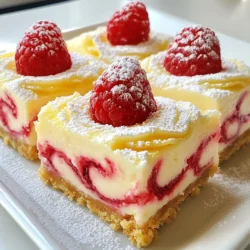 Für diese leckeren Riegel brauchen wir: - 1 ½ Tassen Graham-Cracker-Brösel - ½ Tasse ungesalzene Butter, geschmolzen - 1 Esslöffel Zucker - 2 Tassen Frischkäse, Raumtemperatur - 1 Tasse Zucker (für die Füllung) - 2 große Eier - 1 Teelöffel Vanilleextrakt - 1/4 Tasse frisch gepresster Zitronensaft - Schale von 1 Zitrone - 1 Tasse frische Himbeeren - 1 Esslöffel Speisestärke - 2 Esslöffel Puderzucker (zum Bestäuben) Diese Zutaten ergeben zusammen die perfekte Mischung aus süß und sauer. Die Kombination von Himbeeren und Zitrone bringt Frische in jeden Bissen. Zusätzlich zu den Hauptzutaten benötigen wir einige Werkzeuge und Utensilien: - Eine 20x20 cm Backform - Backpapier - Eine Rührschüssel - Ein elektrischer Mixer - Ein Messer zum Schneiden Die passenden Utensilien machen die Zubereitung leichter. Die Qualität der Zutaten ist wichtig. Frische Himbeeren sind am besten. Sie bringen Geschmack und Farbe. Achte darauf, dass der Frischkäse Raumtemperatur hat. Das hilft, eine glatte Füllung zu bekommen. Verwende ungesalzene Butter für die Kruste. So bleibt der Geschmack ausgewogen. Frische Zitrone gibt den besten Geschmack. Bio-Zutaten sind oft die beste Wahl für mehr Aroma. So schmecken die Riegel noch besser! {{ingredient_image_2}} Heizen Sie den Ofen auf 160°C vor. Nehmen Sie eine 20x20 cm Backform und legen Sie sie mit Backpapier aus. Lassen Sie das Papier über den Rand hinausragen. So heben Sie die Riegel später einfach heraus. In einer Schüssel mischen Sie 1 ½ Tassen Graham-Cracker-Brösel, ½ Tasse geschmolzene Butter und 1 Esslöffel Zucker. Rühren Sie, bis die Mischung wie nasser Sand aussieht. Drücken Sie sie gleichmäßig auf den Boden der Backform. Backen Sie die Kruste für 10 Minuten und lassen Sie sie dann abkühlen. In einer großen Schüssel geben Sie 2 Tassen Frischkäse. Rühren Sie ihn mit einem elektrischen Mixer glatt. Fügen Sie nach und nach 1 Tasse Zucker hinzu. Mischen Sie weiter, bis die Füllung cremig ist. Fügen Sie 2 große Eier nacheinander hinzu. Mischen Sie jedes Ei nur kurz, bis es vermischt ist. Geben Sie 1 Teelöffel Vanilleextrakt, ¼ Tasse frisch gepressten Zitronensaft und die Schale von 1 Zitrone dazu. Rühren Sie, bis alles gut verbunden ist. In einer separaten Schüssel vermengen Sie 1 Tasse frische Himbeeren mit 1 Esslöffel Speisestärke. So bleiben die Himbeeren ganz. Falten Sie die Himbeeren vorsichtig in die Käsekuchenmischung. Gießen Sie die Füllung gleichmäßig über die Kruste. Backen Sie die Mischung für 25-30 Minuten im Ofen. Die Mitte sollte fest sein, aber leicht wackeln. Nehmen Sie die Form aus dem Ofen. Lassen Sie sie bei Raumtemperatur etwa eine Stunde abkühlen. Stellen Sie die Form dann für mindestens 3 Stunden in den Kühlschrank. Heben Sie die Riegel mit dem Backpapier aus der Form. Schneiden Sie sie in Quadrate und bestäuben Sie sie mit Puderzucker. Um eine tolle Kruste zu machen, verwenden Sie frische Graham-Cracker-Brösel. Mischen Sie die Brösel mit geschmolzener Butter und Zucker. Drücken Sie die Mischung gut in die Form. So bleibt die Kruste fest. Backen Sie die Kruste 10 Minuten, bis sie leicht goldbraun ist. Lassen Sie sie abkühlen, bevor Sie die Füllung hinzufügen. Für die Füllung nutzen Sie Frischkäse bei Raumtemperatur. So wird die Mischung glatt und cremig. Fügen Sie den Zucker nach und nach hinzu. Das sorgt für eine gleichmäßige Konsistenz. Achten Sie darauf, die Eier einzeln hinzuzufügen und kurz zu mixen. Das verhindert, dass die Füllung zu luftig wird. Zitronensaft und Zitronenschale geben der Füllung tollen Geschmack. Ein häufiger Fehler ist, die Füllung zu lange zu mixen. Das kann die Textur ruinieren. Achten Sie auch darauf, die Himbeeren vorsichtig zu falten. Zu starkes Mischen führt zu einem matschigen Ergebnis. Lassen Sie die Riegel nach dem Backen gut abkühlen. Wenn Sie sie zu früh schneiden, zerfallen sie. Pro Tipps Frischkäse vorbereiten: Stellen Sie sicher, dass der Frischkäse Raumtemperatur hat, um eine glatte und cremige Füllung zu gewährleisten. Himbeeren vorsichtig behandeln: Falten Sie die Himbeeren sanft in die Mischung, um ein Zerdrücken zu vermeiden und die Textur zu bewahren. Backzeit überwachen: Überprüfen Sie die Riegel gegen Ende der Backzeit; sie sollten fest sein, aber in der Mitte noch leicht wackeln. Kühlen ist entscheidend: Lassen Sie die Riegel nach dem Backen ausreichend im Kühlschrank abkühlen, damit sie die perfekte Konsistenz erreichen. {{image_4}} Wenn Sie die Himbeeren ersetzen möchten, sind Erdbeeren eine gute Wahl. Sie geben einen süßen Geschmack. Auch Brombeeren oder Heidelbeeren passen wunderbar. Probieren Sie Mixe aus verschiedenen Beeren für einen bunten Effekt. Sie können sogar Pfirsiche verwenden, wenn Sie etwas anderes wollen. Achten Sie darauf, die Früchte gut zu schneiden, damit sie gleichmäßig in der Füllung verteilt sind. Möchten Sie den Käsekuchen noch aufregender machen? Fügen Sie etwas Kokosnussflocken hinzu. Sie geben einen tropischen Geschmack. Für Schokoladenliebhaber empfehle ich Schokoladenstückchen. Diese passen gut zu Zitronen und Himbeeren. Auch ein Hauch von Zimt oder Muskatnuss kann die Aromen vertiefen. Experimentieren Sie mit verschiedenen Aromen und finden Sie Ihre Lieblingskombination. Für eine glutenfreie Version verwenden Sie glutenfreie Kekse anstelle von Graham-Crackern. Diese sind leicht erhältlich und schmecken lecker. Wenn Sie eine vegane Option möchten, ersetzen Sie den Frischkäse durch eine pflanzliche Alternative. Verwenden Sie Leinsamen oder Chia-Samen für die Eier. Diese halten die Füllung zusammen. Achten Sie darauf, die restlichen Zutaten nach Bedarf zu überprüfen. So bleibt der Geschmack auch ohne tierische Produkte voll erhalten. Um die Himbeer-Zitronen-Käsekuchen-Riegel frisch zu halten, lege sie in einen luftdichten Behälter. Du kannst auch Frischhaltefolie verwenden, um die Riegel zu umwickeln. Achte darauf, dass sie nicht mit der Luft in Kontakt kommen. So bleiben sie saftig und lecker. Im Kühlschrank halten die Riegel bis zu fünf Tage. Stelle sicher, dass du sie gut abdeckst. Wenn sie länger stehen, können sie an Frische verlieren. Ihr Geschmack bleibt, aber die Textur kann sich ändern. Ja, du kannst die Riegel auch einfrieren! Lege sie nach dem Abkühlen in einen gefrierfesten Behälter. Sie halten bis zu drei Monate im Gefrierfach. Zum Auftauen legst du sie einfach in den Kühlschrank. So bleiben sie frisch und lecker, wenn du Lust auf eine süße Nascherei hast. Die Riegel müssen mindestens drei Stunden im Kühlschrank fest werden. Ich empfehle, sie über Nacht zu kühlen. So werden sie richtig fest und lassen sich gut schneiden. Ja, gefrorene Himbeeren sind eine tolle Option. Sie können sie direkt verwenden, ohne sie vorher aufzutauen. Achten Sie darauf, sie vorsichtig zu falten, damit sie nicht zerdrückt werden. Wenn Sie keine Graham-Cracker haben, können Sie Kekse wie Butterkekse oder Digestive verwenden. Diese bieten eine ähnliche Konsistenz und einen guten Geschmack. Alternativ können Sie auch Haferflocken verwenden, um eine glutenfreie Option zu schaffen. Ja, Sie können die Zuckermenge in der Füllung um ein Drittel reduzieren. Verwenden Sie auch weniger Puderzucker zum Bestäuben. Sie können auch Ersatzzucker verwenden, um die Süße zu verringern. Die Riegel sind im Kühlschrank etwa eine Woche haltbar. Sie sollten sie in einem luftdichten Behälter aufbewahren. Wenn Sie sie länger aufbewahren möchten, können Sie sie einfrieren. Dieser Artikel hat die Zutaten und Schritte für Himbeer-Zitronen-Käsekuchen-Riegel behandelt. Ich habe Tipps gegeben, um die Kruste und Füllung perfekt hinzubekommen. Variationen wie glutenfreie oder vegane Optionen zeigen, wie vielseitig das Rezept ist. Außerdem habe ich die besten Lagerungshinweise und häufige Fragen beantwortet. Wenn du diese Riegel ausprobierst, wirst du ihr frisches Aroma lieben. Viel Spaß beim Backen!