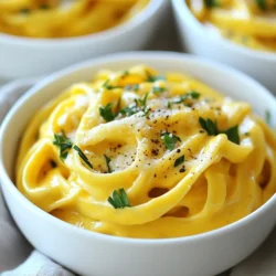 Für diese leckere Pasta brauchen wir einige wichtige Zutaten: - 340 g Fettuccine-Nudeln - 240 ml Kürbispüree (aus der Dose oder frisch) - 240 ml Sahne - 50 g geriebener Parmesan-Käse - 1 Teelöffel Knoblauchpulver - 1/2 Teelöffel Muskatnuss - 1/2 Teelöffel schwarzer Pfeffer - 1/4 Teelöffel Salz (nach Geschmack) - 2 Esslöffel Olivenöl - Frische Petersilie zum Garnieren Diese Zutaten sind der Schlüssel zu einem wunderbar cremigen Gericht. Das Kürbispüree gibt der Sauce eine schöne Farbe und einen süßen Geschmack. Die Gewürze sind sehr wichtig für den Geschmack. Sie bringen die Aromen wirklich zum Leben. - Knoblauchpulver: Es gibt der Sauce einen herzhaften Geschmack. - Muskatnuss: Diese Gewürz bringt Wärme und Tiefe. - Schwarzer Pfeffer: Er fügt eine angenehme Schärfe hinzu. - Salz: Es hebt alle anderen Aromen hervor. Diese Gewürze machen die Sauce besonders und lecker. Experimentieren Sie ruhig mit den Mengen, um den perfekten Geschmack für sich zu finden. Die Wahl der richtigen Nudeln ist wichtig. Fettuccine sind breit und halten die Sauce gut. - Frische Fettuccine: Diese haben eine tolle Textur und kochen schnell. - Trockene Fettuccine: Diese sind praktisch und lange haltbar. Achten Sie darauf, sie gut al dente zu kochen. Suchen Sie nach Nudeln aus Hartweizengrieß. Diese haben einen guten Biss und passen perfekt zur cremigen Sauce. {{ingredient_image_2}} Koch die Fettuccine in einem großen Topf. Nimm gesalzenes Wasser und bring es zum Kochen. Füge 340 g Fettuccine hinzu. Koche die Nudeln laut Anleitung bis sie al dente sind. Danach, schütte die Nudeln ab. Bewahre 120 ml Nudelwasser auf, das brauchst du später. Erhitze 2 Esslöffel Olivenöl in einer großen Pfanne bei mittlerer Hitze. Gib 240 ml Kürbispüree in die Pfanne. Erwärme es für etwa 2 Minuten und rühre dabei regelmäßig um. Reduziere dann die Hitze. Füge 240 ml Sahne langsam hinzu. Rühre gut, bis sich alles vermischt. Streue 50 g geriebenen Parmesan-Käse dazu. Rühre, bis der Käse schmilzt und die Sauce cremig wird. Jetzt kommt der spannende Teil: die Gewürze! Füge 1 Teelöffel Knoblauchpulver, 1/2 Teelöffel Muskatnuss, 1/2 Teelöffel schwarzer Pfeffer und 1/4 Teelöffel Salz in die Sauce. Probiere die Sauce und passe die Gewürze nach deinem Geschmack an. So wird die Sauce perfekt für dich! Füge die gekochten Fettuccine in die Pfanne mit der Sauce hinzu. Mische die Nudeln vorsichtig mit der Sauce. So umhüllst du die Nudeln gleichmäßig. Wenn die Sauce zu dick ist, gib einen Spritzer des aufbewahrten Nudelwassers hinzu. Rühre, bis die gewünschte Konsistenz erreicht ist. Jetzt ist deine cremige Kürbis Alfredo Pasta bereit zum Servieren! Um die Sauce cremig zu machen, ist die Sahne wichtig. Verwende frische Sahne für den besten Geschmack. Erhitze das Kürbispüree bei mittlerer Hitze. Füge die Sahne langsam hinzu, während du rührst. Das hilft, Klumpen zu vermeiden. Der Käse sollte auch nach und nach hinzugefügt werden. Rühre weiter, bis der Käse schmilzt und die Sauce dick wird. Wenn die Sauce zu dick ist, gib einen Spritzer Nudelwasser hinzu. Bereite alle Zutaten vor, bevor du beginnst. Koche die Nudeln in gesalzenem Wasser, bis sie al dente sind. Das sorgt dafür, dass die Pasta perfekt ist. Halte etwas Nudelwasser zurück, um die Sauce zu verfeinern. Das Olivenöl sollte heiß sein, bevor du das Kürbispüree hinzufügst. So entfaltet sich der Geschmack besser. Achte darauf, die Gewürze nach deinem Geschmack anzupassen. Serviere die Pasta in tiefen Schalen für eine schöne Präsentation. Füge frisch gehackte Petersilie obenauf hinzu. Das macht die Farben lebendiger. Ein zusätzlicher Spritzer Parmesan sorgt für eine elegante Note. Du kannst auch ein wenig Olivenöl darüber träufeln. Das macht die Pasta noch ansprechender und verleiht zusätzlichen Geschmack. Pro Tipps Frischer Kürbis: Verwenden Sie frisches Kürbispüree für einen intensiveren Geschmack. Kochen Sie den Kürbis einfach, pürieren Sie ihn und verwenden Sie ihn anstelle von Dosenware. Vegane Option: Ersetzen Sie die Sahne durch pflanzliche Sahne und den Parmesan durch einen veganen Käse, um eine vegane Variante dieses Gerichts zu kreieren. Würzigere Note: Fügen Sie eine Prise Cayennepfeffer oder geräucherten Paprika hinzu, um der Sauce eine würzige und rauchige Note zu verleihen. Perfekte Konsistenz: Wenn die Sauce zu dick wird, fügen Sie nach und nach das aufbewahrte Nudelwasser hinzu, bis die gewünschte Cremigkeit erreicht ist. {{image_4}} Wenn du eine vegane Version machen möchtest, nimm Kokosmilch statt Sahne. Diese macht die Sauce auch schön cremig. Verwende Hefeflocken anstelle von Parmesan. Sie geben einen leckeren, käsigen Geschmack. So bleibt die Pasta vegan und trotzdem voller Geschmack. Kürbis ist toll, aber du kannst auch andere Gemüse nutzen. Zucchini, Spinat oder Paprika sind gute Optionen. Diese Gemüsesorten bringen zusätzliche Farbe und Nährstoffe. Einfach klein schneiden und in die Sauce geben, wenn das Kürbispüree schon drinnen ist. Die Gewürze sind wichtig für den Geschmack. Du kannst die Muskatnuss weglassen, wenn du es nicht magst. Probiere auch andere Gewürze wie Chili oder Paprika. Sie geben der Sauce einen tollen Kick. Ein Spritzer Zitronensaft kann die Aromen auffrischen. Adjustiere die Gewürze nach deinem persönlichen Geschmack. Bewahren Sie die Reste der cremigen Kürbis-Alfredo-Pasta in einem luftdichten Behälter auf. Lassen Sie die Pasta zuerst auf Raumtemperatur abkühlen. So bleiben die Aromen frisch. Sie können die Reste bis zu drei Tage im Kühlschrank lagern. Um die Pasta wieder aufzuwärmen, nutzen Sie eine Pfanne. Fügen Sie einen Spritzer Sahne oder Nudelwasser hinzu. Erhitzen Sie die Pasta langsam bei mittlerer Hitze. So bleibt die Sauce cremig und wird nicht trocken. Vermeiden Sie die Mikrowelle, wenn möglich. Im Kühlschrank hält die Pasta drei Tage. Im Gefrierschrank kann sie bis zu drei Monate gelagert werden. Achten Sie darauf, die Pasta gut zu verpacken, um Gefrierbrand zu vermeiden. Vor dem Verzehr im Kühlschrank über Nacht auftauen lassen. Ja, frisches Kürbispüree ist eine tolle Wahl. Es gibt der Sauce einen frischen Geschmack. Um es zuzubereiten, schälen und schneiden Sie den Kürbis in Stücke. Kochen Sie die Stücke bis sie weich sind. Dann pürieren Sie den Kürbis zu einer glatten Masse. Verwenden Sie es in der gleichen Menge wie das Dosenpüree. Um die Pasta glutenfrei zu machen, nutzen Sie glutenfreie Fettuccine. Diese sind meist aus Reis oder Mais. Achten Sie darauf, dass die glutenfreien Nudeln gut kochen, da sie oft schneller weich werden. Überprüfen Sie die Verpackung für die besten Kochzeiten. Es gibt viele gute Alternativen zu Parmesan. Veganer Käse oder Hefeflocken sind gute Optionen. Diese geben einen ähnlichen Geschmack. Sie können auch Pecorino oder Grana Padano verwenden, wenn Sie keinen Parmesan haben. Diese Käsesorten sind gut schmelzbar. Die Pasta hält sich im Kühlschrank etwa drei bis fünf Tage. Bewahren Sie sie in einem luftdichten Behälter auf. Achten Sie darauf, dass die Sauce gut abgedeckt ist, damit sie frisch bleibt. Wenn Sie die Pasta länger aufbewahren möchten, frieren Sie sie ein. Ja, diese Pasta ist kindgerecht. Sie hat einen milden und süßen Geschmack durch den Kürbis. Die cremige Sauce macht sie besonders lecker für Kinder. Achten Sie darauf, die Gewürze mild zu halten. So schmeckt es auch den kleinen Feinschmeckern. Die cremige Kürbis-Alfredo-Pasta ist lecker und einfach zuzubereiten. Wir haben die Hauptzutaten und Gewürze besprochen, die für den besonderen Geschmack sorgen. Du hast gelernt, wie man die Pasta kocht und die Sauce cremig macht. Mit unseren Tipps wird das Gericht immer perfekt. Die Variationen bieten dir viele Möglichkeiten, die Pasta anzupassen. Vergiss nicht, die Reste richtig aufzubewahren. Ich hoffe, du probierst dieses Rezept bald aus und genießt jede Gabel. Guten Appetit!