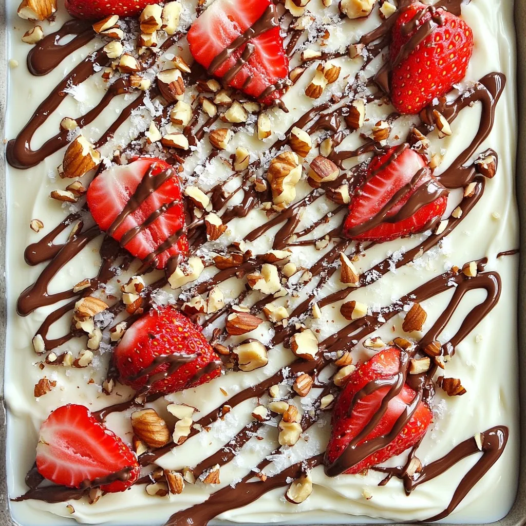 Für die Schokoladen-Erdbeer-Joghurt-Bark brauchst du: - 2 Tassen griechischer Joghurt (natur) - 2 Esslöffel Honig oder Ahornsirup (nach Geschmack) - 1 Tasse dunkle Schokoladenstückchen - 1 Tasse frische Erdbeeren, gehäuft und in Scheiben geschnitten - 1/2 Tasse zerstoßene Nüsse (wie Mandeln oder Pistazien) - Eine Prise Meersalz - 1 Teelöffel Vanilleextrakt (optional) Diese Zutaten machen die Bark cremig und süß. Der griechische Joghurt gibt einen tollen Geschmack. Dunkle Schokolade sorgt für eine reiche Note, während die Erdbeeren Frische bringen. Wähle griechischen Joghurt, der dick und cremig ist. Er gibt der Bark eine tolle Textur. Du kannst auch fettarmen Joghurt verwenden. Achte darauf, dass der Joghurt keinen Zucker enthält. So bleibt die Bark gesund und lecker. Wähle eine hochwertige dunkle Schokolade. Sie sollte mindestens 70% Kakao enthalten. So schmeckt die Schokolade intensiv und gut. Bei den Erdbeeren suche nach frischen, reifen Früchten. Sie sollten rot und saftig sein. Wenn du gefrorene Erdbeeren nimmst, lasse sie vorher auftauen und abtropfen. So wird die Bark nicht zu nass. {{ingredient_image_2}} Beginne damit, ein Backblech mit Backpapier auszulegen. Das macht das Entfernen der Bark später einfach. Achte darauf, dass das Papier an den Rändern gut haftet. So bleibt die Joghurt-Bark ganz, wenn du sie herausnimmst. Nimm eine große Rührschüssel. Gib den griechischen Joghurt hinein. Füge den Honig oder den Ahornsirup hinzu. Wenn du magst, gib auch den Vanilleextrakt dazu. Rühre alles gut um, bis die Mischung glatt ist. Sie sollte schön cremig aussehen. Jetzt kommt der spaßige Teil! Nimm die dunklen Schokoladenstückchen und lege sie in eine mikrowellengeeignete Schüssel. Schmelze die Schokolade in der Mikrowelle. Mache das in 30-Sekunden-Intervallen. Rühre die Schokolade nach jedem Intervall um. Sie sollte weich und geschmeidig werden. Gieße die geschmolzene Schokolade über die Joghurtmischung. Nutze einen Löffel, um durch sanftes Wirbeln ein marmoriertes Muster zu erzeugen. So sieht es toll aus! Verteile die geschnittenen Erdbeeren und die zerstoßenen Nüsse gleichmäßig über die Mischung. Bestreue sie mit einer Prise Meersalz. Das hebt die Aromen hervor. Jetzt kommt der Geduldsteil: Stelle das Backblech für 3-4 Stunden in den Gefrierschrank. Wenn die Bark fest ist, kannst du sie in Stücke brechen. Genieße sie sofort oder bewahre die Stücke in einem luftdichten Behälter im Gefrierschrank auf. Sie bleiben dort bis zu zwei Wochen frisch. Um die beste Konsistenz zu erreichen, nutze griechischen Joghurt. Er ist dick und cremig. Mische ihn mit Honig oder Ahornsirup. So wird die Mischung süß und lecker. Die Dicke der Joghurt-Schicht sollte zwischen 0,5 und 1,25 cm sein. Dies sorgt für eine gute Textur, wenn du die Bark später brichst. Schmelze die dunklen Schokoladenstückchen in der Mikrowelle. Mache dies in 30-Sekunden-Intervallen. Rühre nach jedem Intervall gut um. So wird die Schokolade glatt. Gieße die geschmolzene Schokolade über die Joghurt-Mischung. Verwende einen Löffel, um einen marmorierten Effekt zu erzeugen. Das sieht toll aus und schmeckt auch gut! Du kannst viele Nüsse und Toppings verwenden. Mandeln und Pistazien sind großartig. Zerstoße sie vorher, damit sie gut haften. Auch Kokosraspeln oder getrocknete Früchte passen gut. Sei kreativ mit deinen Toppings! So machst du jede Bark einzigartig und lecker. Pro Tipps Joghurt-Qualität: Verwende griechischen Joghurt in voller Fettstufe für eine cremigere Textur und besseren Geschmack. Schokolade schmelzen: Achte darauf, die Schokolade in kurzen Intervallen zu schmelzen, um ein Überhitzen zu vermeiden. Frische Zutaten: Nutze frische Erdbeeren, um die Aromen zu intensivieren und die Bark frischer zu halten. Variationen: Experimentiere mit verschiedenen Nüssen oder Obstsorten, um deine eigene Version der Bark zu kreieren. {{image_4}} Erdbeeren sind lecker, aber du kannst auch andere Früchte verwenden. Probiere Bananen, Himbeeren oder Heidelbeeren. Diese Früchte bringen eigene Aromen mit. Sie passen gut zu Joghurt und Schokolade. Schneide sie in kleine Stücke und verteile sie gleichmäßig. So machst du deine Bark bunt und spannend. Für eine vegane Bark tausche den griechischen Joghurt aus. Verwende Kokos- oder Sojajoghurt. Erhitze die dunkle Schokolade und achte auf die Zutaten. Sie sollte ohne Milchprodukte sein. Anstelle von Honig kannst du Agavendicksaft oder Ahornsirup verwenden. So bleibt dein Rezept rein pflanzlich. Du kannst mit verschiedenen Geschmäckern spielen. Füge Erdnussbutter oder Mandelbutter zur Joghurtmischung hinzu. Das gibt einen nussigen Touch. Auch Gewürze wie Zimt oder Kardamom sind toll. Sie verleihen der Bark das gewisse Etwas. Experimentiere mit verschiedenen Nüssen und Samen. Mandeln, Walnüsse oder Chiasamen fügen Textur hinzu. Die Schokoladen-Erdbeer-Joghurt-Bark ist einfach zu lagern. Nachdem du die Bark in Stücke gebrochen hast, lege sie in einen luftdichten Behälter. Ein Behälter hilft, die Frische zu bewahren. Du kannst die Bark auch in Papier einwickeln, wenn du keinen Behälter hast. Achte darauf, dass die Stücke nicht aneinanderkleben. So bleibt die Bark knusprig und lecker. Im Gefrierschrank hält die Bark bis zu zwei Wochen. Nach dieser Zeit kann sie an Geschmack verlieren. Du kannst die Bark auch im Kühlschrank lagern, aber dann wird sie schnell weich. Eine gute Regel ist, sie direkt nach dem Gefrieren zu genießen. So schmeckt sie am besten. Wenn du Reste hast, gibt es viele tolle Möglichkeiten. Du kannst die Bark in einen Smoothie geben. Einfach die Stücke hineinwerfen und mixen. Oder du verwendest sie als Topping für Joghurt oder Eis. So gibst du deinem Dessert einen leckeren Crunch. Du kannst die Bark auch in kleine Stücke zerkleinern und über einen Obstsalat streuen. Das macht ihn noch köstlicher. Ja, du kannst das Rezept ohne Zucker machen. Statt Zucker kannst du mehr Honig oder Ahornsirup verwenden. Wenn du einen zuckerfreien Ersatz möchtest, probiere Stevia oder Erythrit. Diese Optionen geben dir Süße, ohne Zucker zu verwenden. Achte darauf, die Menge anzupassen, da diese Süßstoffe oft viel süßer sind. Die Bark muss mindestens 3 bis 4 Stunden im Gefrierschrank bleiben. Du kannst sie auch über Nacht einfrieren, um sicher zu sein, dass sie fest ist. Überprüfe die Bark nach 3 Stunden. Sie sollte fest und leicht knackig sein. Wenn du sie gleich essen möchtest, lasse sie nicht zu lange im Gefrierfach. Sonst wird sie sehr hart. Die Nährwerte können variieren, aber hier sind einige ungefähre Werte pro Portion: - Kalorien: 150 - Fett: 8 g - Kohlenhydrate: 15 g - Eiweiß: 5 g Diese Werte sind jedoch nur Schätzungen. Die genauen Werte hängen von deinen Zutaten und Portionen ab. Wenn du mehr Nüsse oder Schokolade hinzufügst, ändert sich der Nährwert. Zusammenfassend haben wir die Hauptzutaten für Schokoladen-Erdbeer-Joghurt-Bark besprochen. Ich habe erklärt, wie man griechischen Joghurt auswählt und die beste Schokolade sowie Erdbeeren findet. Du hast eine Schritt-für-Schritt-Anleitung, Tipps zur Konsistenz und mehr Variationen erhalten. Vergiss die Lagerinformationen nicht! Du kannst Reste auch kreativ verwenden. Dieses Rezept ist einfach und lecker. Probiere es aus und genieße die fruchtigen Aromen.