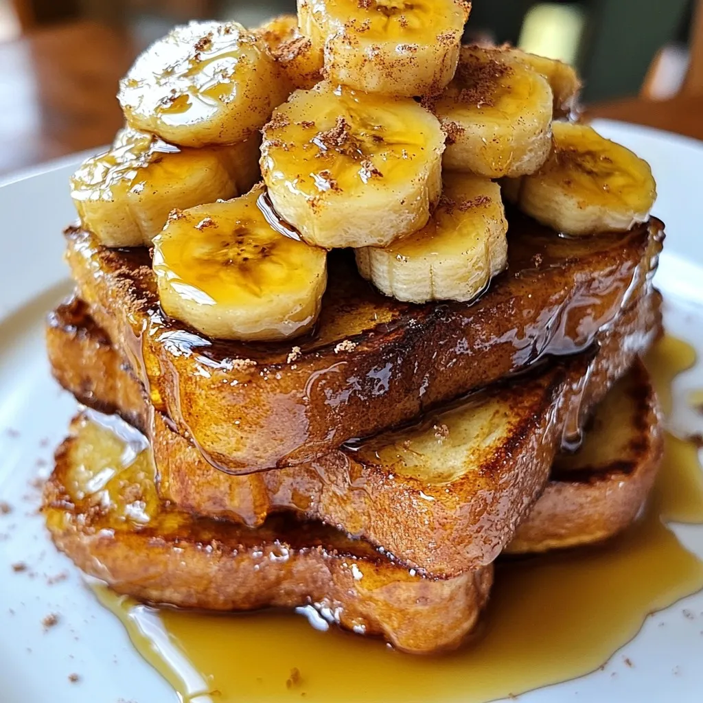 Um karamellisierte Bananen French Toast zu machen, benötigen Sie: - 4 Scheiben dickes Brioche- oder Challahbrot - 2 reife Bananen, in Scheiben geschnitten - 2 Esslöffel ungesalzene Butter - 2 Esslöffel brauner Zucker - 2 große Eier - 120 ml Milch - 1 Teelöffel Vanilleextrakt - 1/2 Teelöffel gemahlener Zimt - Eine Prise Salz - Ahornsirup (zum Servieren) - Optional: gehackte Nüsse oder Schlagsahne zur Garnierung Frische Zutaten sind der Schlüssel zu einem leckeren Gericht. Wählen Sie reife Bananen, die leicht druckempfindlich sind. Sie geben mehr Geschmack. Das Brot sollte dick und frisch sein. Brioche oder Challah bieten eine tolle Textur. Achten Sie darauf, frische Eier und Milch zu verwenden. Diese Zutaten machen den Toast fluffig und lecker. Wenn Sie eine spezielle Diät haben, gibt es Lösungen. Für vegane Optionen verwenden Sie Pflanzenmilch und einen Ei-Ersatz, wie Apfelmus oder Leinsamen. Glutenfreies Brot ist eine gute Wahl für Menschen mit Glutenunverträglichkeit. Auch hier können Sie den Zucker durch eine andere Süße ersetzen, wie Agavensirup oder Kokosblütenzucker. So genießen Sie das Rezept nach Ihren Wünschen. {{ingredient_image_2}} Um die karamellisierten Bananen zuzubereiten, schmelzen Sie zuerst 1 Esslöffel Butter in einer großen Pfanne bei mittlerer Hitze. Sobald die Butter geschmolzen ist, fügen Sie 2 geschnittene Bananen hinzu. Streuen Sie 2 Esslöffel braunen Zucker über die Bananen. Rühren Sie vorsichtig um, damit die Bananen gut beschichtet sind. Lassen Sie die Mischung etwa 3 bis 4 Minuten kochen. Die Bananen sollten weich werden und karamellisieren. Nehmen Sie die Pfanne nach dem Kochen vom Herd und stellen Sie sie beiseite. In einer Schüssel verquirlen Sie 2 große Eier mit 120 ml Milch. Geben Sie 1 Teelöffel Vanilleextrakt, 1/2 Teelöffel gemahlenen Zimt und eine Prise Salz dazu. Mischen Sie alles gut, bis die Mischung homogen ist. Diese Eiermischung gibt dem French Toast Geschmack und eine schöne Textur. Heizen Sie eine beschichtete Pfanne oder einen Grill bei mittlerer Hitze vor. Fügen Sie 1 Esslöffel Butter hinzu und lassen Sie ihn schmelzen. Tauchen Sie jede Scheibe Brioche- oder Challahbrot in die Eiermischung. Achten Sie darauf, dass beide Seiten gut durchtränkt sind. Legen Sie die eingeweichten Brotscheiben in die heiße Pfanne. Braten Sie sie etwa 3 bis 4 Minuten auf jeder Seite, bis sie goldbraun sind. Stapeln Sie die goldbraunen Scheiben auf einem Teller. Toppen Sie diese mit den karamellisierten Bananen. Beträufeln Sie alles mit Ahornsirup. Garnieren Sie nach Wunsch mit gehackten Nüssen oder einem Klecks Schlagsahne. Um die Bananen perfekt zu karamellisieren, solltest du sie in einer heißen Pfanne braten. Beginne mit 1 Esslöffel Butter und füge die geschnittenen Bananen hinzu. Streue den braunen Zucker gleichmäßig darüber. Rühre vorsichtig um, damit die Bananen nicht zerfallen. Karamellisiere die Bananen 3-4 Minuten lang, bis sie weich und goldbraun sind. Achte darauf, die Bananen nicht zu lange zu braten, sonst werden sie matschig. Für French Toast sind dicke Brotscheiben ideal. Brioche und Challah sind die besten Optionen. Sie haben eine weiche Textur und nehmen die Eiermischung gut auf. Du kannst auch Vollkornbrot verwenden, wenn du es gesünder magst. Achte darauf, dass das Brot frisch ist, um den besten Geschmack zu erzielen. Wenn dein French Toast nicht goldbraun wird, könnte die Pfanne nicht heiß genug sein. Stelle sicher, dass du die Pfanne vor dem Braten gut vorheizt. Wenn das Brot zu schnell bräunt, reduziere die Hitze. Wenn die Mischung aus Eiern und Milch nicht gut haftet, tauche das Brot länger ein. Achte darauf, dass du die Brotscheiben nicht überfüllst, damit sie gleichmäßig braten. Pro Tipps Verwenden Sie reife Bananen: Je reifer die Bananen, desto süßer und aromatischer wird das Ergebnis. Achten Sie darauf, dass sie braune Flecken haben, um den besten Geschmack zu erzielen. Brotscheiben richtig eintauchen: Lassen Sie das Brot ausreichend Zeit, um in der Eiermischung zu saugen, damit es schön feucht und geschmackvoll wird. Pfanne vorheizen: Stellen Sie sicher, dass die Pfanne gut vorgeheizt ist, bevor Sie das Brot hineinlegen, um eine gleichmäßige Bräunung und Knusprigkeit zu erreichen. Variationen hinzufügen: Experimentieren Sie mit verschiedenen Gewürzen oder Aromen in der Eiermischung, wie Muskatnuss oder Mandelextrakt, um Ihrer Kreation eine persönliche Note zu verleihen. {{image_4}} Wenn du keine Bananen magst, kannst du andere Früchte verwenden. Äpfel sind eine gute Wahl. Schneide sie in dünne Scheiben und karamellisiere sie wie die Bananen. Pfirsiche oder Birnen passen auch gut. Diese Früchte sind süß und geben deinen French Toast einen tollen Geschmack. Zimt ist ein klassisches Gewürz, aber du kannst mehr ausprobieren. Füge Muskatnuss oder Ingwer hinzu für mehr Tiefe. Eine Prise Kardamom kann ebenfalls einen schönen Geschmack bringen. Experimentiere mit den Gewürzen, um deine perfekte Mischung zu finden. Wenn du mehr Geschmack möchtest, denke an Nüsse. Gehackte Walnüsse oder Mandeln geben einen schönen Crunch. Du kannst auch ein wenig Schokoladensauce drüber träufeln. Das macht das Gericht noch leckerer. Vergiss nicht, frische Beeren als Topping zu verwenden. Sie bringen Farbe und Frische auf deinen Teller. Wenn Sie Reste haben, lassen Sie den French Toast zuerst abkühlen. Legen Sie die Scheiben in einen luftdichten Behälter. Sie können ihn bis zu 3 Tage im Kühlschrank aufbewahren. Achten Sie darauf, die Schichten mit Backpapier zu trennen. So bleibt der Toast nicht zusammenkleben. Um den French Toast wieder aufzuwärmen, verwenden Sie die Pfanne oder den Toaster. Erhitzen Sie ihn in der Pfanne bei mittlerer Hitze für etwa 2-3 Minuten pro Seite. Das macht ihn wieder knusprig. Im Toaster können Sie ihn auch leicht rösten, bis er warm ist. Sie können die karamellisierten Bananen im Voraus zubereiten. Lagern Sie sie in einem luftdichten Behälter im Kühlschrank. Sie bleiben für 1-2 Tage frisch. Am Morgen können Sie einfach die Eiermischung vorbereiten und den Toast braten. So sparen Sie Zeit und genießen ein schnelles Frühstück. Um Bananen perfekt zu karamellisieren, schmelze zuerst Butter in einer Pfanne. Füge dann die Bananenscheiben hinzu. Streue braunen Zucker darüber. Rühre sanft um und lasse sie 3-4 Minuten kochen. Die Bananen sollten weich werden und goldbraun sein. Diese Methode bringt den süßen Geschmack heraus. Ja, du kannst Eier durch pflanzliche Alternativen ersetzen. Nutze zum Beispiel 60 ml Apfelmus oder 1/4 Tasse Seidentofu. Diese Optionen sorgen für eine ähnliche Konsistenz. Achte darauf, die Menge an Flüssigkeit bei der Milch anzupassen. Diese Ersatzstoffe machen das Rezept vegan und lecker. Zu karamellisierten Bananen French Toast passen viele Beilagen gut. Ahornsirup ist ein Klassiker. Du kannst auch frische Beeren, gehackte Nüsse oder Schlagsahne verwenden. Ein leichter Staub aus Puderzucker gibt eine schöne Optik. Diese Beilagen erhöhen den Geschmack und die Präsentation des Gerichts. In diesem Artikel haben wir die Zutaten für karamellisierten Bananen French Toast beleuchtet. Wir haben die Schritt-für-Schritt-Anweisungen durchgegangen und Tipps für die perfekte Zubereitung gegeben. Variationen bringen neuen Geschmack, und ich habe Lagerungshinweise geteilt. Denken Sie daran, dass frische Zutaten den besten Geschmack liefern. Experimentieren Sie mit Diätoptionen und Beilagen. So wird Ihr French Toast jedes Mal ein Hit! Viel Spaß beim Kochen!