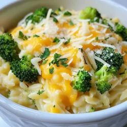 Um cremiges Brokkoli-Cheddar-Orzo zuzubereiten, brauchen Sie einige einfache Zutaten. Diese Zutaten sind leicht zu finden und machen Ihr Gericht lecker. Hier ist die Liste der Zutaten: - 1 Tasse Orzo-Nudeln - 2 Tassen Brokkoli-Röschen - 1 Esslöffel Olivenöl - 1 kleine Zwiebel, fein gehackt - 2 Knoblauchzehen, zerdrückt - 3 Tassen Gemüsebrühe - 1 Tasse Schlagsahne - 1 ½ Tassen geriebener scharfer Cheddar-Käse - Salz und Pfeffer nach Geschmack - ½ Teelöffel geräuchertes Paprikapulver - ¼ Tasse geriebener Parmesan (zum Bestreuen) - Frische Petersilie, gehackt (zum Garnieren) Diese Zutaten ergeben eine köstliche und cremige Mahlzeit. Sie bringen verschiedene Geschmäcker und Texturen zusammen. Der Brokkoli sorgt für einen frischen Biss, während der Cheddar für einen reichen, herzhaften Geschmack sorgt. {{ingredient_image_2}} Zuerst bringst du einen großen Topf mit gesalzenem Wasser zum Kochen. Während das Wasser heiß wird, kannst du die Zwiebel und den Knoblauch vorbereiten. Hacke die Zwiebel fein und zerdrücke die Knoblauchzehen. Diese Schritte sind wichtig, um einen tollen Geschmack zu erzielen. Sobald das Wasser kocht, gib die Orzo-Nudeln hinein. Koche sie nach den Anweisungen auf der Verpackung, bis sie al dente sind. Das dauert normalerweise etwa 8 bis 10 Minuten. Wenn sie fertig sind, gieße sie ab und stelle sie beiseite. Jetzt geht es ans Braten. Erhitze das Olivenöl in dem großen Topf bei mittlerer Hitze. Füge die gehackte Zwiebel hinzu und brate sie etwa 3 bis 4 Minuten lang, bis sie durchsichtig ist. Rühre dann den zerdrückten Knoblauch unter und brate ihn für eine weitere Minute an. Das gibt einen herrlichen Duft in der Küche. Jetzt kannst du die Brokkoli-Röschen dazugeben. Brate sie etwa 3 bis 4 Minuten, bis sie leicht weicher werden. Füge nun die Gemüsebrühe in den Topf und bringe alles zum Köcheln. Lass es für etwa 5 Minuten köcheln. Reduziere dann die Hitze und gib die Schlagsahne zusammen mit den gekochten Orzo-Nudeln dazu. Rühre gut um, damit alles vermischt ist. Jetzt kommt der Cheddar-Käse. Füge ihn nach und nach hinzu und rühre ständig, bis er geschmolzen und cremig ist. Würze die Mischung mit Salz, Pfeffer und geräuchertem Paprikapulver. Das gibt dem Gericht den letzten Schliff. Die richtige Menge Flüssigkeit ist wichtig. Wenn das Gericht zu trocken wirkt, füge etwas mehr Gemüsebrühe oder Schlagsahne hinzu. Magst du es cremiger? Mehr Sahne macht das Gericht reichhaltiger. Achte darauf, die Mischung gut zu rühren, damit alles gleichmäßig verteilt ist. Ein kleiner Trick: Lass das Gericht etwas stehen. So zieht es nach und wird noch besser. Die Wahl des Käses ist entscheidend für den Geschmack. Ich empfehle scharfen Cheddar, da er gut schmilzt und intensiv schmeckt. Du kannst auch andere Sorten probieren, wie milden Cheddar oder Gouda. Für einen besonderen Kick, füge etwas Blauschimmelkäse hinzu. Es wird köstlich! Denke daran, die Käsesorten frisch zu reiben. So wird der Käse noch cremiger. Die Präsentation macht viel aus. Streue geriebenen Parmesan über das Gericht. Das sieht schön aus und gibt zusätzlichen Geschmack. Frische Petersilie ist perfekt zum Garnieren. Sie gibt Farbe und Frische. Du kannst auch einige Brokkoli-Röschen oben drauf legen. Es sieht nicht nur gut aus, sondern zeigt auch, was drin ist. Serviere das Gericht heiß, damit es cremig bleibt. Pro Tipps Brokkoli blanchieren: Blanchieren Sie den Brokkoli vor dem Hinzufügen, um die leuchtende grüne Farbe und den knackigen Biss zu bewahren. Käsevariationen: Experimentieren Sie mit verschiedenen Käsesorten, wie Gouda oder Mozzarella, um einzigartige Geschmäcker zu erzielen. Gewürze anpassen: Fügen Sie zusätzliche Gewürze wie Muskatnuss oder Chili-Flocken hinzu, um dem Gericht mehr Tiefe und Würze zu verleihen. Resteverwertung: Dieses Gericht eignet sich hervorragend als Resteverwertung; fügen Sie gekochtes Huhn oder andere Gemüsereste hinzu, um die Mahlzeit zu erweitern. {{image_4}} Möchten Sie Ihr Gericht aufpeppen? Fügen Sie ein bisschen Protein hinzu! Hähnchen oder Garnelen passen hervorragend zu diesem Rezept. Kochen Sie das Hähnchen vorher und schneiden Sie es in Stücke. Für Garnelen braten Sie sie einfach in der Pfanne an, bis sie rosa sind. Mischen Sie sie dann mit dem Orzo und dem Käse. So wird Ihr Essen noch nahrhafter und sättigender. Brokkoli ist toll, aber Sie können auch andere Gemüsesorten verwenden. Blumenkohl, Spinat oder Erbsen sind gute Alternativen. Schneiden Sie das Gemüse klein, damit es schnell kocht. Diese Variationen geben dem Gericht neue Farben und Geschmäcker. Experimentieren Sie mit dem Gemüse, das Sie mögen oder gerade zur Hand haben. Wenn Sie eine vegane Version wollen, gibt es einfache Tipps. Ersetzen Sie die Schlagsahne durch Kokosmilch oder eine pflanzliche Sahne. Verwenden Sie einen veganen Käse, der gut schmilzt. Sie können auch Hefeflocken hinzufügen, um einen käsigen Geschmack zu erhalten. So bleibt das Gericht cremig und lecker, ohne tierische Produkte. Um Reste von cremigem Brokkoli-Cheddar-Orzo richtig zu lagern, folge diesen Schritten: - Lass das Gericht zuerst auf Raumtemperatur abkühlen. - Fülle den Orzo in einen luftdichten Behälter. - Stelle sicher, dass der Behälter fest verschlossen ist. - Lagere ihn im Kühlschrank für bis zu drei Tage. Wenn du den Orzo wieder aufwärmen möchtest, mache das so: - Nimm eine Pfanne oder einen Topf. - Füge etwas Wasser oder Gemüsebrühe hinzu, um die Konsistenz zu verbessern. - Erhitze das Gericht bei mittlerer Hitze unter ständigem Rühren. - Achte darauf, dass der Käse nicht anbrennt. So bleibt der Geschmack frisch und die Textur cremig. Cremiger Brokkoli-Cheddar-Orzo bleibt im Kühlschrank etwa drei bis vier Tage frisch. Achten Sie darauf, ihn in einem luftdichten Behälter aufzubewahren. So bleibt der Geschmack erhalten und die Konsistenz bleibt gut. Wenn Sie Reste haben, können Sie sie einfach aufwärmen. Ja, Sie können die Orzo-Nudeln im Voraus kochen. Kochen Sie sie einfach nach der Anleitung auf der Verpackung und lassen Sie sie abkühlen. Lagern Sie die gekochten Nudeln in einem Behälter im Kühlschrank. Am Tag, an dem Sie das Gericht zubereiten möchten, fügen Sie die gekochten Nudeln einfach zur Sauce hinzu. So sparen Sie Zeit und können schneller servieren. Das Rezept ist nicht glutenfrei, da Orzo-Nudeln aus Weizen bestehen. Wenn Sie eine glutenfreie Option möchten, verwenden Sie glutenfreie Orzo-Nudeln. Diese sind in vielen Supermärkten erhältlich. Achten Sie darauf, auch die Brühe und andere Zutaten auf Glutenfreiheit zu überprüfen. So können Sie ein leckeres Gericht genießen. In diesem Blogbeitrag haben wir ein einfaches Rezept für Orzo-Nudeln mit Brokkoli geteilt. Wir sprachen über die Zutaten, diedas Gericht besonders machen. Außerdem gab es Tipps zur Zubereitung und Variationen, um das Rezept anzupassen. Abschließend bleibt zu sagen: Dieses Gericht ist vielseitig und schnell gemacht. Egal ob mit Käse oder als vegane Option, es schmeckt jedem. Probier es aus und genieße das leckere Ergebnis!